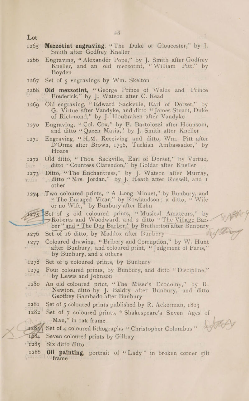 1265 Mezzotint engraving, “The Duke of Gloucester,’ by J. Smith after Godfrey Kneller 1266 Engraving, “ Alexander Pope,” by J. Smith after Godfrey Kneller, and an old mezzotint, “ William Pitt,” by Boyden 1267 Set of 5 engravings by Wm. Skelton 1268 Old mezzotint, ‘George Prince of Wales and Prince = Frederick,” by J. Watson after C. Read 1269 Old engraving, “Edward Sackville, Earl of Dorset,” by G. Virtue after Vandyke, and ditto ‘“‘ James Stuart, Duke of Riclimond,” by J. Houbraken after Vandyke 1270 Engraving, ‘“‘ Col. Cox,” by F. Bartolozzi after Hounson), and ditto ‘‘Queen Maria,’ by J. Smith after Kneller 1271 Engraving, ‘‘H,M. Receiving and ditto, Wm. Pitt after D’Orme after Brown, 1796, Turkish Ambassador,” by Hoare 1272 Old ditto, “ Thos. Sackville, Earl of Dorset,” by Vertue, Dae + ditto “Countess Clarendon,” by Goldar after Kneller 1273 Ditto, “The Enchantress,” by J. Watson after Murray, tedis ditto “Mrs. Jordan,” by J. Heath after Russell, and 1 other 1274 Two coloured prints, ‘‘A Long Minuet,’ by Bunbury, and ‘The Enraged Vicar,’ by Rowlandson; a ditto, ‘* Wife ‘or no Wife,” by Bunbury after Kahn Ze Bgct-of 3 old coloured prints, “Musical Amateurs,” by HX Ae Y <3 Roberts and Woodward, and 2 ditto ‘‘ The Village. Bar- a ber” and Ene Dee - Barber,” by Bretherton after Pues £2976 Set of 16 ditto, by Maddox after Bunbur Vv , L/W ar 1277 Coloured drawing, “ Bribery and Corruption,” by W. Hunt ; ‘ after Bunbury, and coloured print, “ Judgment of Paris,” by Bunbury, and 2 others 1278 Set of g coloured prints, by Bunbury 1279 Four coloured prints, by Bunbury, and ditto ‘ Discipline,” # by Lewis and Johnson 1280 An old coloured print, “The Miser’s Economy,” by R. Newton, ditto by J. Baldry after Bunbury, and ditto Geoffrey Gambado after Bunbury 1281 Set of 5 coloured prints published by R. Ackerman, 1803 1282 Set of 7 coloured prints, “Shakespeare’s Seven Ages of Man,” in oak frame | AS, Set of 4 coloured lithographs “Christopher Columbus” ‘ Seven coloured prints by Gillray — Six ditto ditto Oil painting, portrait of ‘‘ Lady” in broken corner gilt ‘frame! s)-