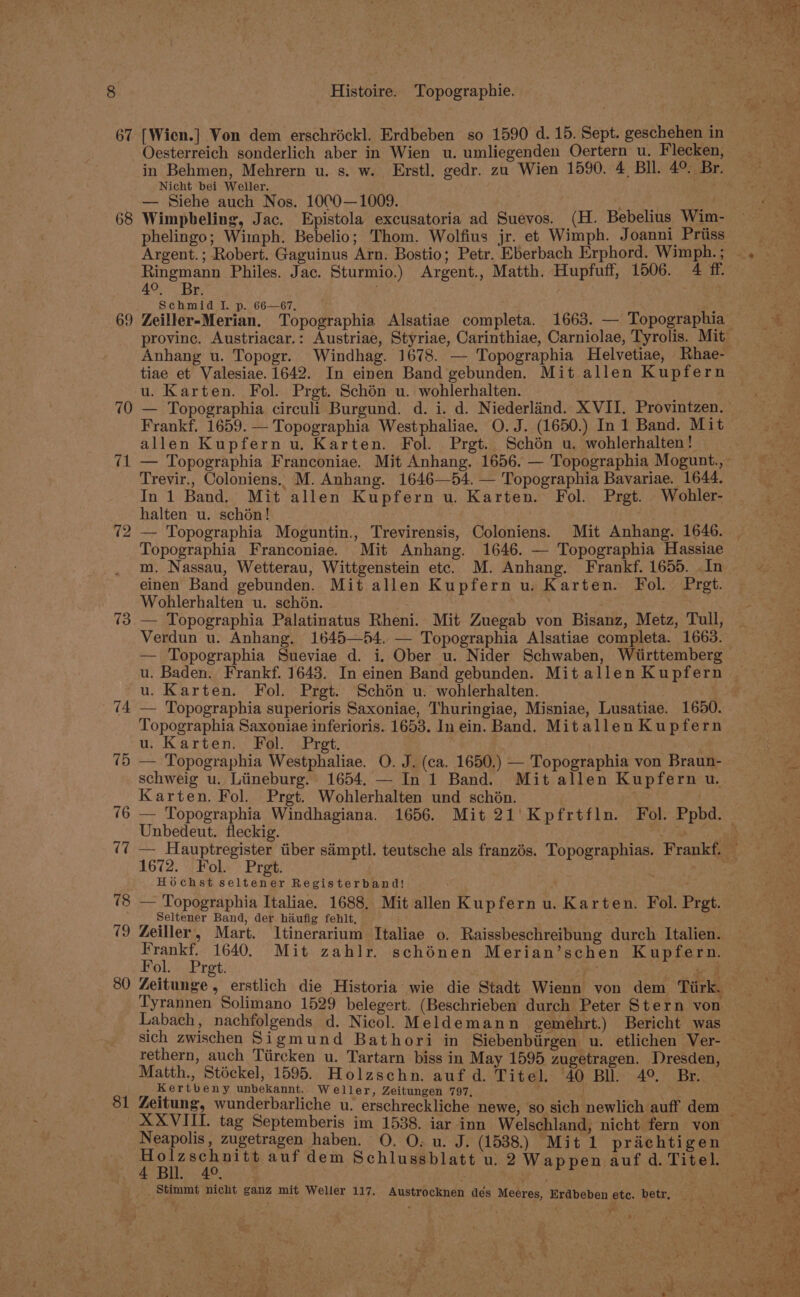 67 68 69 70 12 73 74 75 76 (7 78 19 80 81 [Wicn.] Von dem erschréckl. Erdbeben so 1590 d. 15. Sept. geschehen in Oesterreich sonderlich aber in Wien u. umliegenden Oertern u. hye oa in Behmen, Mehrern u. s. w. Erstl. gedr. zu Wien 1590. 4 Bll. 4°. Br. Nicht bei Weller. — Siehe auch Nos. 10C0—1009. read . Wimpbeling, Jac. Epistola excusatoria ad Suevos. (H. Bebelius Wim- Ringmann Philes. Jac. Sturmio.) Argent., Matth. Hupfuff, 1506. 4 ff. 4°. Br. Acheg Schmid I. p. 66—67,  Zeiller-Merian. Topographia Alsatiae completa. 1663. — Topographia Anhang u. Topogr. Windhag. 1678. — Topographia Helvetiae, Rhae- tiae et Valesiae. 1642. In einen Band gebunden. Mit allen Kupfern u. Karten. Fol. Prgt. Schén u. wohlerhalten. Frankf. 1659. — Topographia Westphaliae. O.J. (1650.) In 1 Band. Mit allen Kupfern u. Karten. Fol. Prgt. Schén u. wohlerhalten! Trevir., Coloniens. M. Anhang. 1646—54. — Topographia Bavariae. 1644. In 1 Band. Mit allen Kupfern u. Karten. Fol. Prgt. Wobhler- halten u. schén! : — Topographia Moguntin., Trevirensis, Coloniens. Mit Anhang. 1646. m. Nassau, Wetterau, Wittgenstein etc. M. Anhang. Frankf. 1655. .In einen Band gebunden. Mit allen Kupfern u. Karten. Fol. Pret. Wohlerhalten u. schén. — Topographia Palatinatus Rheni. Mit Zuegab von Bisanz, Metz, Tull, Verdun u. Anhang, 1645—54. — Topographia Alsatiae completa. 1663. — Topographia Sueviae d. i. Ober u. Nider Schwaben, Wiirttemberg u. Baden. Frankf. 1643. In einen Band gebunden. Mit allen Kupfern u. Karten. Fol. Prgt. Schén u. wohlerhalten. — Topographia superioris Saxoniae, Thuringiae, Misniae, Lusatiae. 1650. Topographia Saxoniae inferioris. 1653. In ein. Band, Mitallen Kupfern u. Karten. Fol. Pret. bbe — Topographia Westphaliae. O. J. (ca. 1650.) — Topographia von Braun- schweig u. Liineburg. 1654. — In 1 Band. Mit allen Kupfern u. Karten. Fol. Prgt. Wohlerhalten und schon. Unbedeut. fleckig. 1672. Fol. Pret. Hochst seltener Registerbanda! Seltener Band, der haufig fehlt, Zeiller, Mart. Itinerarium Italiae 0. Raissbeschreibung durch Italien. Frankf. 1640. Mit zahlr. schénen Merian’schen Kupfern. Fol. Pret: Tyrannen Solimano 1529 belegert. (Beschrieben durch Peter Stern von Labach, nachfolgends d. Nicol. Meldemann_ gemehrt.) Bericht was sich zwischen Sigmund Bathori in Siebenbiirgen u. etlichen Ver- rethern, auch Tiircken u. Tartarn biss in May 1595 zugetragen. Dresden, Matth., Stéckel, 1595. Holzschn. auf d. Titel. 40 Bll. 4° Br. Kertbeny unbekannt. Weller, Zeitungen 797, : XXVIII. tag Septemberis im 1538. iar inn Welschland, nicht fern von Neapolis, zugetragen haben. O. O, u. J. (1538.) Mit 1 prachtigen Fine eae auf dem Schlussblatt u. 2Wappen auf d. Titel. Bn on . Stimmt nicht ganz mit Weller 117. Austrocknen des Meeres, Erdbeben etc. betr, — —wY