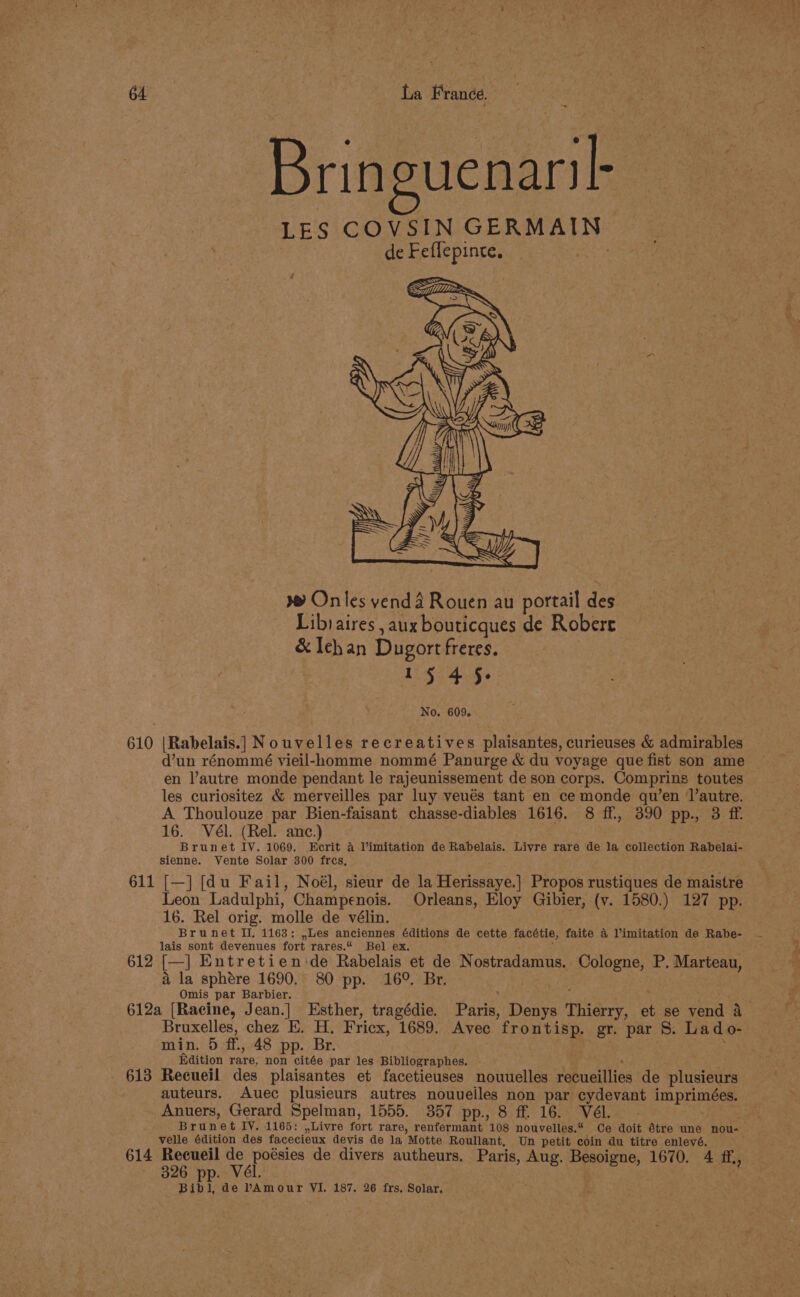 Bringuenaril - LES COVSIN GERMAIN de Feflepince. a2 Sie E x» On les vend a Rouen au portail des Libvaires , aux bouticques de Robert &amp; leh an Dugort freres. 15 45. No. 609. 610 |Rabelais.] Nouvelles recreatives plaisantes, curieuses &amp; admirables d’un rénommé vieil-homme nommé Panurge &amp; du voyage que fist son ame en l’autre monde pendant le rajeunissement de son corps. Comprins toutes les curiositez &amp; merveilles par luy veués tant en ce monde qu’en J’autre. A Thoulouze par Bien-faisant chasse-diables 1616. 8 ff, 390 pp., 3 ff. 16. Vél. (Rel. anc.) . Brunet IV. 1069. Ecrit 4 limitation de Rabelais. Livre rare de la collection Rabelai- sienne. Vente Solar 300 fres, 611 [—] [du Fail, Noél, sieur de la Herissaye.] Propos rustiques de maistre Leon Ladulphi, Champenois. Orleans, Eloy Gibier, (v. 1580.) 127 pp. 16. Rel orig. molle de vélin. lais sont devenues fort rares.“ Bel ex. 612 [(—] Entretien:de Rabelais et de Nostradamus. Cologne, P. Marteau, a la sphére 1690. 80 pp. 16°. Br. Omis par Barbier. 612a (Racine, Jean.] Esther, tragédie. Paris, Denys Thierry, et se vend 4 min. 5 ff., 48 pp. Br. Edition rare, non citée par les Bibliographes. * 613 Recueil des plaisantes et facetieuses nouuelles recueillies de plusieurs auteurs. Auec plusieurs autres nouueiles non par cydevant imprimées. Anuers, Gerard Spelman, 1555. 357 pp., 8 ff. 16. Vél. Brunet IV. 1165: ,Livre fort rare, renfermant 108 nouvelles.“ Ce doit étre une nou- velle édition des facecieux devis de la Motte Roullant, Un petit coin du titre enlevé. 614 Recueil de poésies de divers autheurs. Paris, Aug. Besoigne, 1670. 4 ff., 326 pp. Vél. Bibl, de lAmour VI. 187. 26 frs. Solar, Site ¥