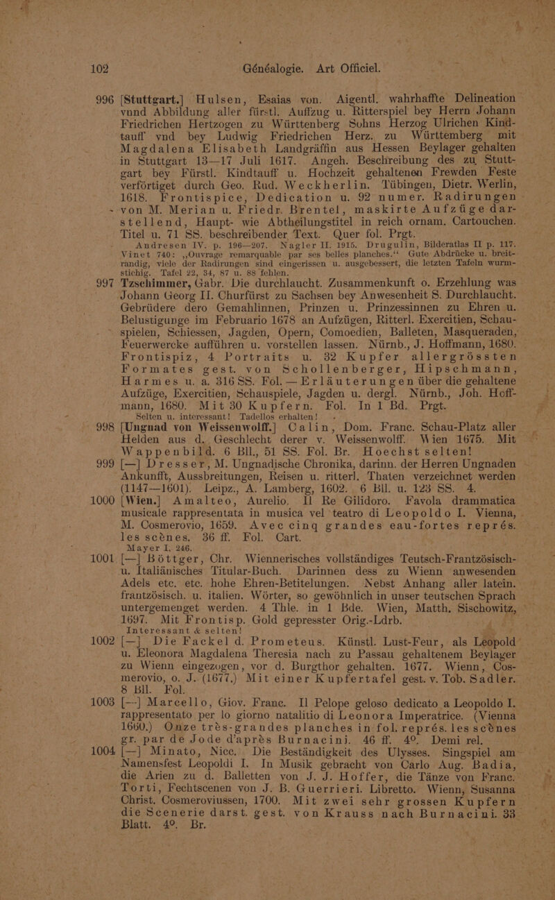 996 997 998 999 1000 1001 1002 1003 1004 ’ vund Abbildung aller fiirstl. Auffzug u. Ritterspiel bey Herrn Johann Friedrichen Hertzogen zu Wiirttenberg Sohns Herzog Ulrichen Kind- tauff vnd bey Ludwig Friedrichen Herz. zu Wirttemberg mit Magdalena Elisabeth Landgraffin aus Hessen Beylager gehalten in Stuttgart 18—17 Juli 1617. Angeh. Beschreibung des zu Stutt- gart bey Fiirstl. Kindtauff u. Hochzeit gehaltenen F'rewden Feste verfortiget durch Geo. Rud. Weckherlin. Tiibingen, Dietr. Werlin, von M. Merian u. Friedr, Brentel, maskirte Aufztige dar- Titel u. 71 SS. beschreibender Text. Quer fol. Prgt. Andresen IV. p. 196—207. Nagler II. 1915. Drugulin, Bilderatlas II p. 117. Vinet 740: ,,Ouvrage remarquable par ses belles planches.‘‘ Gute Abdriicke u. breit- randig, viele der Radirungen sind eingerissen u. ausgebessert, die letzten Tafeln wurm- stichig. Tafel 22, 34, 87 u. 88 fehlen. Tzschimmer, Gabr. Die durchlaucht. Zusammenkunft 0. Erzehlung was Johann Georg II. Churfiirst zu Sachsen bey Anwesenheit 8. Durchlaucht. Belustigunge im Februario 1678 an Aufziigen, Ritterl. Exercitien, Schau- spielen, Schiessen, Jagden, Opern, Comoedien, Balleten, Masqueraden, Feuerwercke auffiihren u. vorstellen lassen. Nitirnb., J. Hoffmann, 1680. Frontispiz, 4 Portraits u. 82 Kupfer allergroéssten Formates gest. von Schollenberger, Hipschmann, Harmes u. a, 3168S. Fol. —Erlauterun gen tiber die gehaltene Aufziige, Exercitien, Schauspiele, Jagden u. dergl. Nirnb., Joh. Hoff- mann, 1680. Mit 30 Kupfern. Fol. In 1 Bd. Pret. Selten u. interessant! Tadellos erhalten! Wappenbild. 6 Bll, 51 SS. Fol. Br. Hoechst selten! Ankunfft, Aussbreitungen, Reisen u. ritterl. Thaten verzeichnet werden (1147—1601). Leipz., A. Lamberg, 1602. 6 Bil. u. 123 SS. 4. : [Wien.] Amalteo, Aurelio, Il Re Gilidoro. Favola drammatica M. Cosmerovio, 1659. Avec cing grandes eau-fortes représ. les scénes. 36 ff. Fol. Cart. Mayer I,. 246. u. Italianisches Titular-Buch. Darinnen dess zu Wienn anwesenden Adels etc. etc. hohe Ehren-Betitelungen. Nebst Anhang aller latein. frantz6sisch. u. italien. Worter, so. gewobnlich in unser teutschen Sprach Interessant &amp; selten! u. Eleonora Magdalena Theresia nach zu Passau gehaltenem Beylager zu Wienn eingezogen, vor d. Burgthor gehalten. 1677. Wienn, Cos- 8 Bll. Fol. is [—-] Marcello, Giov. France. Il Pelope geloso dedicato a Leopoldo I. rappresentato per lo giorno natalitio di Leonora Imperatrice. (Vienna 1660.) Onze trés-grandes planches in fol. représ. les scénes gr. par de Jode Waprés Burnacini. 46 ff. 4°, Demi rel. die Arien zu d. Balletten yon J. J. Hoffer, die Tanze von Franc. Torti, Fechtscenen von J. B. Guerrieri, Libretto. Wienn, Susanna die Scenerie darst. gest. yon Krauss nach Burnacini. 33 Blatt. 4°. Br.