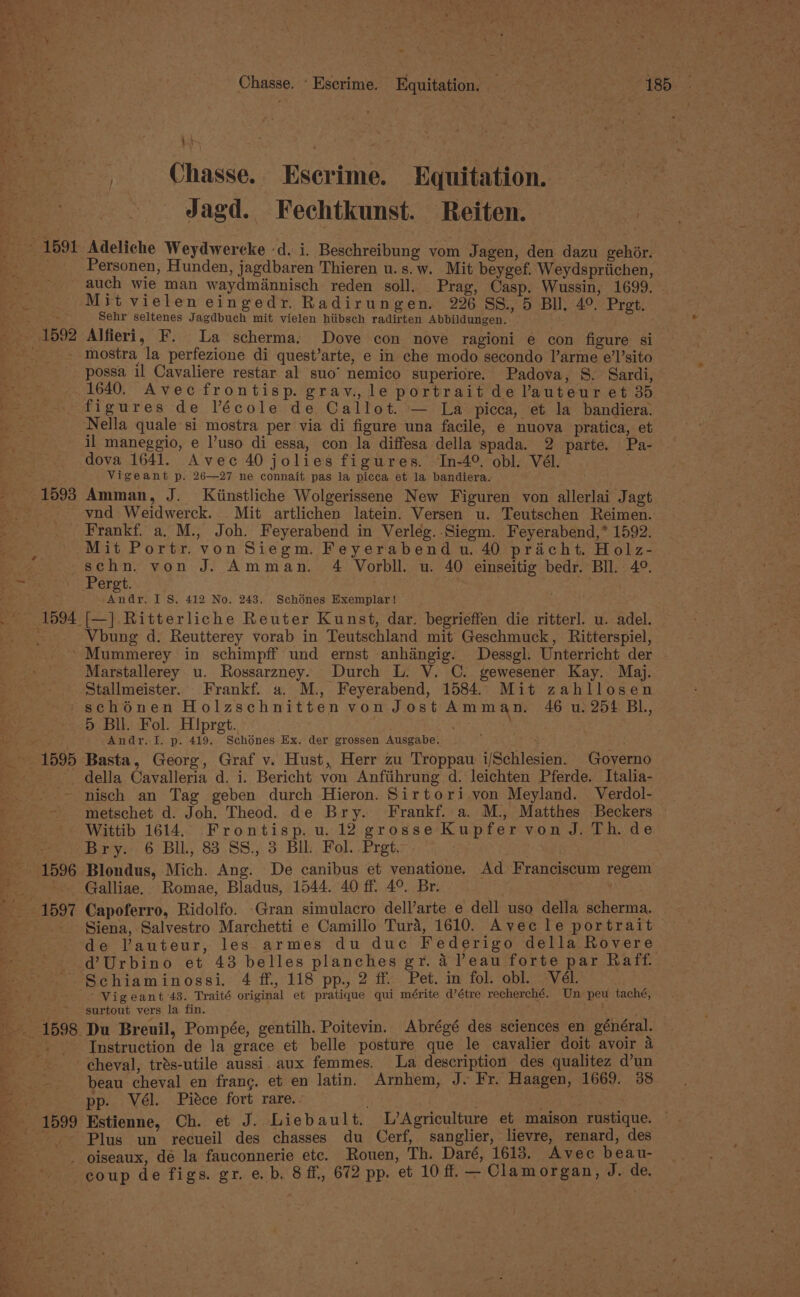 1591 ~ - Chasse. -Escrime. Equitation. 185 _ Chasse. Eserime. Equitation. Jagd. Fechtkunst. Reiten. Adeliche Weydwercke -d. i. Beschreibung vom Jagen, den dazu gehor. Personen, Hunden, jagdbaren Thieren u.s.w. Mit beygef. ‘Weydspriichen, auch wie man waydmiannisch reden soll. Prag, Casp. Wussin, 1699. Mit vielen eingedr. Radirungen. 226 8S. 5 Bil, 4°. Pret. Sehr seltenes Jagdbuch mit vielen hiibsch radirten Abbildungen. . Tope Alfieri, F. La scherma. Dove con nove ragioni e con figure si mostra la perfezione di quest’arte, e in che modo secondo l’arme e’l’sito 1593 1640, Avec frontisp. grav., le portrait de Pauteur et 35 figures de lécole de Callot. — La picca, et la bandiera: Nella quale si mostra per via di figure una facile, e nuova pratica, et il maneggio, e l’uso di essa, con la diffesa della spada. 2 parte. Pa- dova 1641. Avec 40 jolies figures. In-49 obl. Vél. Vigeant p. 26—27 ne connait pas la picca et la bandiera. Amman, J. Kiinstliche Wolgerissene New Figuren von allerlai Jagt vod Weidwerck. Mit artlichen latein. Versen u. Teutschen Reimen. 1594, Mit Portr. von Siegm. Feyerabend u. 40 pracht. Holz- Pergt. Andr. IS, 412 No. 243. Schones Exemplar ! [(—] Ritterliche Reuter Kunst, dar. begrieffen die ritterl. u. adel. Vbung d. Reutterey vorab in Teutschland mit Geschmuck, Ritterspiel, Marstallerey u. Rossarzney. Durch L. V. C. gewesener Kay. Maj. Stallmeister.. Frankf. «. M., Feyerabend, 1584. Mit zahllosen 1596 5 Bil. Fol. H!pregt. . Andry. I. p. 419. Schones Ex. der grossen Ausgabe. . Basta, Georg, Graf v. Hust, Herr zu Troppau i/Schlesien. Governo della Cavalleria d. i. Bericht von Anfiihrung d. leichten Pferde. Italia- nisch an Tag geben durch Hieron. Sirtori.von Meyland. Verdol- metschet d. Joh. Theod. de Bry. Frankf. a. M., Matthes Beckers Wittib 1614. Frontisp. u. 12 grosse Kupfer von J. Th. de Bry. 6 BIL, 83 SS., 3 Bll: Fol. Prgt.. : Blondus, Mich. Ang. De canibus et venatione. Ad Franciscum regem Galliae. Romae, Bladus, 1544. 40 ff. 4°. Br. Capoferro, Ridolfo. Gran simulacro dell’arte e dell uso della scherma. Siena, Salvestro Marchetti e Camillo Tura, 1610. Avec le portrait de VPauteur, les armes du duc Federigo della Rovere Schiaminossi. 4 ff, 118 pp., 2 ff. Pet. in fol. obl. Vél. | 'Vigeant 43. Traité original et pratique qui mérite d’étre recherché. Un peu taché, surtout vers la fin. Ls Fy Du Breuil, Pompée, gentilh. Poitevin. Abrégé des sciences en. général. Instruction de la grace et belle posture que le cavalier doit avoir a cheval, trés-utile aussi. aux femmes. La description des qualitez d’un beau cheval en franc. et en latin. Arnhem, J. Fr. Haagen, 1669. 38 pp. Vél. Piéce fort rare.. . | | 5 Estienne, Ch. et J. Liebault. L’Agriculture et maison rustique. — Plus un recueil des chasses du Cerf, sanglier, lievre, renard, des coup de figs. gr. e. b. 8 ff, 672 pp. et 10 ff. — Clamorgan, J. de.