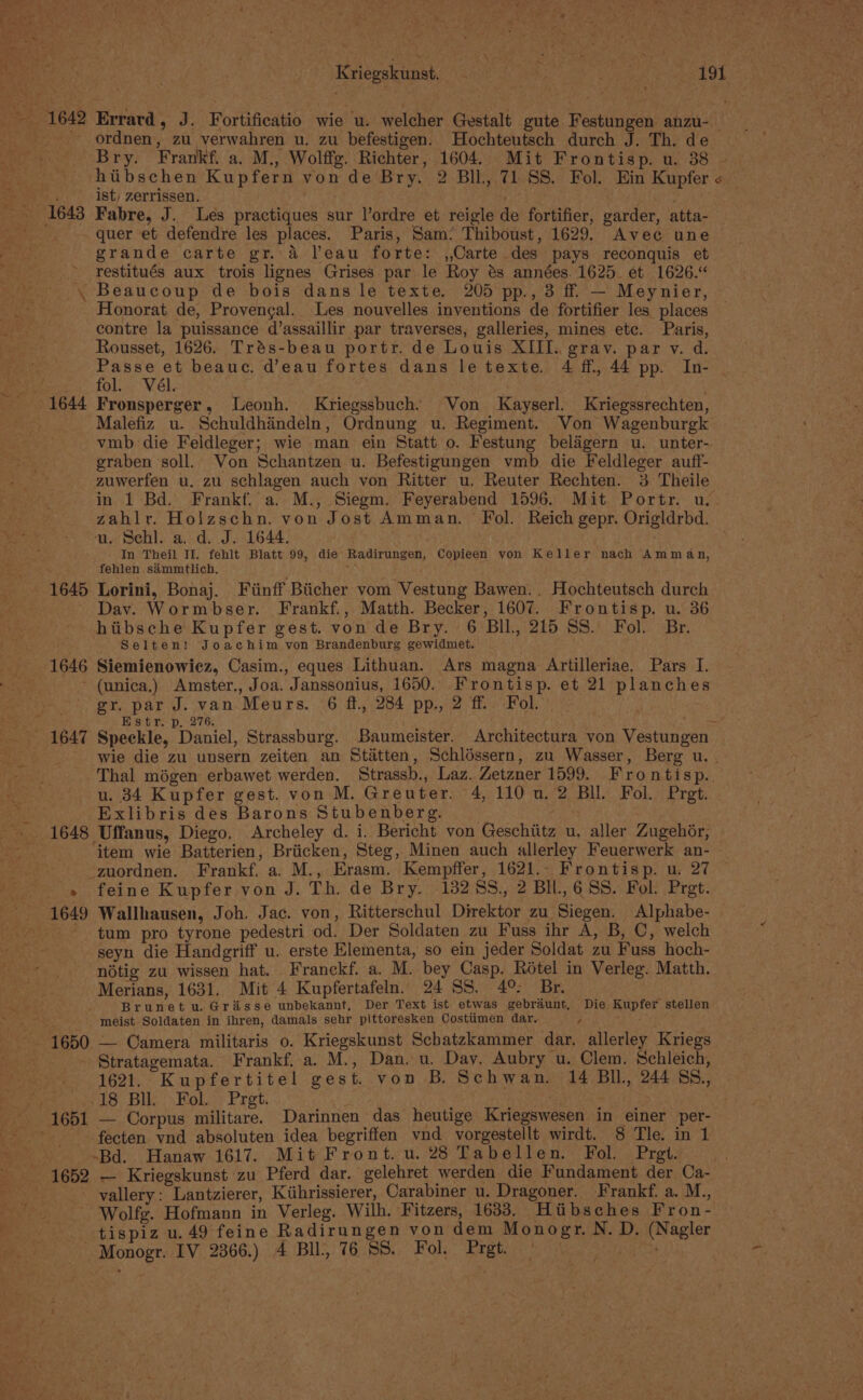 Kriegskunst. pont Gy eee 4°34 1642 Errard, J. Fortificatio wie u. welcher Gestalt gute Festungen anzu-. -.- ordnen, zu verwahren u. zu befestigen. Hochteutsch durch J. Th. de Bry. Frankf. a. M., Wolffg. Richter, 1604. Mit Frontisp. u. 38 — htibschen Kupfern von de Bry. 2 Bll, 71 SS. Fol. Ein Kupfer ist, zerrissen. SHE ae 1643 Fabre, J. Les practiques sur ordre et reigle de fortifier, garder, atta- quer et defendre les places. Paris, Sam: Thiboust, 1629. Avec une grande carte gr..4 l'eau forte: ,Carte des pays reconquis et restitués aux trois lignes Grises par le Roy és années. 1625. et 1626. . -\ Beaucoup de bois dans le texte. 205 pp., 3 ff. — Meynier, ages Honorat de, Provencal. Les nouvelles inventions de fortifier les places #4 contre la puissance d’assaillir par traverses, galleries, mines ete. Paris, Passe et beauc. d’eau fortes dans le texte. 4 ff, 44 pp. In- wee. fol. Vél, : | 1644 Fronsperger, Leonh. Kriegssbuch. Von Kayserl. Kriegssrechten, Malefiz u. Schuldhaindeln, Ordnung u. Regiment. Von Wagenburgk vmb die Feldleger; wie man ein Statt o. Festung belagern u. unter-. graben soll. Von Schantzen u. Befestigungen vmb die Feldleger auff- zuwerfen u. zu schlagen auch von Ritter u. Reuter Rechten. 3 Theile in 1 Bd. Frankf. a. M., Siegm. Feyerabend 1596. Mit Portr. u.. ie zahlr. Holzschn. von Jost Amman. Fol. Reich gepr. Origldrbd. by ~ uu, Sehl. a. d. J. 1644. . : : In Theil Il. fehlt Blatt 99, die Radirungen, Copieen yon Keller nach Amman, fehlen sammtlich. ’ ra 1645 Lorini, Bonaj. Fiinff Biicher vom Vestung Bawen.. Hochteutsch durch Dav. Wormbser. Frankf., Matth. Becker, 1607. Frontisp. u. 36 hiibsche Kupfer gest. von de Bry. 6 Bll, 215 SS. Fol. Br. Selten! Joachim von Brandenburg gewidmet. 1646 Siemienowiez, Casim., eques Lithuan. Ars magna Artilleriae. Pars I. ~ (unica.) Amster., Joa. Janssonius, 1650. Frontisp. et 21 planches ~* gy, par J. van Meurs. °6 f., 284 pp., 2 ff. Fol.’ Ms Estr. p. 276. ra cae - 1647 Speckle, Daniel, Strassburg. Baumeister. Architectura von Vestungen ' wie die zu unsern zeiten an Stitten, Schléssern, zu Wasser, Berg u. . Thal mégen erbawet werden. Strassb., Laz. Zetzner 1599, Frontisp.. u. 34 Kupfer gest. von M. Greuter. 4, 110 u. 2 BIL Fol. Prgt. Exlibris des Barons Stubenberg. ~ '. 1648 Uffanus, Diego, Archeley d. i. Bericht von Geschiitz u, aller Zugehér, . ‘item wie Batterien, Briicken, Steg, Minen auch allerley Feuerwerk an- -guordnen. Frankf. a. M., Erasm. Kempffer, 1621.- Frontisp. u. 27 » feine Kupfer von J. Th. de Bry. 182 SS., 2 BIL, 6 SS. Fol: Pret. 1649 Wallhausen, Joh. Jac. von, Ritterschul Direktor zu Siegen. Alphabe- — ' tum pro tyrone pedestri od. Der Soldaten zu Fuss ihr A, B, C, welch seyn die Handgriff u. erste Elementa, so ein jeder Soldat zu Fuss hoch- notig zu wissen hat. Franckf. a. M. bey Casp. Rotel in Verleg. Matth. -Merians, 1631. Mit 4 Kupfertafeln. 24 SS. 4° Br. Brunet u. Grisse unbekannt, Der Text ist etwas gebraunt, Die Kupfer stellen meist Soldaten in ihren, damals sehr pittoresken Oostiimen dar. , ay 1650 — Camera militaris o. Kriegskunst Schatzkammer dar. allerley Kriegs Stratagemata. Frankf. a. M., Dan. u. Day. Aubry u. Clem. Schleich, 1621. Kupfertitel gest. von B. Schwan. 14 BIL, 244 SS., ae .18 Bll. Fol. Pret. . ee 1651 — Corpus militare. Darinnen das heutige Kriegswesen in einer per- ae fecten vnd absoluten idea begriffen vnd vorgestellt wirdt. 8 Tle. in 1 * © ©.Bd.. Hanaw 1617. Mit Front. u. 28 Tabellen. Fol. Prgt. 1652 — Kriegskunst zu Pferd dar. gelehret werden die Fundament der Ca- vallery: Lantzierer, Kiihrissierer, Carabiner u. Dragoner. Frankf. a. M., -Wolfg. Hofmann in Verleg. Wilh. Fitzers, 1633. Hitibsches Fron- tispiz u. 49 feine Radirungen von dem Monogr. N. D. (Nagler Monogr. IV 2366.) 4 BIL, 76 8S. Fol. Prgt. ‘ Sitges a