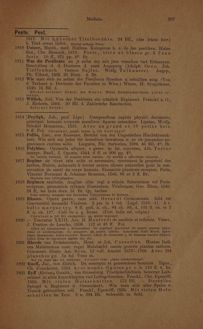Medizin, oy We rene ua 907 ite Eeeste”” Pest. | | Rs ene irs Yo Ma te 1517. Mit “hiibscher Titelbor dh 24 BIL, (das letzte leer.) hie 4. Titel etwas lidirt. wscnst seltene Piece. nee aie Matth., med. Hallens. Katoptron h. e. de lue pestifera, Halae | Sax., Chr. Bismark, 1615.6 Portr.,; titre. et blason gr. 4 Peau forte. 10 ff., 201 ppe 49. .Br. 1811 Was die Pestilentz an jr selbs sey mit jren vrsachen vnd Ertzneyen. Beschriben -d. d.-Doctores d. statt Augspurg (Adolph Occo, Joh. Tieffenbach. | Gereon Sajler. Wolfg. Talhauser.). Augsp., Ph. Ulhart, 1535. 23 Blatt. 4. Br. 1812 Wie man sich zu zeiten der Pestilentz fiirsehen u. erhallten mog. (Von &gt; - d. Techant u- Doctores der Facultet in Wien.) Wienn, H. Syngriiener, 1540. 16 Bil. 4. Hochst seltener Druck, den Mayer, Wiens aaescrssih ot pe Gesch. nicht er- wihnt. 1813 Willich, Jod. Von der Pestilentz ein. niitzlich Regiment. Franckf. a. O., | J. Eichorn, 1564. 30 BIl. 4, Zahlreiche Randnoten. rig en Druck! - 1814 [Peyligk, Joh., prof. Lips.) Compendiosa capitis physici declaratio, principal. humani corporis membror. figuras ostendens. Lipsiae, Wolfe. Stéckel Monacens., 1518. Avec un grand et 10 petits bois. 8 ff. Fol. Choulant, graph. Incun. p, 133. Fort rare} i 1815 Pollio, Luc., von Bresslaw. Bericht von der Ungerischen Haubtkranck- . heit.. Wie sich ein jeder fiir derselben bewahren u. so sie jemanden an- _ gestossen curiren solle. Liegnitz, Nic. Sartorius, 1596. 46 Bll. 4°. Br. 1816 Polybius. Opuscula aliquot, e graec. in lat. conversa, Alb. Torino interpr. Basil., J. Oporin, 1544.6 ff. et 208 pp. 4°. aed De tuenda valetud, De seminis hum, natura. De morbis s. affectibus corporis. : ' — +«-1817 Regime de vivre trés utile et necessaire, contenant la proprieté des ae herbes, fruicts, animaulx &amp; toutes autres. choses naturelles pour la con-. servation de santé du corps humain. Ensemble plusieurs receptes. Paris, Vincent Normant &amp; Jehanne aa ae. 1566. 86 et 2 ff. Br. - Inconnu aux bibliographes. dy Regimen sanitatis, Angliae olim regi a schola Salernitana vel Paris. cae scriptum, germanicis rythmis illustratum. Vitebergae, Geo. Rhau, aed ae 24 ff., les trois dern. bl. Br. Qq. taches. TO) oat Sth Sehr seltene Ausgabe mit deutscher Uebersetzung in Reimen, . 1819 Rhazes. Opera parva; cum add. Gerardi Cremonensis. Add. eat eine Constantini monachi Viaticus.- 2 pts. in 1 vol. Lugd, 1510—11. Avy. &gt; &gt;= * belle marque typ. 8 ff. prél. n. ch., 84 ch. 88, 4, 102 ff. ch. et 2. ff. ne ch:12°. Cuir-de 's. g.. ferms. (Fort belle rel. origin.) gs aaa Choulant p. 343 Bel exemplaire; qq. motes*manuscr. «4820 —- Tractatus XXIII. Acc. H. Manfredi de medicis et infirmis Venet., ) =.’ J. Pentius de Leucho, 1508. 112 et 48 ff. Fol. : Liber ad Almansorem ¢c. divisionibus. De aegritud. juncturar. De aegrit. pueror. Apho- | rismi et antidotarium, De praeserv. ab .aegrit. labidis. Aphorismi Rabi Moysi. Apho- rismi Damasceni. Liber secretor. Hypocr. Liber de elementis s, de humana natura Hypoer. Liber Zoar de curatione lapidis ete. etc. oP Me 1821 Rheede van Draakenstein, Henr. et Joh, Caesarius. Hortus Indi- ——, eus Malabaricus cont. regni Malabarici. omnis generis plantas rariores. Comment. illustr. Am. Syen. 12 voll. Amstel. ‘16781108. Avec 194 planches gr. In fol. Veau m, Bel ex. dans une rel. uniforme. Pritzel 8540: »Opus fel arise ERE 1822 Rueff, Jac., von Ziirich. De conceptu et generatione hominis. Tigur., Reece. Ch. Frosehover, 1554, Avec nombr. figures gr. e. b. 110 ff. 4. Br. 1823 Ryff (Rivius), Gualth., von Strassburg. Practicierbtichlein bewerter Leib- _, artznei in allen kranckheyten vnd Leibsgebrechen. Frankf., Chr. Egenolff, ; a * i 1555. Mit vielen Holzschnitten. 172 Bil. = Derselbe:: ss Spiegel n. Regiment d. Gesundheyt. Wie man sich aller Speiss u. Pent). Tranck gebrauchen soll. Frankf., Egenolff, 1555. Mit vielen Holz-. iy Sete ae schnitten im Text. 8 u. 294 Bll Schwsldr. m. Schl. wrts ;