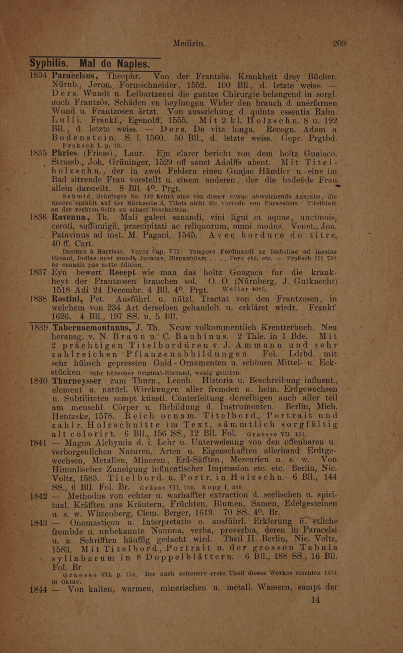 ree + a bd Be A “a ae . 4 ky ih ~~ 1834 1835 ie L044 ig a &lt;Medipin, 3055) Ges ins Oe Paracelsus, Theophr. Von der Frantzés. Krankheit drey ‘Biicher. Niirnb., Jeron.. Formschneider, 1552. 100 BIl., d. letzte weiss. — auch Frantzés. Schaden vn heylungen. Wider den brauch d, unérfarnen Wund u. Frantzosen artzt. Von aussziehung d. quinta essentia Raim. Lulli. Frankf, Egenolff, 1555. Mit 2 kl. Holzschn. 8 wu. 192. Bll., d. letzte weiss. — Ders. De vita longa. Recogn. Adam a Bodenstein. §. I. 1560. 50 BU., d. letzte weiss. Gepr. Prgthd. Prokseh I. p. 13. ; Phries (Friess), Laur. Ejn clarer bericht von dem _ holtz Guaiaco. holzschn., der in zwei Feldern einen Guajac Handler u.-eine im Bad sitzende Frau vorstellt u. einem anderen, der die badenhde Frau allein darstellt. 8 Bll. 4°. Pret. bathe Schmid, Griininger No. 242 kennt eine von.dieser etwas abweichende Ausgabe, die unsere enthilt auf der Riickseite d. Titels nicht die Vorrede von Paracelsus. Titelblatt | an der rechten Seite zu scharf: beschnitten. : : Ravenna, Th. . Mali galeci sanandi, vini ligni et aquae, unctionis, ceroti, suffumigii, praecipitati ac reliquorum, omni modus. Venet., Joa. Patavinus ad inst. M. Pagani, 1545. Avec bordure du titre. 40 ff. Cart. ; tack? i . Inconnu &amp; Harrisse. Voyez Cap. Vil: Tempore Ferdinandi ac Isabellae ad insulas Oceani, Indiae novi mundi, Jucatan, Hispaniolam ..', , Peru etc, etc. — Proksch III 732 ne connait pas cette édition, ‘ Eyn bewert Recept wie man das holtz Gnagaca fur die krank- heyt der [rantzosen brauchen sol. O. O. (Niirnberg, J. Gutknecht) 1518 Adi 24 Decembr. 4 Bil. 4°. Prgt. Weller 4085, Rostini, Pet. Ausftihrl. u. ntitzl, Tractat von den Frantzosen, in welchem von 234 Art derselben gehandelt u. erklaret wirdt, Frankf. herausg. v. N. Braun u. C. Bauhinus, 2 Thle. in 1 Bde. Mit 2 prachtigen Titelbordtirenv. J. Ammann.und sehr zahlreichen’Pflanzenabbildungen. Fol. Ldrbd. mit sehr hiibsch gepressten Gold -Ornamenten u. schénen Mittel- u. Eck- - stlicken. Sehr hiibscher Original-Einband, wenig gelitten. Thurneysser zum Thurn, Leonh. Historia u. Beschreibung influent., element u. natiirl. Wirckungen aller fremden u. heim. Erdgewechsen u. Subtiliteten sampt ktinstl. Conterfeitung derselbigen auch aller teil am menschl. Cérper u. fiirbildung d. Instrumenten. Berlin, Mich. Hentzske, 1578. Reich ornam. Titelbord, Portrait und zahlr. Holzschnitte:im Text, simmtlich sorgfaltig alt colorirt. -6 BIl., 156 SS., 12 Bll. Fol. Graesse vu. 151. — Magna Alchymia d. i. Lehr u. Unterweisung von den offenbaren u. verborgenlichen Naturen, Arten u. Eigenschafften allerhand Erdtge- wechsen, Metallen, Mineren, Erd-Safften, Mercurien u. s. w. Von Himmlischer Zuneigung influentischer Impression etc. etc. Berlin, Nic. Voltz, 1583. Titelbord. u. Portr.in Holzschn.- 6 BI, 144 — Methodus von echter u. warhaffter extraction d. seelischen u. spiri- tual. Krifften aus Krautern, Friichten, Blumen, Samen, Edelgesteinen u. 8. w. Wittenberg, Clem. Berger, 1619. 70 SS. 4°. Bro = — Onomasticon u. Interpretatio o. ausftihrl. Erklerung wt. etliche frembde u. unbekannte Nomina, verba, proverbia, deren in Paracelsi u. a. Schrifften hauffig gedacht wird. Theil II. Berlin, Nic. Voltz, 15838. Mit Titelbord, Portrait u. der grossen Tabula syllabarum in 8 Doppelblattern. 6 BIl., 188 SS., 16 BU. Fol. Br. “Graesse VII. p. 154, Der noch seltenere erste Theil: dieses Werkes erschien 1574 in Oktav. s : dk es ‘ : — Von kalten, warmen, minerischen u. metall. Wassern,. sampt der 14