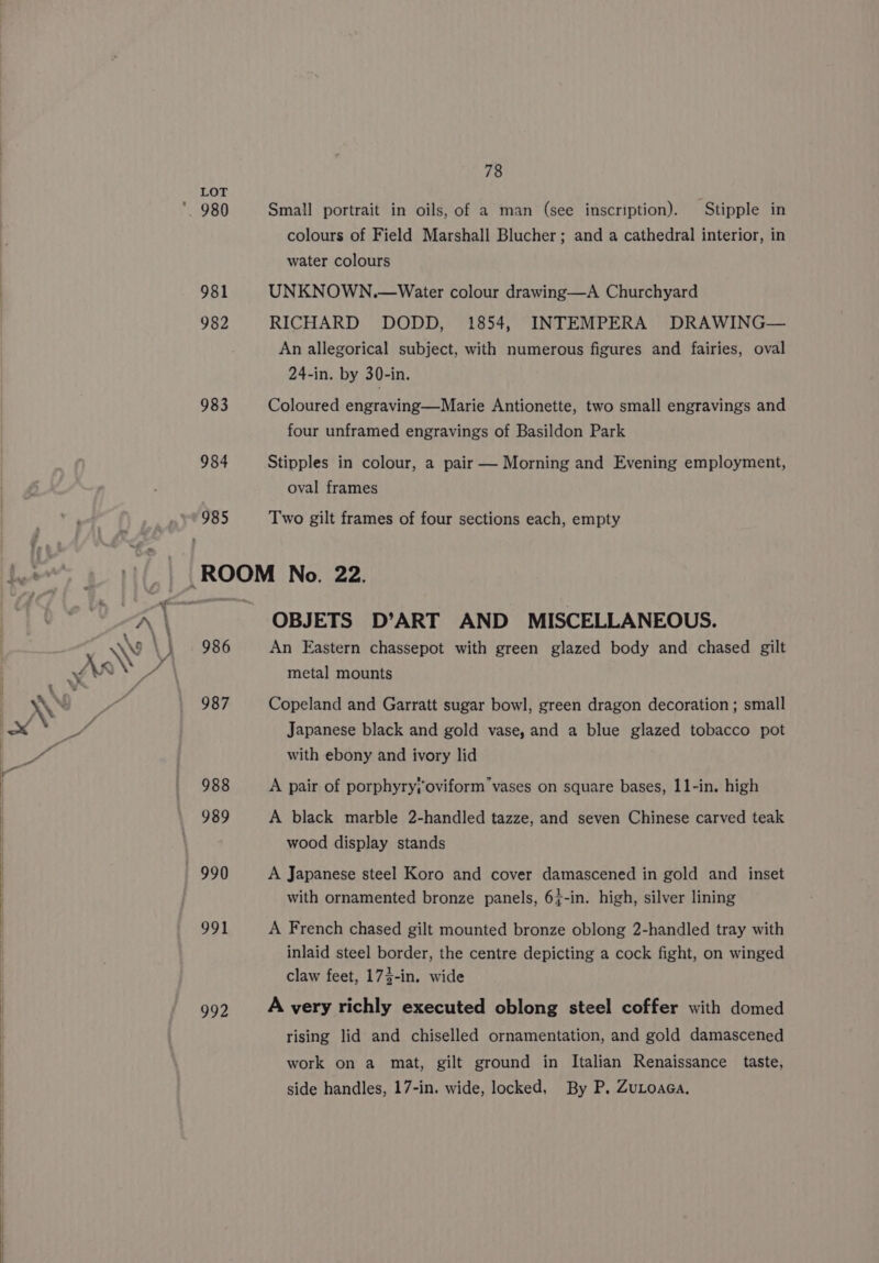 A \ \ pa 7 An pe v , W ff: q o, _ NM { Y ae Be 12 78 LOT * 980 Small portrait in oils, of a man (see inscription). Stipple in colours of Field Marshall Blucher; and a cathedral interior, in water colours 981 UNKNOWN.—Water colour drawing—A Churchyard 982 RICHARD DODD, 1854, INTEMPERA DRAWING— An allegorical subject, with numerous figures and fairies, oval 24-in. by 30-in. 983 Coloured engraving—Marie Antionette, two small engravings and four unframed engravings of Basildon Park 984 Stipples in colour, a pair — Morning and Evening employment, oval frames 985 Two gilt frames of four sections each, empty ROOM No. 22. OBJETS D’ART AND MISCELLANEOUS. 986 An Eastern chassepot with green glazed body and chased gilt metal mounts 987 Copeland and Garratt sugar bowl, green dragon decoration ; small Japanese black and gold vase, and a blue glazed tobacco pot with ebony and ivory lid 988 A pair of porphyryjoviform vases on square bases, 11-in. high 989 A black marble 2-handled tazze, and seven Chinese carved teak wood display stands 990 A Japanese steel Koro and cover damascened in gold and inset with ornamented bronze panels, 64-in. high, silver lining 991 A French chased gilt mounted bronze oblong 2-handled tray with inlaid steel border, the centre depicting a cock fight, on winged claw feet, 173-in. wide 992 Avery richly executed oblong steel coffer with domed rising lid and chiselled ornamentation, and gold damascened work on a mat, gilt ground in Italian Renaissance taste, side handles, 17-in. wide, locked, By P. Zutoaga.