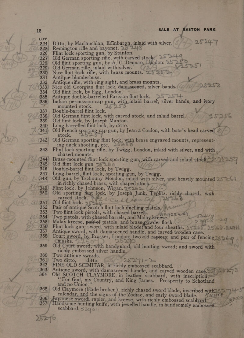 25 5 324 Ditto, by Maclauchlan, Edinbur ‘h, inlaid with silver. ani 325) Remington rifle and bayonet. &gt; igo NI 6 ; 326 Flint lock sporting gun, by Siento 4 SLA 327 Old German sporting rifle, with carved stocky &gt; Te a We 328 Old flint sporting gun, by ALC, Dennan, Lion, 2 33 le, &amp; 329» Old German rifle, inlaid withsilver. | | en 2.525 | 330 Nice flint lock rifle, with brass mounts. ~~ 2. $7 331 Antique blunderbuss. Veg 332 Antique rifle, with ring sight, and brass mounts. &gt; ee (333) Nice old Georgian flint lock, damascened, silver bands. a2 334 Old flint lock, by Egg, London. ge ig 335 Antique double-barrelled Parisian flint lock. &gt;.5 “tf. 336) Indian percussion-cap gun, yiainae barrel, silver bands, and Ivory it mounted stock. ~ giv BS P 337, Double-barrel flint lock. _ ays é ae 338 Old German flint lock, with carved stock, and inlaid barrel. 9 ee 339 Old flint lock, b Toseph Manton. ¥ : 340 Long barrelled flint lock, by ditto. TF, = 7, (341) Old French spohing.s p gun, by Jean a Coulon, with boar’s head carved / Cif en stock. G 342, Old German sporting flint lock, 2 Wath brass engraved mounts, represent- ' _ ing duck shooting, etc. 2 343 Flint lock sporting rifle, by hvac London, inlaid with silver, and MOE : chased mounts. Se; Pe, 344 Brass-mounted flint lock Sporting gun, saith carved and inlaid stot) ig 2 Dare “ 345 Old flint lock gun. =4™_6&lt; OL/ {lof Sf 346 Double-barrel flint lock, by Twigg. a i ; 347 Long barrel, flint lock, ‘sporting gun, by Twigg. . 348 Old gun, by Tschouny Moudon, inlaid with siver, and heavily ps pee a | rn ; in richly chased brass, with shaped stock.- . ©3490 Flint lock, by Johnson, Wigan. QS26&gt;— (&amp; £, 350; Old sporting Np, lock, by Joseph es Fes, ie chased, Such ¥ rig a carved stock. 351 Old flint lock. peti * * Ae 352 Pair of antique ¢ ate Aint lock duelling stale 353 Two flint lock pistols, with chased barrels. 3q Qe%, ay, / 354 Two pistols, with chased barrels, and Malay dereese . Suu as 29 355° Malay kreese, pair-ef pistols, and brass der flask. . 2: z, : 356 Flint lock gun; sword, Teeth inlaid bladef'and four sheaths. oFa6S, 2S Suet LY; Fae aye Pre da r, poaaole handle, : peed carved sae sad case. 358 Court swor rosser, London; two 0 rapiers; and pair of fencin a masks. *)' » 25210 cmephe, ede nee 359 Old Court sword, with handguard; old hunting sword; and sword with — Foy richly embossed silver pad 360 Two antique swords. 361. Two ditto, ditto. . foe 362 FINE OLD SCIMITAR, in richly ee scabbard. a 363, Antique sword, with damascened handle, and carved wooden case. (Safe 52 364 Old SCOTCH CLAYMORE, in leather scabbard, with inscription— “For God, my Country, and King James. Prosperity to Schottaad and no Union.” 365 | Old Claymore (blade broken), richly chased sword blade, inscribed with2® a) ver ; calendar, and the signs of the Zodiac, and early sword blade. Fut / oom (366° Agbanese sword, rapier, and kreese, with richly embossed scabbard. Cie 367 / Handsome hunting knife, with jewelled handle, in handsomely embossed... &lt; } scabbard. § 53g 31. fi