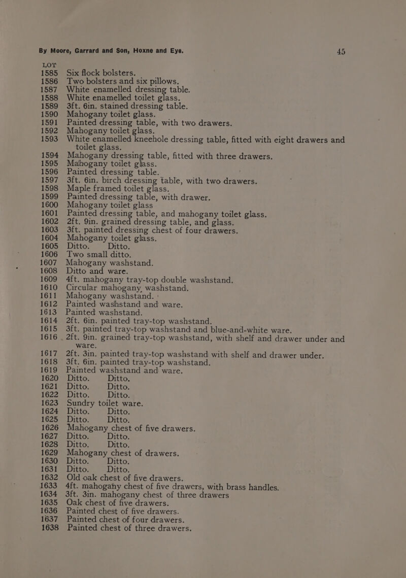 1585 1586 1587 1588 1589 1590 1591 1592 1593 1638 Six flock bolsters. Two bolsters and six pillows. White enamelled dressing table. White enamelled toilet glass. 3ft. 6in. stained dressing table. Mahogany toilet glass. Painted dressing table, with two drawers. Mahogany toilet glass. White enamelled kneehole dressing table, fitted with eight drawers and toilet glass. Mahogany dressing table, fitted with three drawers. Mahogany toilet glass. Painted dressing table. 3ft. 6in. birch dressing table, with two drawers. Maple framed toilet glass. Painted dressing table, with drawer. Mahogany toilet glass Painted dressing table, and mahogany toilet glass. 2ft. 9in. grained dressing table, and glass. 3ft. painted dressing chest of four drawers. Mahogany toilet glass. Ditto. Ditto. Two small ditto. Mahogany washstand. Ditto and ware. 4ft. mahogany tray-top double washstand. Circular mahogany, washstand. Mahogany washstand. ' Painted washstand and ware. Painted washstand. 2ft. 6in. painted tray-top washstand. 3ft. painted tray-top washstand and blue-and-white ware. 2ft. 9in. grained tray-top washstand, with shelf and drawer under and ware, 2ft. 3in. painted tray-top washstand with shelf and drawer under. 3ft. 6in. painted tray-top washstand. Painted washstand and ware. Ditto. Ditto. Ditto. Ditto. Ditto. Ditto. Sundry toilet ware. Ditto. Ditto. Ditto. Ditto. Mahogany chest of five drawers. Ditto. Ditto. Ditto. Ditto. Mahogany chest of drawers. Ditto. Ditto. Ditto. Ditto. Old oak chest of five drawers. 4ft. mahogahy chest of five drawers, with brass handles. 3ft. 3in. mahogany chest of three drawers Oak chest of five drawers. Painted chest of five drawers. Painted chest of four drawers. Painted chest of three drawers.