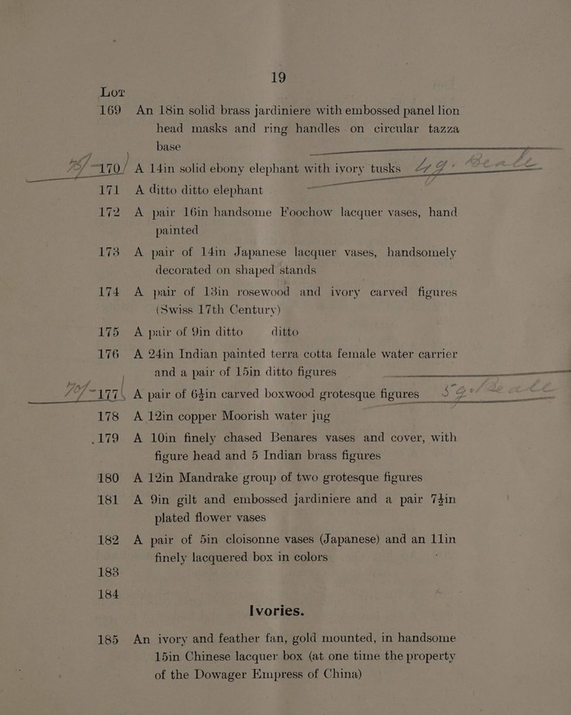 Hd / J-/ 19 Lot 169 An 18in solid brass jardiniere with embossed panel lion head masks and ring handles on circular tazza J fp , ; ’ é LS — ~ 171 A ditto ditto elephant aa 172 A pair 16in handsome Hoochow lacquer vases, hand painted 173 A pair of 14in Japanese lacquer vases, handsomely decorated on shaped stands 174 A pair of 13in rosewood and ivory carved figures (Swiss 17th Century) 175 A pai of 9in ditto ditto 176 A 24in Indian painted terra cotta female water carrier 178 A 12in copper Moorish water jug .179 A 10in finely chased Benares vases and cover, with figure head and 5 Indian brass figures 180 A 12in Mandrake group of two grotesque figures 181 A Qin gilt and embossed jardiniere and a pair 74in plated flower vases 182 A pair of 5in cloisonne vases (Japanese) and an lin finely lacquered box in colors Ivories. 185 An ivory and feather fan, gold mounted, in handsome - 15in Chinese lacquer box (at one time the property of the Dowager Eimpress of China)