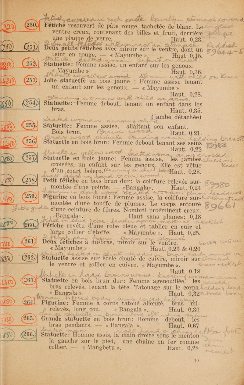 ae Ne ook Ps ache. L MAAS buy Le ads Pee wt, Es, Ath edehe reccure ieenavart de pate rouge, tachetée de ‘alsiie: Let Glam -ventre creux, contenant des billes et fruit, derriére poh Gia une PE Ne eds de aerne,. <b | Haut. Oe eee : ee ‘| 2 44 Tue, POXLDDIN An SAS ele Keo A idoh) 5160) 051) Dears RS f tee avec miroir sur ‘Te ventre, dont un ge 9b4-u.~ a Lb a= ,,_veint en rouge. — « Mayumhe Sane Haut 0, ye ee | . HEC A ae Mectecdk AUST N.OAre * ae a Pil Statuette: Femme assise, un Contant sur les eenoux. | « Mayumbe » Haut. 0,56. oe  Aton brane. $y} how. jeg Bs Las Adseeock Aye 7 . LAL A oe a p $00) = Jolie statuetié en bois jaune ; Femme assise tenant. ra | un enfant, sur les genoux. — « Mayumbe » | Plaumt. O25: 7 = LOWb tat At FE ee Otero Or ee | He, eh OO Ayre. LAM py. F 56 S peeerane Hevea debout, ‘tenant un or dans les 4 bras. Haut. 0,35. | oe Re ane ? _Mambe détachée) | ote AA tut. A SEP PIR AA hemes AALS AGA. A —q0N (253. Statuette: Femme assise, afaitant, son enfant. Bois brun. (rarpn Creon Haut. 0,21. ye ao’ LD zh is WE wihimd 78 IMrAW, Le na ol wi brea Wa (256) Statuette en ‘bois eae ‘Femme debout tenant ses sein ed Es iw HA! S Ye 3 ; Sie ars uy Haut. 0 oe 7 ot or # é GE; As f e HID de a Te 8. AAD FA wy LAN PRY Pas fee oe ai ey te. A. Neca Ym (257) Statuette en fy ae jaune: Femme assise, lés jam eS: LAL Lchow @ ea | croisées, un enfant sur les genoux. Elle est vétue tn“eed . » dun, court bolero. Pas Gg ey * oonFT aut. 0,28. fe Airdate Jadirl. ton hand brown) Wore | /d) , Petit fétiche en bois brun ane oF) aoitture relevée sur- @ 4 montée d'une pointe. —— Spy Haut. 0,24 - Thay RALCAAS Py Py \hle Ase Noma ; Ibs cw! Akl NEE : Figurine en bois fone: Femme assise, la Coiffure SuUL-Rokte. wt naith ——J montée d’une touffe de plumes. Le corps entouré SoZ bp © Gtre go Pune ceinture de fibres. Nombril proéminent creux. “— ~ peponzala>.- 35 , Haut sans plugnes: aS 18 Y Pi hah tn . Neibe, Leather, epore pst? 260.) Fétiche revétu dune robe hiede et tablier en cuir et 3 bh, pee collier eae — « Mayumbe ». oe Haut. 0,25. Z ie. Z oe. ae eS I - ALN MED Marner A Soe f. i de ee : i) 261) Déix féti¢hes A thilbras Ss, miroir sur le ventre. AG BOT, EO ee iJ « Mayumbe ». =. y ., Haut. 028 &amp; 0,20 A te. yin ae de ch OF Baus fen ae JHA OA i ae Se ea va These iS) 3) fatuette assise sur SO ale clouté de cuivre, miroir sur Dats a Ga Le ¢ Ans) le ventre a collier en cuivre. « Mayumbe : Ae braan weal tM Haut. 0, 18 aa I, C He, A Act, lon Sed LAD I, te rE AAT TT ed 2 Pre Oe ae)’ Goa Ce leihe en aoe brun ce entre agenouillée! les neucaeok fee - bras relevés, tenant la, tte. Tatouage sur le corps.roleli.g sead > « Bas ». eg | , Haut. 0 BoC! leeEA err | Tee Neve, Bow - oy - | eS Ger) Figurine: Femme A corps. eras Penne “bras “Shi- : Es p Peas ie cou.. —— « Bangala Eee Haut. tee 1 {po G65.) Granite statuette en bois. run: Horie. “debout, ‘Tes’ a bras pete — <« Bangala >. ‘es gs) UA Pe w 66.) Statuette: “Homme assis, la main droite sous fe menton - la gauche sur le pied, une chaine en fer comme ~,;“ | collier, — <« Mangbetu ». : Paw, Oy 28e oe