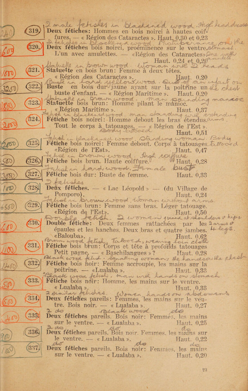 » y : fe é Rie DA imole 4 hots. Placakana A reek HL gb pat idvsot alli fétiches: Hommes en bois noirci &amp; hautes eeu | as ures, — « Région des Cataractes ». Haut, 0,30 et 0,23 4 Uvakis Ais Re et AO. Pt. AAS stra . Fe oll, a Re hee EP LE eae : “fétiches ois noirci, proéminence sur le ventrestim oe ae avec amulettes. — mee des Cataractes» ene Athos o Haut. 0,24 et 0207 = An Ato forerisr ure Aloo. fori Aes Ae. a2 Rem ik! A dednedle en bois brun: Femme a deux tétes. « eReeIOn des Cataractes ». pees laut. 0), 20 | Asvvcole Aots hovel Ap LLM SD yee . Gets Af. EA. ge CA WH o er igi : ste en bois durVjaune ayant sur la poitrine un if ‘3, hack ) buste d’enfant. — « Région Maritime». Haut. 0,20 fang Ae dur. BAe Se taserered « VV Amd AR PPD Aw NOE, es atuette bois brun: Homme ‘pilant le’ Gece, | « Région Maritime ». Haut. 0, 87 ia mre A en. oa Lohan ech ust a BOA fred hen. niOlorg Aust Ak, (0 ole Be OL Ado a Fétiche bois noirci:. Homme debout les bras étendus@-~®. a Tout le corps a _tatouages, — « Région de l’Est ». a. E | heats the Ad Ao tteo2o0 Haut. 0,51 : |e hy lak ONS igen ; Kwa ads site | Ati ES OA Paid ISochig ee 0 (o>) C23) Fétiche bois noirci: Femme debout. Corps a tatouages D.tooe oy 7 : cegion de l’Est». _ Haut. 0,47 :  a ea. breun~ Anse: Sak oft AAP | Fétiche ‘bois -brun. Haute coiffure.! WV Haut 0,28 oe te, PY oP Aue ON tartererete, in foes im eke KARE SP ae Fétiche bois dur: Buste de femme. Haut. 0,33 oe dels obec, | lng : Deux fétiches. — « Lac Léopold» — (du Village de Pomporo). —_, Ziaut. 0, 24 ne te hat. A Aves Jon. ASAP et Ate Sool ae Jarre. AAD wit OL Fe. : x 2 Fétiche bois brun: Femme sans bras. wes tatouage. «Région de l’Est». — - Haut. 0,50 fs bLe oft te teh. ys Saree 4 Wred, ak: phe t den ? ° hips. | ‘Double fétiche:. Deux femmes rattachées par les Lah épaules et les hanches. Deux bras et quatre jambes. ***< 7 ae ae eee, s aut. 0.62 Bee (&amp; Drawn earroed, te lek. Fo hero =.. Ay rte “4 go etelt Fétiche bois brun: Corps at téte a profonds tatouages ge Ne pagne. — < Baschilangues »? Haut, 0328 <= oe alto - = it Ar eds | ba?” Katee S dbo, J ALOR LA ARG ba. @KAK a Pétiche bois hoir: Femme accroupie, les mains sur la “a poitrine, — «Lualaba ». Haut. 0,33 3 (hackle rivet fetiok e ree nth, Bes gh LS | Ay gg (ove, £. Bookcr Fétiche bois noir: Homme, les mains sur le venire. : « Lualab : | Haut. 0,33 | [fa aa domulars ¢ he aha, Aa. Lidprmtn : db: Ca eh Pe) ise aed. ee 5 ‘Deux fétiches pareils: Femmes, les mains sur le ven- tre. Bois noir. — « Lualaba ». Haut. 0,27 2 do A etme hd Lrweet CUS i a Deux fétiches pareils. Bois noir: Femmes, les mains “8 sur le ventre. — « Lualaba ». : Haut. 0,25 : Am AS . : ry ate : x Deux fétiches pareils. “ois noir. Femmes, les mains sur a le _entre.. — <«lhLualaba», | © Haut. 0,22 =. OOS, a. | nee fétiches pareils. Bois noir: F enimies, les mains ; | sur le ventre. — « Lualaba ».. | Haut. 0,20 a :