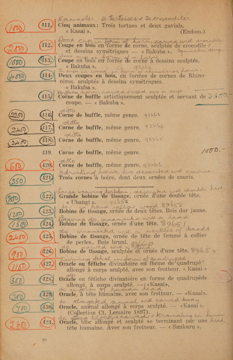 Cing animaux: Trois tortues et deux gavials. « Kasai ». (Endom.) ; | Ase CoA AN he FON, carnyidd wrt. Areredite . (412) Coupe en gi ig en! orme ¢ e corne, sculptee de crocodile 2 oD » : et dessins symétriques — « er ae steamer ames i i lder Avg : (/60D) Coupe en boisen forme a aoe 4 dessins sculptés. Sanna 8 Isnloiets? ie os _ « Bakuba ». QS826> : (OorP*S AR LOT CAL; les APO rm AG bhierwa) (CLE > 6 Kets oe phat Deux coupes en bois, en fortes de cornes de Rink céros, sculptés a dessins symétriques. « Bakuba ». \ a fan, Aten hae Aohrw » COMBA PP kk QA O-G a Ku = died 5 TA : ; Corne de buffle artistiquement sculptée et servant de J 65”. 5). 4 ~~ ere’ ™ — coupe. — « Bakuba ». wl ttKys ; : G16) Corne de buffle, méme genre. 43265 “- a yi, rite os ts Pe | — C9460 ihe de buffle, méme genre, % °°’ | <3 —= atts | = be (3400) ; G18) Corne de buffle, méme genre. 432>° | j E “4 ve ? A : a : ee 419. Corne de buffle, meme genre. {60 0.~ e BS, dtr : | : 3 eee: de buffle, méme genre. q32¢&amp; f é = APAvLA aK, AME ke ons, if xD Ae SEL O ee Ch Aw Jf Cass tA =, | 260 Trois cornes ‘a boire, dont deux ornées de cauris. e eS 3 4 ri ‘ J ata PA Dy hee brttaaar mG. 2 obin Hew y Oe AON te ups. host So 2 . a 4 Grande bobine de SAE ornée gies double téte. 3 « Ubangi >. ratSE £ = “do nck ay el Cs wok 89 be > ‘ a (182) G3) Bobine de Hoa cn ornee de deux tétes. Bois que jaune. a ‘ OA na ant eS aA 4 wAb Cc» KL. tr. - WEA Ad , ; bine de tissage, ornée d’une téte. @ OL 5 f Opra-1me wor Loo 2 preci hen ¢ he ahA GAB) Gi Hanne de ena, ornée de ‘téte de rman a collier : _de perles.. Sts bruni: @6 SY, lols (2 10S an ©,” eee Wa. ow, ‘ y; @6)| Bobine de pees: sculptee ‘et ornée d’une téte. B96 »&amp; { Unis fel coh peo fs fer of rodn rtd = 8 60) | Brick ou tétiche divinatoire en’ forme de’ quadrupé . allongé A corps sculpté, avec son frotteur. « Kasai » — ; ho ; os Se : 9 662) (42s) Oracle ou fétiche divinatoire en forme de quadrupeéde ; Pe ENS &amp; corps, sculpté. —/; «Kasai», — fre ee ALA : | GR) BB Oracle &amp; téte humaine, avec son frotteur. — «Kasai». re IN 2Neol jen prrcrncok ‘ey Ae « COD sek Asese ones ree an aed allongé &amp; corps sculpté. — «Kasai ». | (Co lection Ct. Lemaire 1897). (> PET, Pw) ? fee. STS Poe AA hy write A Me G iis) (421) bo or mike allongé et sculpté se terminant par une had. téte humaine. Avec son frotteur. — «-Sankuru ».