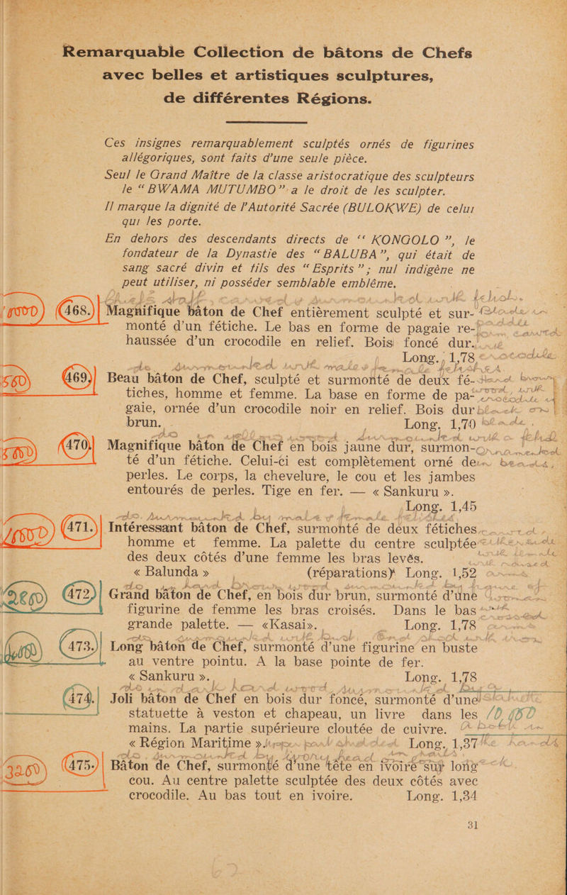 ee | : ‘ . =< “Remaraunble Collection de batons de Chefs avec belles et artistiques sculptures, de différentes Régions. Ces insignes remarquablement sculptés ornés de figurines allégoriques, sont faits d’une seule piéce. as le Grand Maitre de /a classe aristocratique des sculpteurs e “BWAMA MUTUMBO” a Ile droit de Jes sculpter. [1 marque la dignité de PAutorité Sacrée (BULOKW’E) de celui gui les porte. En dehors des descendants directs de ‘‘ KONGOLO Cue fondateur de Ja Dynastie des “BALUBA”, qui était de sang sacré divin et fils des “Esprits”; nul indigéne ne s pent utiliser, ni posséder sae emb/éme. om 4 The LE : A bee al pee Le lel AL A Neoutace Paton de Chef enorcnent eeulpte at sur- (> ouele Aa - Monte d’un fétiche. Le bas en forme de pagaie re-)9 °° Sy haussée d’un crocodile en relief. Bois foncé dur.’ Se See Long. , 7B if 7 3 edt, . Sing le 2 th ta “fh. YY CA. he es free, m &amp;, &amp; 56D) oe ‘baton de ‘Chef, sculpté et surmonté de deux. Tesi on : tiches, homme et femme. La base en forme de pa*.°°= gaie, ornée d’un crocodile noir en relief. Bois dur‘ peu. | Long. 1,70 § ee No Sp Ramoiunttk unvitico thes 0) Wer onificue baton ‘He Chef en “bois jaune dur, surmon-¢). reas je Ie sees | té d’un fétiche. Celui-ci est complétement orné dem bea sohiide . perles. Le corps, la chevelure, le cou et les jambes z entourés de perles. Tige en fer. — « Sankuru ». ~ | ; Long. 1,45 ; wl <> PAP = gk te ee Pe ie 5H Intéressant baton de Chef, surmonté aS ‘deux fétiches.. roaene | homme et femme. La palette du centre sculptée Aen sata des deux cétés d’une femme les bras levés. a « Balunda a (reparations) Long. 152 Oe 6) G72) Grand baton de ‘Chef, ‘en bois dur brun, surmonté ronk es ae | figurine de femme les bras croisés. Dans le bas“*** 7 grande palette. a «Kasai». wens Long. 1,78 = Gah = if nny Long. baton de ‘Chef, ssurmonté sues seer en pute i 7 i. au ventre pointu. A la base pointe de fer. « Sankuru Pe Long. i 8 a P sae = te ——— 474A, Joli ri tanr de Chef en ies be Haeee “surmonte rae statuette a veston et chapeau, un livre dans les 7 Y (BD mains. La partie. ses oe oe de-cuivre. . ee nen Region a >i pol advo olee OP L,3iKe Aa Te c 26°) Gs)| Baton ‘de ‘Chef, Drrionn: rr “4g en ivoire “sux longs <* a cou. Au centre palette sculptée des deux cétés avec a crocodile. Au bas tout en ivoire. Long. 1,34 4 ol