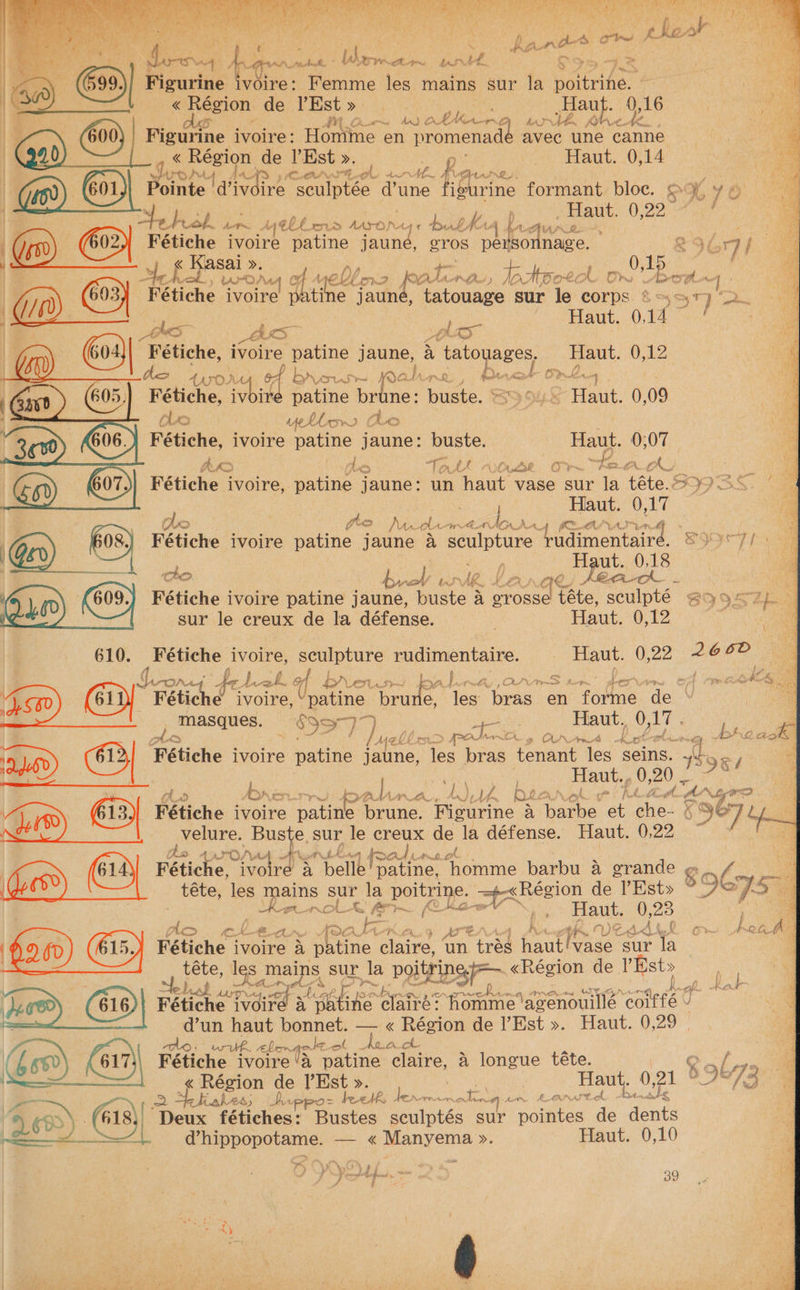 oT en rch t Si hn nas oS fKGAY Sy, bs wees Dhara cen BA Jig —F_= | Figurine ivoire: Femme les mains sur la poitrine. « Region de Est». | Haut. 0,16 IM Ou dW) othr nO bonvdte AW 9: Figurine ivoire: Homme en ae aan avec une canne « Région de PEst ». ee ay ab: 0,14 CRP NTE wot Ata D (7 iM 4 Gon) Bee 1 aiden ae ie Fine HGurine formant, bloc. S29, ¥ o oe rob. Goin: ‘ad | GL bes tas MAYO! hy, “4 . Aig hin beau are ehnattin 0) 190 ! (60) (602), Fétiche ivoire patine jaune, gros af te nage. 7 - f Kasai ». 4 + lato. sol o ob, oy 3 ~) Urd/ NA Of A elf On? AAW phd Nr ss ae wo bn Tod Panett | d / ) Gos) Fétiche ivoire patine jaune, tatouage sur le pais Boy yt ei } Haut. 0, 14° | IS ee CS pl o> “Fétiche, ivoire patine jaune, 4 tatouages, Pos La Res Ao 0 oF by LAS rs OO he, 2, . hela, ct Om Fétiche, ivoire patine brine: buste. 9 oi4 Halt. 0 09 | Ga08 = flo yellor mn) (Lo rm 606.) Fétiche, ivoire patine j jaune: bubees Haut. 0,07 r 3ou = AAD heey Toth v~ase or” heer his ety Go) Gon) Fétiche ivoire, patine jaune: un haut vase sur la ete FYSBS . ‘Haut: 0,17 cho fhe EMI 6 Oe AO AT @ &amp; Fétiche ivoire patine jaune a sculpture ludimentaire. é | | fig ete 0,18 a Sanaa ot > hun Mp op re J ae BCC we ‘ : 7 Fétiche ivoire patine jaune, bucks | A grosse téte, sculpté 29 9- yates N sur le creux de la défense. | Haut. 0,12 a 610. Fétiche a sculpture rudimentaire. ce 0,22 2062 2 Aes Bes Ae ye | of Bias Ea see oh ae es DA | 5500 _ Fétiche’ ivoire, “patine coal ; bras en Teens. ‘de Haut., 0,17. yaaa ane Ss) 4 eo | iP Yel PPOtng Onan Kistolimeg Phe aah 2h) (613] F a aLEh ivoire patine jaline, aye bras tenant “les seins. hh SOREL , Re Haut. 0, 20 ; i, (o = Fétiche ivoire a JY 26 Orne. imgaene y ae ye he 6 ‘96 7 a ‘ velure. Buste, sur le oe Ge la défense. Haut. 0,22 tarOs/\A- att bree fro, Fétiche, open git Ei ‘belle! mae. ine barbu a grande ¢... (> tete, les mains sur la poitrine. «Région de l’Est» °, f> Kharolt e- ng nicer Haut. 0,23 | a 7 is es CK Ba x. ye K fe yt LL or. ke CA ip 26D m Fétiche | ivoire a a ne claire, an yen Cantrenae” sur la ea ee les eet sur la poitrings=— «Région de ee ¢ ro Lr > bk Pave heres x mye ce. en \pe GOO) (616) Fetiche Pedi x a ‘Satine celairé: ee asenouillé ‘colffé ¥ = : d’un haut bonnet. — « Région de l’Est ». Haut. 0, 29) ai deo: uruk. hon ole ok deat 3 (Gx) Gu Fétiche ivoire ‘A patine claire, 4 longue téte. am ¢« Région de l’Est ». oe ie ee Haut. | 0 gi 8 Oy 73 y op ons; kahess Direpo- Jee dh ai ‘pdlicel sd eae RANDAL CCA. oh 6 (@1s\| 1 Deux fétiches: Bustes sculptés sur pointes de ay ee Ne d’hippopotame. — « Manyema ». Haut. 0,10 ty