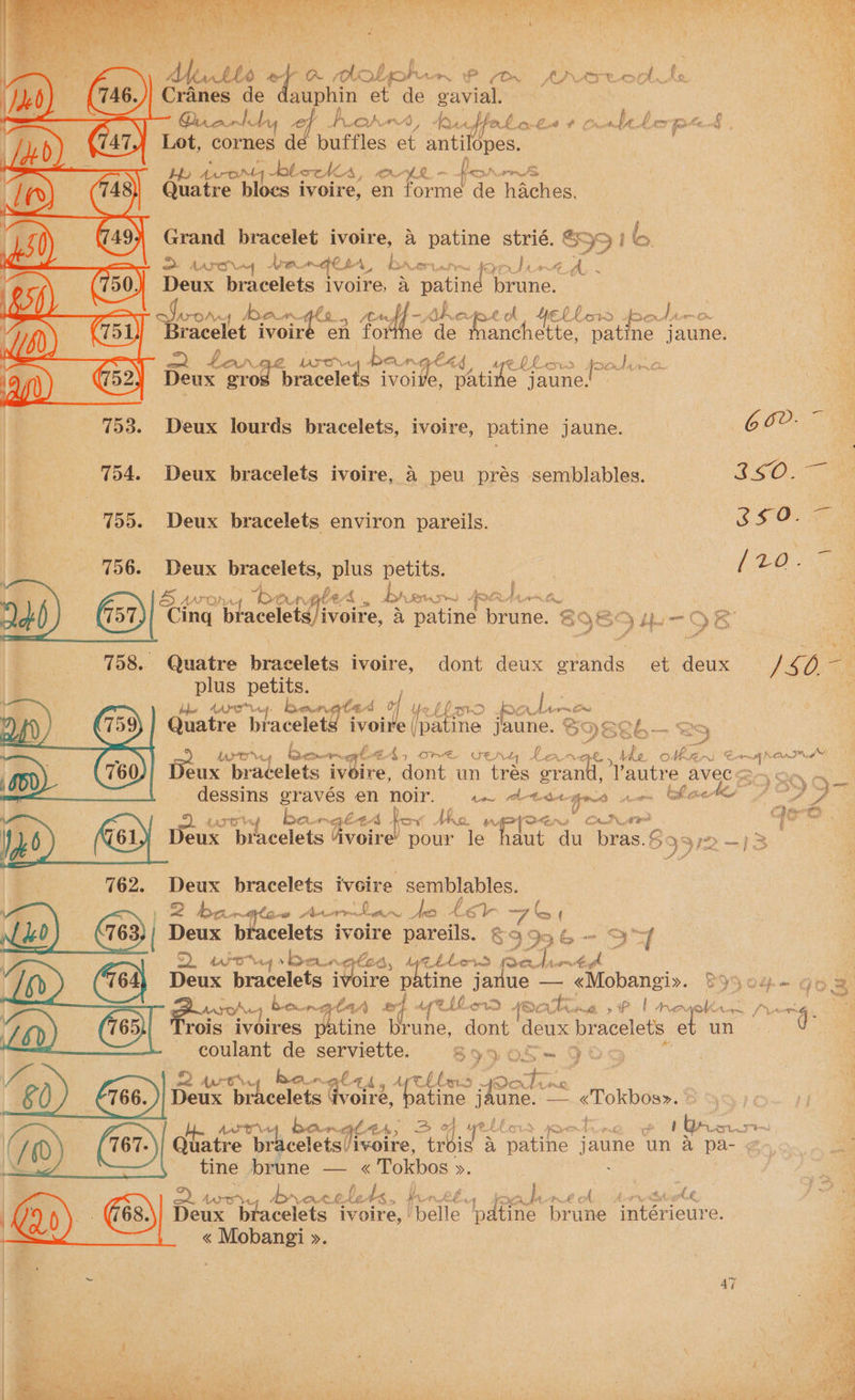 Oe a ey KX pea obph. wm, fF On AAAT CO of ns fo. | a Cranes de dauphin et de gavial. Quanlty Pek aA) AQ, “fe £ Cx PO, abel or fo he 4 , Lot, cornes de buffles ef antilopes. la Aros 4 et othe Kath, Moe f Ro Don wrk Quatre bloes ivoire, en forme de haches. Grand bracelet ivoire, a Dans strié. &amp; 39 1 (, poe AAS se Aven. Orn oa b, ine Reread Ye 97; di : as yd A ey Deux bracelets - ivoire, a patine “brune. ES cian i ban AL 5 4 oh te o£ ol 4Elhor pole 10 On Bracelet ivoire en forthe de manchette, patine jaune. hab fan. LAST ve. bene att BLL Posre jrodina. cm b 4 Deux gros bracelets ivoire, patine at 753. Deux lourds bracelets, ine: patine jaune. G60. ~ | 754. Deux bracelets ivoire, 4 peu prés semblables. 250.7 i 5 755. Deux bracelets environ pareils. SHO | pee bracelets, plus petits. | /20 bay ron ‘ba neler: br RED ARAM WA, ene bracelets/ ivoire, a Pariic brune. 6 9F $9 i - OR 758. Quatre beieclete ivoire, dont deux neaaas et deux, ' /407 plus petits. yi . fot AAPM wi bangtad i p< nO es Quatre br acelets ivoire fan Pae. SHOES 2] ae 29 mittee beeapt tone vey Lange tle ollen empans (760 eux labs ivr iv fee. dont un tes erand, reatte avec ; 189 O— dessins gravés en noir. c~ Lede jo COPS cay. a 7 G61) Ve wiry bangles fov the . oe tlie “ae eux bracelets Avoire pour le dnt du bras.§93/2 —)3 oN or, tre BP th 762. Deux bracelets ivoire semblables. 4 log “aie Aurn~ ~~ a AR hey 7s = Deux bracelets ivoire pareils. ¢< » 36-3 QQ troy eine ots, de ‘stp ge oe hoovtigh Deux bracelets ivoire p hiine bers — «Mobangi». ® 3 JOfpm GOR ; 4 bangla, A et oe oe Su) ADE ate tut, » P| hapkeie Awe rois ivoires tine prune, dont deux eas et un ( — coulant ce serviette. S939 05~ go Poi r| Lhd . poolins | aie ee thot Cate: batine ja ; une. — «Tokbos». fe. Aarti. BCom Ait See bord MOA AG, GP 1 Or. ATT Gite pitccleisticotie, trt id a ptt ioe yea un a pa- ¢ ee brune — « Tokbos ». at browcele As, brn, hb. pe ® oo rid wo Qs) &amp; ae bracelets ivoire, ‘belle dine | brune intenicuire: « eae >. a | oy | | oe , , te . os ect camaraderie oc | | ski Cie (en