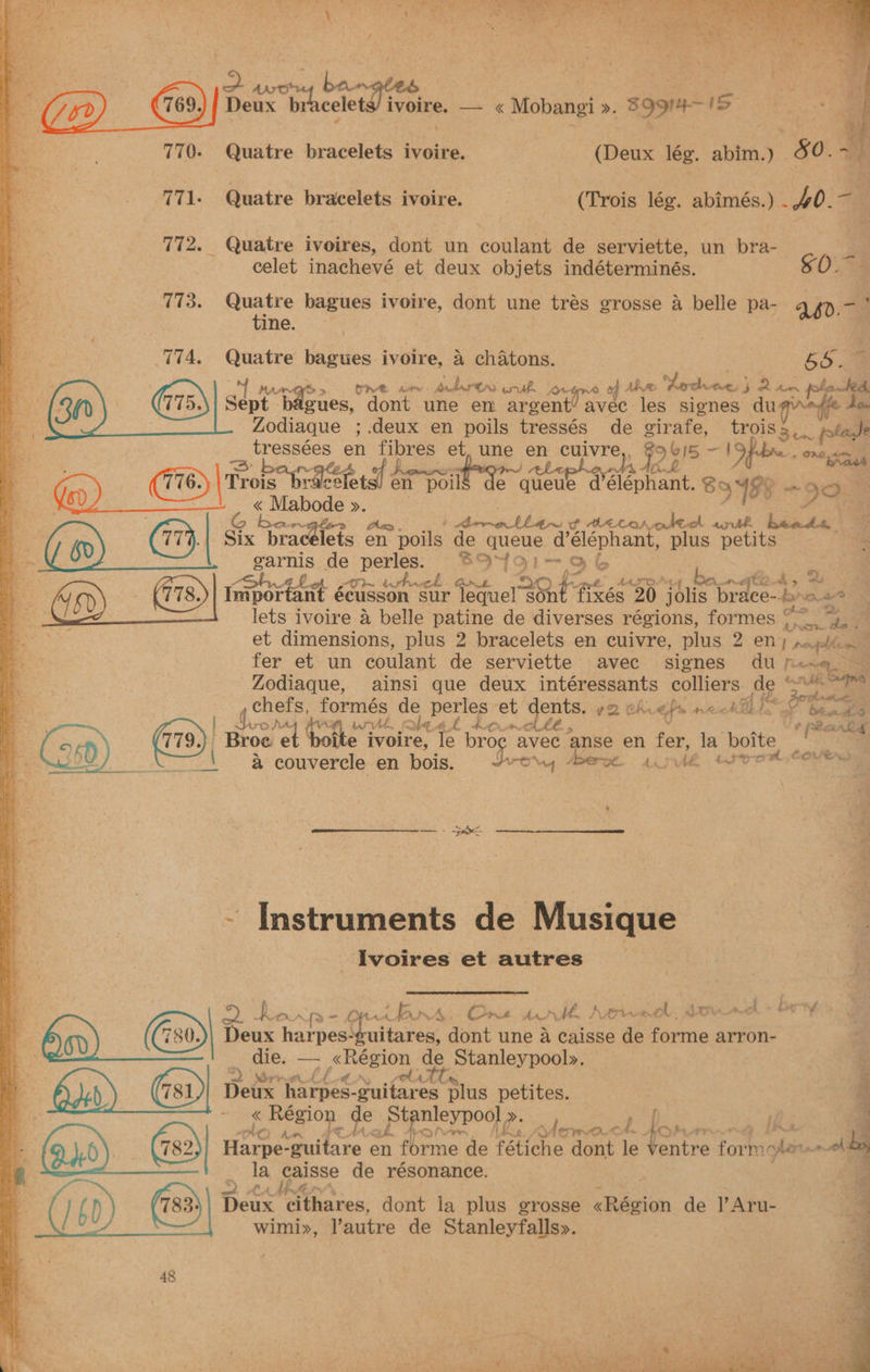 2D Gs) a br flere a Mobangi ». ob iS Bo 770. Quatre bracelets ivoire. (Deus lég¢. abim.) 8 0.4 771. Quatre bracelets ivoire. | (Trois lég. abimés.) . 40.- 4 772. Quatre ivoires, dont un coulant de serviette, un bra- a celet inachevé et deux objets indéterminés. 40) a 773. Quatre bagues ivoire, dont une tres grosse a belle pa- Q6d.- tine. a 774. ert bagues ivoire, &amp; chatons. : 55.4 Pee ove en. debian ick on we Aedes | 5 RAn . plated. | sept Sane dont une en argent ‘aA les signes dugqveffe 4e ue deux en poils tressés de virafe, 1p aa ~ lads tressées en fibres et, une en cuivre »p De 615 - one, rea 7 | (a6) \ Trois brlssterdl ¢ en bo~viit de Pg Ciehite oie ~9o. « Mabode Pr ; 4 ; G bar era tee otlaen Yf Meta obeol ark. honda’ ¢ a (0) (77. Six bracelets en poils deg queue delephant, plus petits ee . garnis de nee SQIY9Q1— 96 ga i a a Ca £ he ” AAP Os — e te A> s M16) Inipor tant écusson sur oe 28t fixés 20 j jolis brace- brnae lets ivoire a belle patine de diverses régions, formes: jy: aaa et dimensions, plus 2 bracelets en cuivre, plus 2 en; ae : fer et un coulant de serviette avec signes du fenq@_ Zodiaque, ainsi que deux intéressants colliers. de Oth ? BH, 2 gee formés de pee et dents. y2 chy “fs mnict te brane hates we eet wt, bea hone, peanlag : iD  Broe € e ivoire, le bro avec anse me ter la’ poite, ae | &amp; couvercle en bois. voy Averze. Me rood. out a ne 5. pe : Instruments de Musique Ivoires et autres iat Ror fa- rns: One AnH Aorwd, tow nok = Bry s De &amp; 730. | ux harbest uitares, dont une a caisse de forme arron- die, — pee de Stanleypool». 2 Merv r (4 Ay od. Ahn a is1)| eux harpes- -suitares plus petites. : « Région de St nleypool >. if a omen Lo hohe, derco_cd. 4° hn 7 a | Harpe- guitare en forme de fétiche dont le ventre form node. 2h 65 la Caisse de résonance. a The ae fin Lf. MEI's @ Deux cithares, dont la plus grosse Région de V Aru- wimi», Vautre de Stanleyfalls». pe