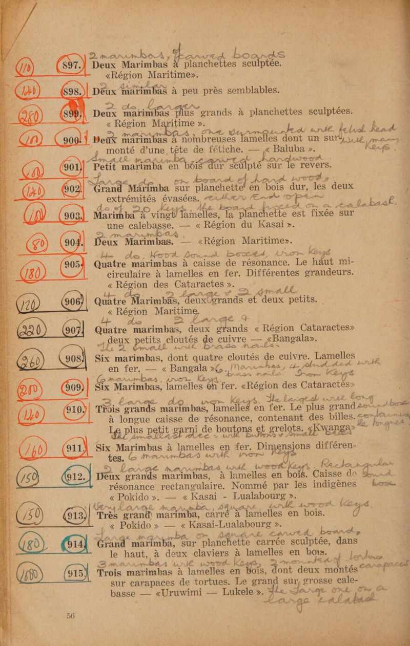 ? . a man Ae ae, ea aD oa Deux Marimbas Ganuiettes See « Ré ee pe ge 2. ate ae . Deux marimbas Sinus” erands &amp; planchettes sculptées. % « Région Maritime ». Be Je WPL Che wh PEE NS, EY wrt. telrvol. Keak ) Be marimbas 2 nombreuses lamelles dont un sur ute koeav iz Fae Se d’une. té ste de fetiche. — .« Baluba ». KLfS , | s how AS trtr : 3 by ex Petit ‘marimba’ en bois~dur Semipté teat revers. | ~ bem 3 ef Ao nt 4£ cro, a a 402 ‘ena Mérimba sur planchette en *Dois dur, les deux i gr hepa Noes aa ree ae Ems | ry te e re, | on © ba. baw ice Gs (903) Mavi ao a CO Kot es nate la at ey Raet est fixes eur | |S oy une calebasse. — « Région du Kasai ». ‘ —% | eae Miatitbne. -— «Région Maritime>. fof Kova Dom nck box td , Laan Kae Zé Quatre geet oa ree 4 caisse de résonance. Le haut mi- circulaire 2X lamelles en fer. Différentes grandeurs. « Région des Cataractes >. a a. Arr BLL : ae CD __&amp;9| Quitreé Marimbas,- “de uxcerands et affine petits. _ a a} « Région Maritime. vs = Le ple 3 SS Law 24 4 ‘2 (90 909 Quatre marimbas Teeecg Mande « Région Cataractes» 4 aps Eker cloutés e eine ieee <Bangalay. ; \ darth, Ase FU a ls~ . (3 40) 908)| Six marimbas, dont quatre cloutés de cuivre. Lamelles _ . ee fer, « anger Me ae an, - Abr AAs + an nmecka. a ee K24 S at Se ee nc irl IE Dag v. as Ort” * CMe RA Pe me . # eee: 3 ARCANAARED ADT bes | (DV 609)) &amp; Six Marimbas, lamelles as fer. «Région des Cataractes» Whe Lanqesl Cl an LLL Ena 4 : = Me jl fe i (yo) 610)| T Tiois pet etna Teton en fer. Le plus grand Aor bose le A longue caisse de résonance, contenant des billes. cena ae La Plus polit sari de boutons st erclis SPEDE aa Six ‘Marimbas a iiienies en fer. eC Dia sions eaenes tes, © AVALA pedo 4) dS Ak. ye nee: wat ete . 4 2 £ BAC rarrvanba. a nnd. wrerot Recto. An< ter “ a eux grands marimbas, 4 lamelles en bo . Caisse de Stun résonance | rectangulaire. Nommeé par les indigénes boac a « Pokido ». — « sous - Lgscucgctue >. S| Ue M4 KOAQL AMAA acadrh, Aa ME warrork eas Trés grand marim i reba Ss lamelles en bois. Mi « Pokido » — « Kasai- Le ». LC wr PO. ASS A der COnrartd bord» rand marimba, sur “plane ette carrée sculptée, dans oe haut, a deux claviers p lamelles en bots. FPG Rei PG} FOB A dg’ A hat if wrredk } 4) Ars. ve ct Trois marimbas a lamelles en Wois, dont deux montés©**?™ sur carapaces de tortues. Le grand sur, grosse cale-_ basse — «Uruwimi — Lukele ». ¥4e Sage ot ON ge tal Pahaal..