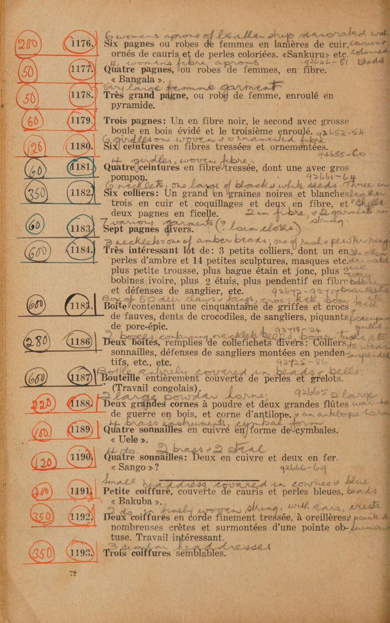 A evs ~A Aprerd Tey ore pra onatick X pagnes ou robes femmes en laniéres de cuir,o~r<e® ies de cauris et de perles coloriées. «Sankuru» etc. dao ANA Ne oprerr&amp; q26n6-Si ®&amp; Quatre pagnes, ‘ou robes de femmes, en fibre. « | tana te | Wary £ Gaparg ‘ x Trés grand ne, ou robe de femme, enroulé en Trois pagnes: Un en fibre noir, le second avec grosse_ boule en bois évidé et le troisiame bp é, qa bsa- =o | Gaul CH ATOVER oS Oh Var 1180. celn ures en fibres tressees et ornem tees, bs5-G aad Ss oS oO ene en fibrettes ssée, dont une sila cares ompo uy @ rachDeR, Ohne . Bis. » of black if winks pigy bse a ~ colliers: Un erand en leraines: noires. et arr ie Six en cuir et coquillages ms deyx: en Ga et © : deux pagnes en ficelle . he ,? AITONAAP nak (2 ey eek De ros es ept pagnes divers? se’) . i peckicl= CaL &amp; ) dom BON oe One A wok Pe gp perles d’ambre et 14 netites sculptures, masques ete.de< aah plus petite trousse, plus bague étain et jonc, plus Aaa bobines. ivoire, plus 2 étuis, plus papeentit: E fibr celta he, défenses de sanglier, £e- epee mr Bd a ' , op 5 ( dhetn thauie # “2 (CNet 5 AFR shes fe ‘Bolted, contenant une enavanta e de ike me Crocs |, e de fauves, dents de crocodiles, de sangliers, cae 4 ae Sete ee 18 : ike a tad Pa x Gasi)| v. Deux Dops haa crak arenes tas oecgi tele Mee et ee aeARy sonnailles, défenses de sangliers montées en penden~ ears ie’ ee etc., ‘ete. Q2Xyrs—- 6 =. ne Ne ella Ga) __Gs))\'Boiteine Raa oe de hoa £ er1ote BT ies ech Qrlolos | LS LAS he ad | EY : Q ba. ho oe (2D) = ats x grandes cornes &amp; poudre et deux grandes flites wav de guerre en eye Pia et cotie shat) ERTS 2 v On anteterpe ho) ” | oO ieee en cuivre en) forme reroreckeye « Uele ». t i Gia = —) bn CBA! en 2 dt AL, a - a Gad re ‘aonsinilien: Re en cuivre et deux en fer. 3 ap « Sango »? apg: Gg . 4 ‘a Avra hemp Arc, AGoRNe A tn Lonnie ? blow a (i | OWS “ctf couverte de cauris et perles bleues, bends a : oe ~6« Bakuba »., yg aa ple: \ andh Bann. jade 4 og 4193) Deut Soi Farber en ome finement ate sée, a oreilléresy onde ¢ nombreuses erétes et surmontées d’une ini ob- p ieee: tuse. “peghien intéressant. sae Tre Gikfines nbitieeOr ew