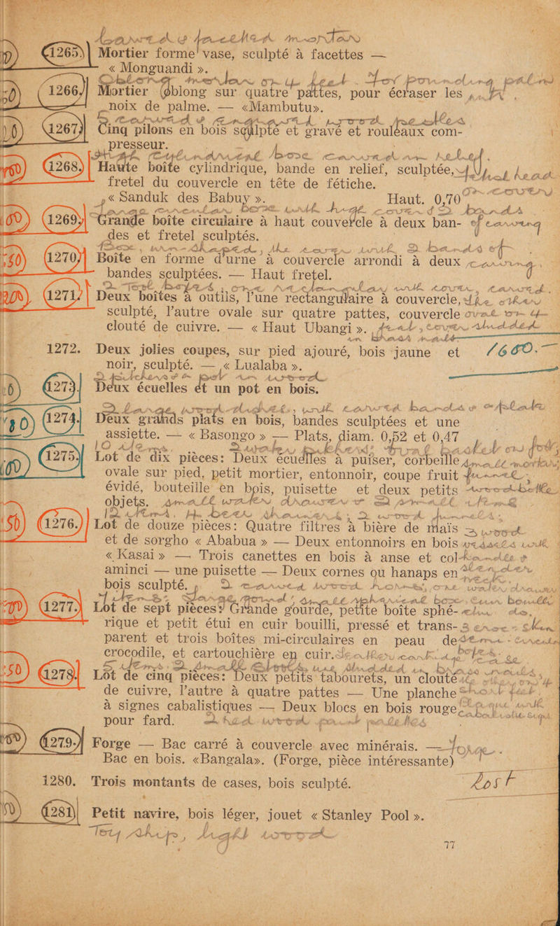 ea hota (f° fo<enen faa Tans 7 a Mortier forme’ vase, sculpté a ce: — es « Monguandi fos fale es &amp; feet . “Fos (Pov tt wth A Wo pot lr) r cope eet et sur. aatre’ pattes, pour écraser les y. ey an : noix de palme. — . Oa tonwid 2 paroeek » est lo. ra s ing pilons en bois Sqdipes et eet gral et rouléa aux com- P ge Eogecur. ‘ger Ngan Anta Ione. Ct ANAT Re, my Perv be Hraye i Ha te boit e cylindrique, bande en relief, sculptee, A PROTO fretel du couvercle en téte de fétiche. oe | peeied oe ee ere. guntt, big¢ ieee Apa toon nA tenae boite circulaire 4 haut couvercle a deux ban- of ee des et fretel sculptés. Co ILC ING, AP sxe. fA AMS YZ api.» Ahe URS UE AN, Lurk. - a: tel S&amp;F Boite en forme. durne a couvercle arrondi.&amp; deux car oe bandes eee. — Haut fretel. Ss “2. “jenk / 2-4 Ont a ie Ch eG AK RAL ale LADS Awe y CAI AT ae ie Deux boites a outils, Vune rectangeulaire a couvercle, eRe other . sculpté, lautre ovale sur quatre pattes, couvercle ove sp aire | | clouté de culvre. — « Haut Ubangi >. fad: , Canin, Une dll 4 reraA Antik ake 1272. Deux jolies coupes, sur pied ajouré, ey jaune et (660. | ange noir, sculpté. — « Lualaba ». ee t Be any: Stehanat &amp; Aut LAS mere 7) Deux écuelles ét un pot en bois. wae / reer ph. 4, tht. Lis. wrk. Lc Sik AF EE, a. | gee ss git eee Awl fe << : - pe eux, erahds pia Ss en bois, bandes sculptées et une assiette. — « Basongo » — Plats, diam. 0,52 et 0,47 , O Ase rE: Que , A, ‘xi? “ar bt Ah &amp; i O'bd nd Wy Lot de dix pieces: Deux écul es a puiser, Uae iC hore kL Petit 30) ovale sur pied, petit mortier, entonnoir, coupe fruit fnne es. | évidé, bouteille en bps 2 puisette et deux petits woo abe Mee, objets. hereto wen AY NOM SEAS ex , sc ALA, op py : VE ped, ffs AVEZERS ny Prohesten., ef Nath Pipes: 2 tar — tas ae Lot de douze piaces: Quatre filtres | A biére de als oneal 3 et de sorgho « Ababua » — Deux entonnoirs en bois o<aacZe voulk « Kasai» — Trois canettes en bois A anse et colbie nelée : aminci — une puisette — Deux cornes gu p honers ens ater thai Bo A bois ee : zs ‘ices tod dark biohmte, one tonlen ob) eee x AG eA, Avtn ade C bew € heiaAit%s bole Lot de Sept pieces: Caend de wate pet ie te boite sphé-aluw ele,” : rique et petit étui en cuir bouilli, pressé’ et trans- 8 evec.+ Skint parent et trois boites mi- circulaires en peau iene » Cos Mea epee osile, et cartouchiére ey. cuir.deo Ren conde TO mie Pee gS. oi tek. hrm Aes Unk, Mar cadtd. be PAS ut eth, Lot de ‘cing pieces: aig peti ts tabourets, un clouté.<, <7 meg sy ‘a iy 4 He : ie , de cuivre, l’autre 4 quatre pattes — Une planche she Ord fe. oy . | ae a signes cabalistiques -— Deux blocs en bois FOUR ca a gel aan pour fard. a Keck wnroel Prrnink pwr le MEd ae Forge — Bac carré &amp; couvercle avec minérais. —~ 2 ge. ~ Bae en bois. «Bangalay. (Forge, piéce intéressante) ~ ota oo Trois montants de cases, bois seulpté. : 7 Los : ——— 4 a ¢ UE