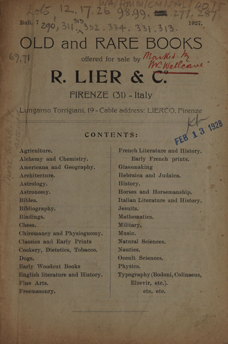 Agriculture. ~ Alehemy and Chemistry. Americana and Geography. - Architecture. : E eae ; - Bindings. Chess.. | | Ee _Chiromancy “Aid Physiognomy:. &amp; Classics and Early Prints - Cookery, oo Tobacco. : Dogs. } 2 Early Woodeut Books 7 English literature and HAI 2 Fine Arts. | ees 4 ws = 3 aot te Bae 3 Karly French prints. a _ Glassmaking gee . Hebraica and Judaica. ae History. ; a = Horses and Horsemanship. ~*~ ~* es. Italian Literature and History. a, Jesuits. no e Mathematics. ae = Military, ee ieee Music. : aoa a Natural Sciences. Baek - Nauties. | 4 Occult. Sciences. is: Physics. et Typography (Bodoni, Colinaeus, &amp; Elzevir, ete.). Ng ete. ete. wa at . Beco. see