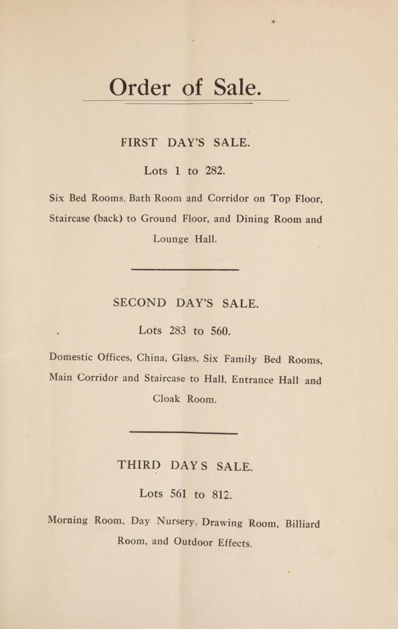 peer, Seale. FIRST DAY’S SALE. Lots 1 to 282. Six Bed Rooms, Bath Room and Corridor on Top Floor, Staircase (back) to Ground Floor, and Dining Room and Lounge Hall. SECOND DAY’S SALE. Lots 283 to 560. Domestic Offices, China, Glass, Six Family Bed Rooms, _ Main Corridor and Staircase to Halt, Entrance Hall and Cloak Room. THIRD DAYS SALE. Lots 561 to 812. Morning Room, Day Nursery, Drawing Room, Billiard Room, and Outdoor Effects.