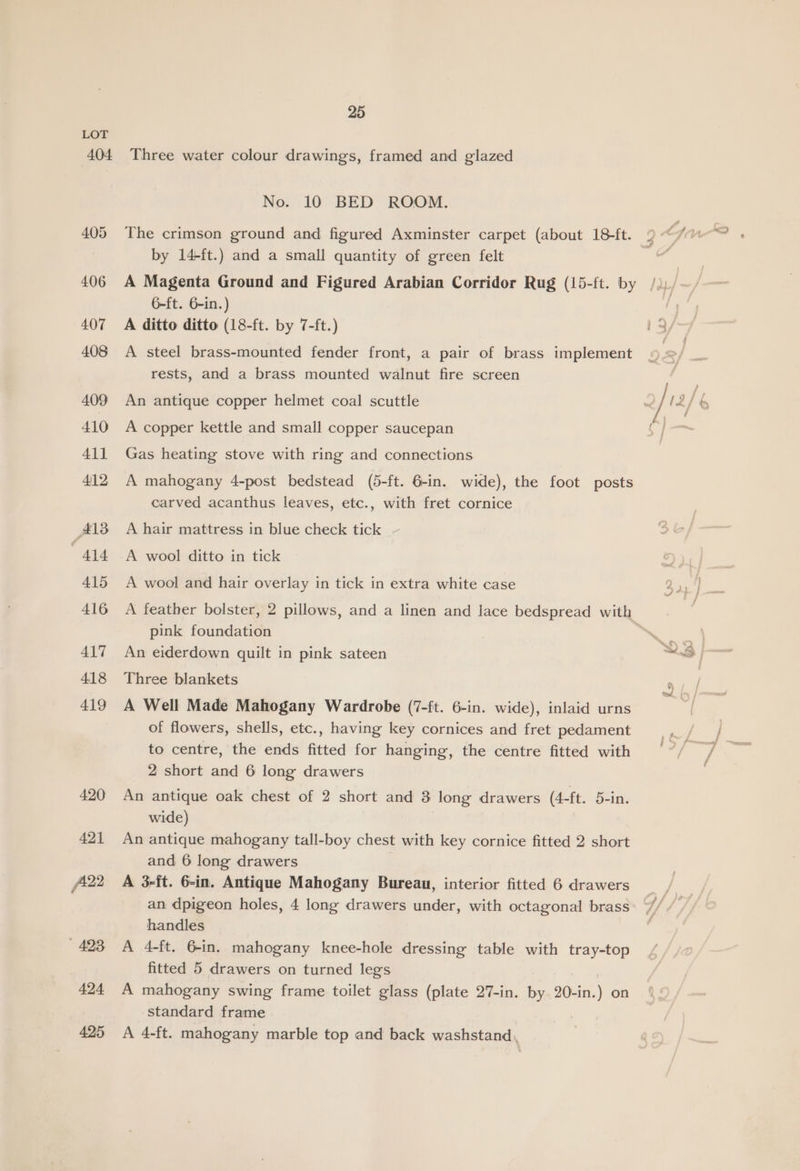 410 41] 412 413 414 415 416 417 418 419 420 421 AA22 * 423 424 425 No. 10 BED ROOM. The crimson ground and figured Axminster carpet (about 18-ft. by 14-ft.) and a small quantity of green felt 6-ft. 6-in.) A ditto ditto (18-ft. by 7-ft.) A steel brass-mounted fender front, a pair of brass implement rests, and a brass mounted walnut fire screen An antique copper helmet coal scuttle A copper kettle and small copper saucepan Gas heating stove with ring and connections A mahogany 4-post bedstead (5-ft. 6-in. wide), the foot posts carved acanthus leaves, etc., with fret cornice A hair mattress in blue check tick A wool ditto in tick A wool and hair overlay in tick in extra white case pink foundation An eiderdown quilt in pink sateen Three blankets A Well Made Mahogany Wardrobe (7-ft. 6-in. wide), inlaid urns of flowers, shells, etc., having key cornices and fret pedament to centre, the ends fitted for hanging, the centre fitted with 2 short and 6 long drawers An antique oak chest of 2 short and 3 long drawers (4-ft. 5-in. wide) | An antique mahogany tall-boy chest with key cornice fitted 2 short and 6 long drawers A 3-it. 6-in. Antique Mahogany Bureau, interior fitted 6 drawers an dpigeon holes, 4 long drawers under, with octagonal brass handles A 4-ft. 6-in. mahogany knee-hole dressing table with tray-top fitted 5 drawers on turned legs A mahogany swing frame toilet glass (plate 27-in. by. 20-in.) on standard frame A 4-ft. mahogany marble top and back washstand,