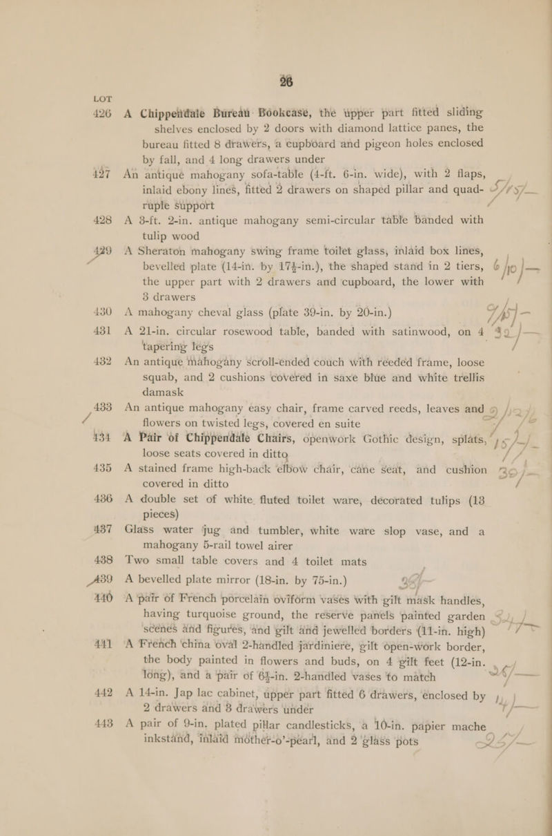 426 497 428 44] 442 443 46 A Chippeitdaie Bureati Bookcase, the wpper part fitted sliding shelves enclosed by 2 doors with diamond lattice panes, the bureau fitted 8 drawers, a cupboard and pigeon holes enclosed by fall, and 4 long drawers under An antique mahogany sofa-table (4-ft. 6-in. wide), with 2 oe ge inlaid ebony lines, fitted 2 drawers on shaped pillar and nes WF ruple support A 3-ft. 2-in. antique mahogany semi-circular table banded with tulip wood A Sheraton mahogany swing frame toilet glass, inlaid box lines, bevelled plate (14-in. by 174-in.), the shaped stand in 2 tiers, 6 7 the upper part with 2 drawers and cupboard, the lower with 3 drawers to Ad A mahogany cheval glass (plate 39-in. by 20-in.) TAs _ A 21-in. circular rosewood table, banded with satinwood, on 4 %9 ] —— tapering leg's | An antique mahogany scroll-ended couch with reeded frame, loose squab, and 2 cushions covered in saxe blue and white trellis damask An antique mahogany easy chair, frame carved reeds, leaves and 9 f) é flowers on twisted legs, covered en suite yf A Pair of Chippendale Chairs, openwork Gothic design, siti,” 1s, 5 loose seats covered in ditto / A stained frame high-back ‘efBow chair, cane seat, and cushion Ro , covered in ditto / A double set of white. fluted toilet ware, decorated tulips (13 pieces) Glass water jug and tumbler, white ware slop vase, and a mahogany 5-rail towel airer Two small table covers and 4 toilet mats A bevelled plate mirror (18-in. by 75-in.) ¢ 4% 5 ¥ we fs Sb a Cae A ‘pair of French porcelain oviform vases With gilt mask handles, having turquoise ground, the reserve panels ‘painted garden Spo) scenes and figures, and gilt and jewelled borders (11-in. high) Am: A French ‘china oval 2-handled jardiniere, gilt open-work border, the body painted in flowers and buds, on 4 gilt feet (12-in. Wh; long), and a ‘pair of 64-in. 2-handled vases ‘to match _ v7 A 14-in. Jap lac cabinet, upper part fitted 6 drawers, enclosed by I} 2 drawers and 8 rst under Ns , be A pair of 9-in, plated piHar candlesticks, a 10-in. papier mache _ inkstand, inlaid méthér-o’-pearl, and ) glass ‘pots >