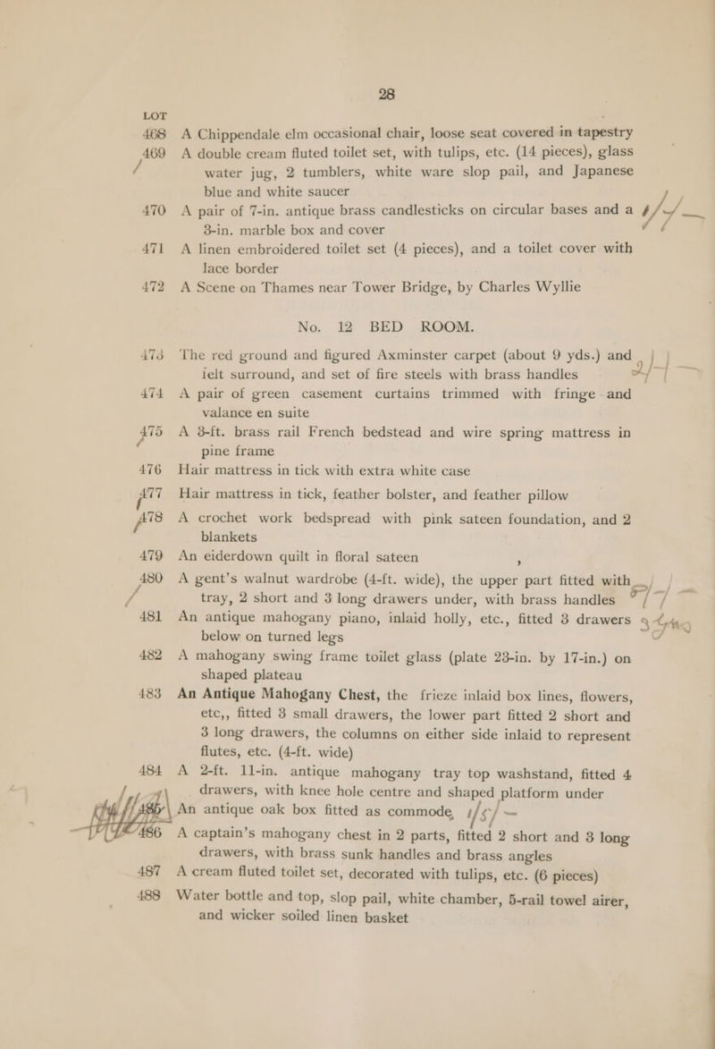 468 A Chippendale elm occasional chair, loose seat covered in tapestry 469 A double cream fluted toilet set, with tulips, etc. (14 pieces), glass water jug, 2 tumblers, white ware slop pail, and Japanese blue and white saucer 470 A pair of 7-in. antique brass candlesticks on circular bases and a i) ~ 3-in. marble box and cover 471 A linen embroidered toilet set (4 pieces), and a toilet cover with lace border 472 A Scene on Thames near Tower Bridge, by Charles Wyllie No. 12 BED ROOM. 473 The red ground and figured Axminster carpet (about 9 yds.) and Pe ix ielt surround, and set of fire steels with brass handles 2) is ee 474 <A pair of green casement curtains trimmed with fringe - and valance en suite 475 A 38-ft. brass rail French bedstead and wire spring mattress in 4 pine frame 476 Hair mattress in tick with extra white case 77 Hair mattress in tick, feather bolster, and feather pillow 478 A crochet work bedspread with pink sateen foundation, and 2 blankets 479 An eiderdown quilt in floral sateen X 480 A gent’s walnut wardrobe (4-ft. wide), the upper part fitted with__ tray, 2 short and 3 long drawers under, with brass handles / 7 - 481 An antique mahogany piano, inlaid holly, etc., fitted 3 drawers § Gteg below on turned legs | 482 A mahogany swing frame toilet glass (plate 23-in. by 17-in.) on shaped plateau 483 An Antique Mahogany Chest, the frieze inlaid box lines, flowers, etc,, fitted 3 small drawers, the lower part fitted 2 short and 3 long drawers, the columns on either side inlaid to represent flutes, etc. (4-ft. wide) A 2-ft. ll-in. antique mahogany tray top washstand, fitted 4 drawers, with knee hole centre and shaped platform under An antique oak box fitted as commode, / s/ — A captain’s mahogany chest in 2 parts, fitted 2 short and 3 long drawers, with brass sunk handles and brass angles 487 A cream fluted toilet set, decorated with tulips, etc. (6 pieces) 488 Water bottle and top, slop pail, white chamber, 5-rail towel airer, and wicker soiled linen basket