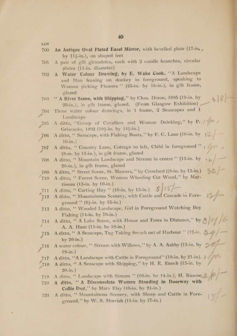 An Antique Oval Plated Easel Mirror, with bevelled plate (17-in, , by 114-in.), on shaped feet A pair of gilt girandoles, each with 2 candle branches, circular plates (11-in. diameter) A Water Colour Drawing, by E. Wake Cook, ‘‘A Landscape and Man leaning on donkey in foreground, speaking to Woman picking Flowers ’’ (25-in. by 16-in.), in gilt frame, elazed ‘“ A River Scene, with Shipping,’’ by Chas. Dixon, 1895 (19-in. by hy 5 29-in.), in gilt frame, glazed. (From Glasgow Exhibition) Three water colour drawings, in 1 frame, 2 Seascapes and 1 Landscape y A ditto, “Group of Cavaliers and Woman Drinking,” by P. / 7 / Griscuolo, 1892 (194-in. by 144-in.) A ditto, ‘‘ Seascape, with Fishing Boats,’’ by F. C. Lane (10-in. by 4. / 16-in.) A ditto, ‘‘ Country Lane, Cottage to left, Child in foreground ”’ ; “br (8-in. by 11-in.), in gilt frame, glazed oe A ditto, ‘‘ Mountain Landscape and Stream in centre ”’ (13-in. by lo/ — 20-in.), in gilt frame, glazed / A ditto, ‘‘ Street Scene, St. Mawers,”’ by Croxford ((8-in. by 13-in.) 30 /- A ditto, ‘‘ Forest Scene, Woman Wheeling Cut Wood,”’ by Mar- tineau (13-in. by 10-in.) A ditto, ‘‘ Carting Hay ’’ (10-in. by 13-in.) Syls q- A ditto, ‘‘ Mountainous Scenery, with Cattle an abet! in Fore- 194- ground ”’ (64-in. by 15-in.) A ditto, ‘‘ Wooded Landscape, Girl in Foreground Watching Boy Fishing (14-in. by 70-in.) A ditto, ‘‘ A Lake Scene, with House and Trees in Distance,’’ by &amp; } iy /é A. A. Hunt (11-in. by 18-in.) ; A ditto, ‘‘ A Seascape, Tug Taking Smack out of Harbour ”’ (12-in. /— by 20-in.) ad A water colour, ‘‘ Stream with Willows,’’ by A. A. Ashby (12-in. by \0f—- 19-in.) { A ditto, ‘‘A Landscape with Cattle in Foreground’’ (10-in. by 21-in). | ~ AVL A ditto, ‘* A Seascape with Shipping,’’ by H. E. Enoch (13-in. by 20-in.) A ditto, ‘‘ Landscape with Stream ”’ (10-in. by 14-in.), H. Ruscoe 2p] / A ditto, ‘‘ A Disconsolate Woman Standing in Doorway with Collie Dog,’’ by Mary Elsy (40-in. by 24-in.) A ditto, ‘‘ Mountainous Scenery, with Sheep and Cattle in Fore- | = (ee ground,” by W. S. Morrish (11-in. by 17-in.) 4}