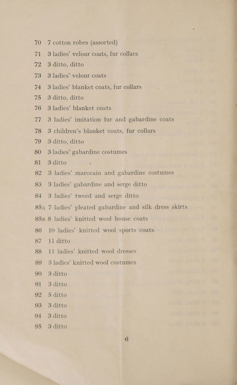 70 zt 72 73 74 79 76 re) 78 79 80 8] 82 83 84 8S5A 85B 86 87 88 89 90 91 92 93 94 95 7 cotton robes (assorted) 3 ladies’ velour coats, fur collars 3 ditto, ditto 3 ladies’ velour coats 3 ladies’ blanket coats, fur collars 3 ditto, ditto 3 ladies’ blanket coats 3 ladies’ imitation fur and gabardine coats 3 children’s blanket coats, fur collars 3 ditto, ditto 3 ladies’ gabardine costumes 3 ditto 3 ladies’ marocain and gabardine costumes 3 ladies’ gabardine and serge ditto 3 fadies? tweed and serge ditto 7 ladies’ pleated gabardine and silk dress skirts 8 ladies’ knitted wool house coats 10 ladies’ knitted wool sports coats 11 ditto 11 ladies’ knitted wool dresses 3 ladies’ knitted wool costumes 3 ditto 3 ditto 5 ditto 3 ditto 3 ditto 3 ditto ae se a