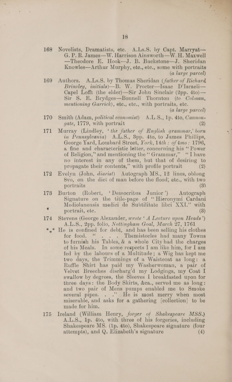 168 169 170 171 172 ¢ 174 18 Novelists, Dramatists, ete. A.Ls.S. by Capt. Marryat— G. P. R. James—W. Harrison Ainsworth—W. H. Maxwell . —Theodore EK. Hook—J. B. Buckstone—J. Sheridan Knowles—Arthur Murphy, etc., etc., some with portraits (a large parcel) Authors. A.Ls.8. by Thomas Sheridan (father of Richard Brinsley, initials)—B. W. Procter—Isaac D’Israeli— Capel Lofft (the elder)—Sir John Sinclair (2pp. 4to)— Sir §S. KE. Brydges—Bonnell ‘Thornton (to Colman, mentioning Garrick), ete., etc., with portraits, etc. (a large parcel) Smith (Adam, political economist) A.L.8., lp. 4to, Cannon- gate, 1779, with portrait (2) Murray (Lindley, ‘the father of English grammar,’ born in Pennsylvania) A.L.S., 38pp. 4to, to James Phillips, George Yard, Lombard Street, York, 14th : of dmo: 1796, a fine and characteristic letter, concerning his ‘‘ Power of Religion,” and mentioning the ‘‘ Grammar,” “I have no interest in any of them, but that of desiring to propagate their contents,” with profile portrait (2) Evelyn (John, diarist) Autograph MS., 12 lines, oblong 8vo, on the diet of man before the flood; ete., with two portraits (3) Burton (Robert, ‘Democritus Junior’) Autograph Signature on the title-page of ‘‘ Hieronymi Cardani Mediolanensis medici de Subtilitate bri XXI.’’ with portrait, ete. (8) Stevens (George Alexander, wrote ‘ A Lecture upon Heads’) A.L.S., 2pp. folio, Nottingham Goal, March 27, 1761 175 for food. “ . Themistocles had many Towns to furnish his Tables, &amp; a whole City had the charges of his Meals. In some respects I am like him, for I am fed by the labours of a Multitude; a Wig has kept me two days, the Trimmings of a Waistcoat as long: a Ruffle Shirt has paid my Washerwoman, a pair of Velvet Breeches discharg’d my Lodgings, my Coat I swallow by degrees, the Sleeves I breakfasted upon for three days: the Body Skirts, &amp;ca., served me as long: and two pair of Mens pumps enabled me to Smoke several pipes. He is most merry when most miserable, and asks for a gathering [collection] to be made for him. Ireland (William Henry, jforger of Shakespeare MSS.) A.L.S., lp. 4to, with three of his forgeries, including Shakespeare MS. (Lp. 4to), Shakespeare signature (four attempts), and Q. Elizabeth’s signature (4)