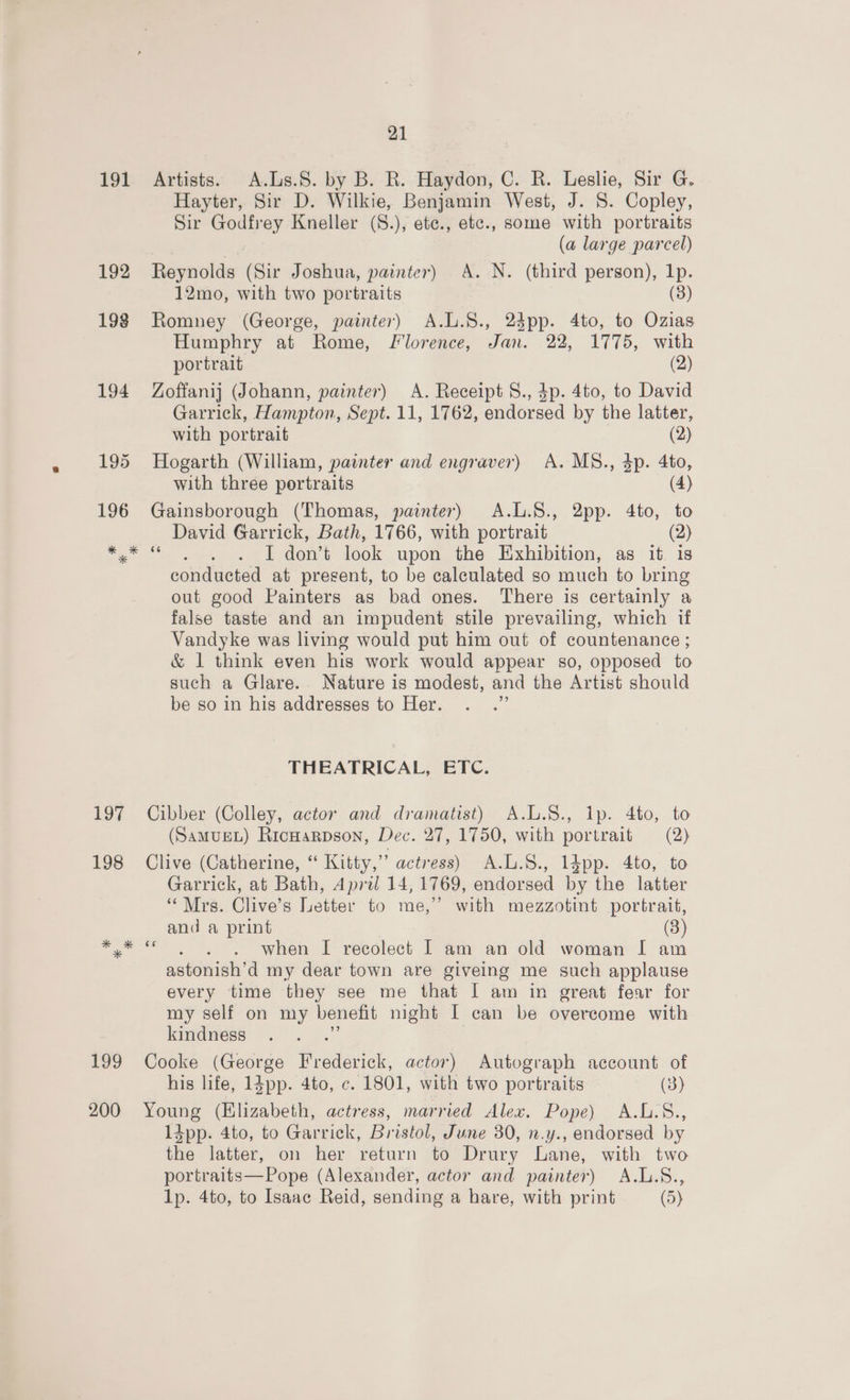 191 Artists. A.Ls.S. by B. R. Haydon, C. R. Leslie, Sir G. Hayter, Sir D. Wilkie, Benjamin West, J. 8. Copley, Sir Godfrey Kneller (8.), ete., etc., some with portraits | (a large parcel) 192 Reynolds (Sir Joshua, painter) A. N. (third person), lp. 12mo, with two portraits (3) 198 Romney (George, painter) A.L.S., 24pp. 4to, to Ozias Humphry at Rome, Florence, Jan. 22, 1775, with portrait (2) 194 Zoffanij (Johann, painter) A. Receipt S., dp. 4to, to David Garrick, Hampton, Sept. 11, 1762, endorsed by the latter, with portrait . (2) 195 Hogarth (William, painter and engraver) A. MSBS., 4p. 4to, with three portraits (4) 196 Gainsborough (Thomas, painter) A.L.S., 2pp. 4to, to David Garrick, Bath, 1766, with portrait (2) iy eee . LT don’t look upon the Exhibition, as it is conducted at present, to be calculated so much to bring out good Painters as bad ones. There is certainly a false taste and an impudent stile prevailing, which if Vandyke was living would put him out of countenance ; &amp; | think even his work would appear so, opposed to such a Glare. Nature is modest, and the Artist should be so in his addresses to Her. ite THEATRICAL, ETC. 197 Cibber (Colley, actor and dramatist) A.L.S., Ip. 4to, to (SamugL) RicHarpson, Dec. 27, 1750, with portrait (2) 198 Clive (Catherine, “ Kitty,” actress) A.L.S., ldpp. 4to, to Garrick, at Bath, Apri 14, 1769, endorsed by the latter “Mrs. Clive’s Letter to me,’ with mezzotint portrait, and a print (3) yk . . when I recolect | am an old woman I am astonish’d my dear town are giveing me such applause every time they see me that I am in great fear for my self on my benefit night I can be overcome with kindness 199 Cooke (George Frederick, actor) Autograph account of his life, 1dpp. 4to, c. 1801, with two portraits (3) 200 Young (Elizabeth, actress, married Alex. Pope) A.L.S., ldpp. 4to, to Garrick, Bristol, June 30, n.y., endorsed by the latter, on her return to Drury Lane, with two portraits—Pope (Alexander, actor and painter) A.L.S., lp. 4to, to Isaac Reid, sending a hare, with print (5)
