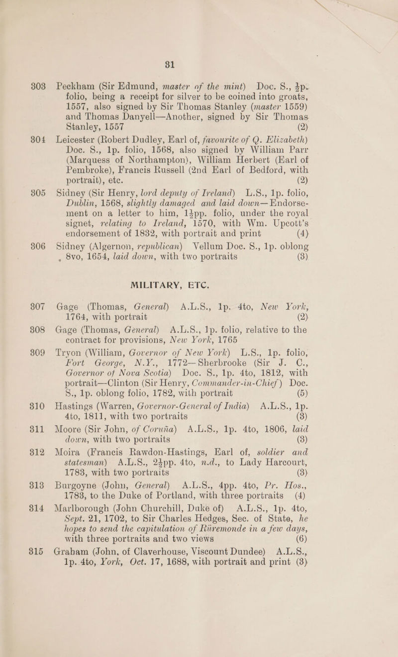 303 304 306 307 308 309 310 oll 312 313 314 315 31 Peckham (Sir Edmund, master of the mint) Doc. S., 4p. folio, being a receipt for silver to be coined into groats, 1557, also signed by Sir Thomas Stanley (master 1559) and Thomas Danyell—Another, signed by Sir Thomas. Stanley, 1557 (2) Leicester (Robert Dudley, Earl of, favourite of Q. Elizabeth) Doc. 8., lp. folio, 1568, also signed by William Parr (Marquess of Northampton), William Herbert (Karl of Pembroke), Francis Russell (2nd Earl of Bedford, with portrait), etc. (2) Sidney (Sir Henry, lord deputy of Ireland) L.S8., 1p. folio, Dublin, 1568, slightly damaged and laid down— Endorse- ment on a letter to him, 14pp. folio, under the royal signet, relating to Ireland, 1570, with Wm. Upcott’s endorsement of 1832, with portrait and print (4) Sidney (Algernon, republican) Vellum Doe. §., lp. oblong , 8vo, 1654, laid down, with two portraits (8) MILITARY, ETC. Gage (Thomas, General) A.L.S., lp. 4to, New York, 1764, with portrait (2) Gage (Thomas, General) A.L.S., 1p. folio, relative to the contract for provisions, New York, 1765 Tryon (William, Governor of New York) L.§., 1p. folio, Fort George, N.Y., 1772—Sherbrooke (Sir J. C., Governor of Nova Scotia) Doc. 8., 1p. 4to, 1812, with portrait—Clinton (Sir Henry, Commander-in-Chief) Doe. S., lp. oblong folio, 1782, with portrait (5) Hastings (Warren, Governor-General of India) A.L.8., 1p. 4to, 1811, with two portraits (3) Moore (Sir John, of Coruvia) A.L.8., lp. 4to, 1806, laid down, with two portraits (3) Moira (Francis Rawdon-Hastings, Earl of, soldier and statesman) A.L.S8., 24pp. 4to, n.d., to Lady Harcourt, 1783, with two portraits (8) Burgoyne (John, General) A.L.S., 4pp. 4to, Pr. Hos., 1788, to the Duke of Portland, with three portraits (4) Marlborough (John Churchill, Dake of) A.L.S., 1p. 4to, Sept. 21, 1702, to Sir Charles Hedges, Sec. of State, he hopes to send the capitulation of Riiremonde in a few days, with three portraits and two views (6) Grabam (John, of Claverhouse, Viscount Dundee) A.L.S., lp. 4to, York, Oct. 17, 1688, with portrait and print (38)
