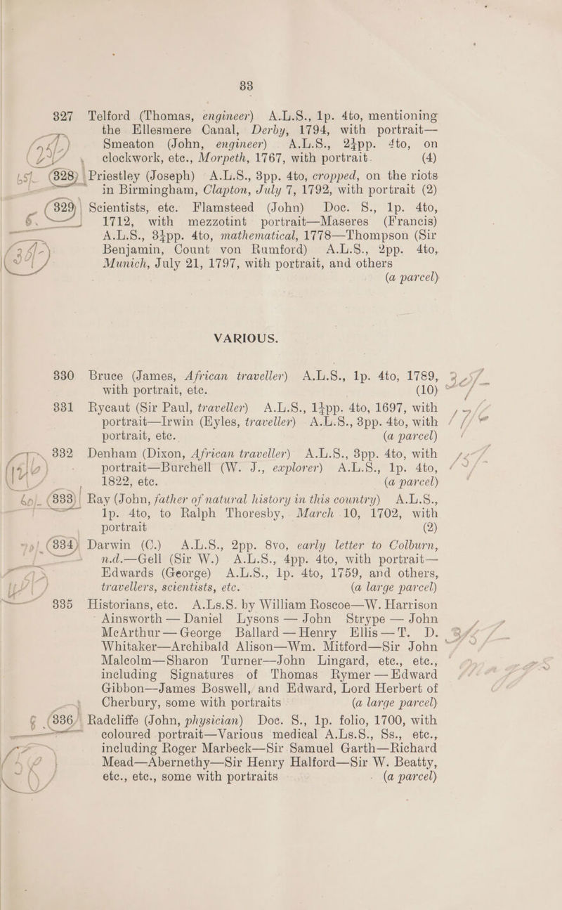327 Telford (Thomas, engineer) A.L.S., lp. 4to, mentioning reas the Ellesmere Canal, Derby, 1794, with portrait— Sth) Smeaton (John, engineer) A.L.S., 24pp. 4to, on (DAZ. dockwork, ete., Morpeth, 1767, with portrait. (4) 157. 328) | Priestley (Joseph) A.L.S., 38pp. 4to, cropped, on the riots * in Birmingham, Clapton, July 7, 1792, with portrait (2) ey) Scientists, etc. Flamsteed (John) Doc. 8., lp. 4to, 6. 1712, with mezzotint portrait—Maseres (Francis) a A.L.S., 34pp. 4to, mathematical, 1778— eo (Sir - iN ft 4]-) Benjamin, Count von Rumford) A.L.S., 2pp. 4to, \ ar Munich, July 21, 1797, with portrait, and others VARIOUS. 831 Rycaut (Sir Paul, traveller) A.L.S., 14pp. Ato, 1697, with portrait—Irwin (Hyles, traveller) A. ‘Ee 5., 8pp. 4to, with portrait, etc. (a parcel) git 3832 Denham (Dixon, African traveller) A.L.8., 8pp. 4to, with (Vig \ | portrait—Burchell (W. J., explorer) A.L.8., Ip. 4to, + a 1822, etc. (a parcel) ey (883), | Ray (John, father of natural history in this country) A.L.S., “T Ip. 4to, to Ralph Thoresby,. March 10, 1702, with portrait (2) (334) Darwin (C.) A.L.8., 2pp. 8vo, early letter to Colburn, —=- nd.—Gell (Sir W.) A.L.8., 4pp. 4to, with portrait— | travellers, scientists, etc. (a large parcel) ——~_ 885 Historians, etc. A.Ls.8. by William Roscoe—W. Harrison Ainsworth — Daniel Lysons — John Strype — John McArthur— George Ballard—Henry Elis—T. D. Maleolm—Sharon Turner—John ‘Lingard, efe., eb¢., including Signatures of Thomas Rymer — Edward Gibbon—James Boswell, and Edward, Lord Herbert of Cherbury, some with portraits (a large parcel) G (336) Radcliffe (John, physician) Doc. 8., Ip. folio, 1700, with ——— a coloured -portrait— Various ‘medical A.Ls. S., Ss., ete., % including Roger Marbeck—Sir Samuel Garth—Richard ,A?7 | Mead—Abernethy—Sir Henry Halford—Sir W. Beatty, Si\ etc., etc., some with portraits . (a parcel)