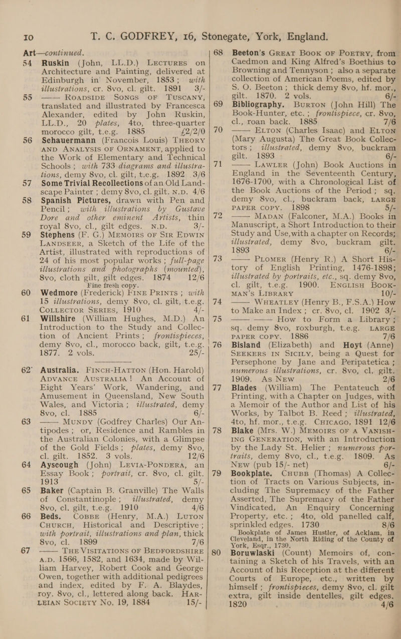 Io 54 56 57 58 59 60 61 63 64 65 66 67 Ruskin (John, LL.D.) Lrcrurres on Architecture and Painting, delivered at Edinburgh in’ November, 1853; with illustrations, cr. 8vo, cl. gilt. 1891 3/- ROADSIDE SONGS OF TUSCANY, translated and illustrated by Francesca Alexander, edited by John Ruskin, LL.D., 20 plates, 4to, three-quarter morocco gilt, t.e.g. 1885 £2/2/0 Schauermann (Francois Louis) THEORY AND ANALYSIS OF ORNAMENT, applied to the Work of Elementary and Technical Schools ; with 733 diagrams and tllustra- tions, demy 8vo, cl. gilt, t.e.g. 1892 3/6 Some Trivial Recollections of an Old Land- scape Painter ; demy 8vo, cl. gilt. N.p. 4/6 Spanish Pictures, drawn with Pen and Pencil; with illustyations by Gustave Dore and other eminent Artists, thin royal 8vo, cl., gilt edges. N.D. 3/- Stephens (F. G.) MEmorrs oF SiR EDWIN LANDSEER, a Sketch of the Life of the Artist, illustrated with reproductions of 24 of his most popular works ; full-page tllusivations and photographs (mounted), 8vo, cloth gilt, gilt edges. 1874 12/6 Fine fresh copy. Wedmore (Frederick) FINE PRINTs ; with 15 illustrations, demy 8vo, cl. gilt, t.e.g. COLLECTOR SERIES, 1910 4/- Willshire (William Hughes, M.D.) An Introduction to the Study and Collec- tion of Ancient Prints; frontispieces, demy 8vo, cl., morocco back, gilt, t.e.g. 1877; 2 vols. 25/- Australia. FINcH-HatTTon (Hon. Harold) ADVANCE AUSTRALIA! An Account of Eight Years’ Work, Wandering, and Amusement in Queensland, New South Wales, and Victoria; tlustrated, demy 8vo, cl. 1885 6/- Munpy (Godfrey Charles) Our An- tipodes ; or, Residence and Rambles in the Australian Colonies, with a Glimpse of the Gold Fields; plates, demy 8vo, el. gilt. 1852. 3 vols, 12/6 Ayscough (John) Lrvia-PoNDERA, an Essay Book; portrait, cr. 8vo, cl. gilt. 1913 5/- Baker (Captain B. Granville) The Walls of Constantinople; dllustvated, demy 8vo, cl. gilt, t.e.g. 1910 4/6 Beds. CosBBeE (Henry, M.A.) Lutron CuurcH, Historical and Descriptive; with portrait, tllustrations and plan, thick 8vo, cl. 1899 7/6 THE VISITATIONS OF BEDFORDSHIRE A.D. 1566, 1582, and 1634, made by Wil- liam Harvey, Robert Cook and George Owen, together with additional pedigrees and index, edited by F. A. Blaydes, roy. 8vo, cl., lettered along back. Har- LEIAN SOCIETY No, 19, 1884 15/- 68 69 70 71 72 73 \] D aa 78 79 80 Beeton’s GREAT Book oF PoEtry, from Caedmon and King Alfred’s Boethius to Browning and Tennyson ; also a separate collection of American Poems, edited by S. O. Beeton; thick demy 8vo, hf. mor., gilt. 1870. 2 vols. 6/- Bibliography. Burron (John Hill) The Book-Hunter, etc. ; frontispiece, cr. 8vo, cl., roan back. 1885 7/6 ELTON (Charles Isaac) and ELTON (Mary Augusta) The Great Book Collec- tors; illustrated, demy 8vo, buckram gilt. 1893 6/- LAWLER (John) Book Auctions in England in the Seventeenth Century, 1676-1700, with a Chronological List of the Book Auctions of the Period; sq. demy 8vo, cl., buckram back, LARGE PAPER Copy. 1898 5/- MapbAN (Falconer, M.A.) Books in Manuscript, a Short Introduction to their Study and Use,with a chapter on Records; illustrated, demy 8vo, buckram gilt, 1893 6/- ; PLOMER (Henry R.) A Short His- tory of English Printing, 1476-1898; illustrated by portraits, etc., sq. demy 8vo, cl. gilt, t.eg. 1900. ENGLisH Boox- MAN’S LIBRARY 10/- WHEATLEY (Henry B., F.S.A.) How to Make an Index ; cr. 8vo, cl. 1902 3/- How to Form a Library ; sq. demy 8vo, roxburgh, t.e.g. LARGE PAPER COPY. 1886 7/6 Bisland (Elizabeth) and Hoyt (Anne) SEEKERS IN Sici_y, being a Quest for Persephone by Jane and Peripatetica ; numerous tllustvations, cr. 8vo, cl. gilt. 1909. As NEw 2/6 Blades (William) The Pentateuch of Printing, with a Chapter on Judges, with a Memoir of the Author and List of his Works, by Talbot B. Reed; illustrated, 4to, hf. mor., t.e.g. Cuicaco, 1891 12/6 Blake (Mrs. W.) MEMoIRS OF A VANISH- ING GENERATION, with an Introduction by the Lady St. Helier ; numerous por- traits, demy 8vo, cl., t.e.g. 1809. As NEw (pub 15/- net) 6/- Bookplate. Cuuss (Thomas) A Collec- tion of Tracts on Various Subjects, in- cluding The Supremacy of the Father Asserted, The Supremacy of the Father Vindicated, An Enquiry Concerning Property, etc.; 4to, old panelled calf, — sprinkled edges. 1730 8/6 Bookplate of James Hustler, of Acklam, in Cleveland, in the North Riding of the County of York, Esqr., 1730. Boruwlaski (Count) Memoirs of, con- taining a Sketch of his Travels, with an Account of his Reception at the different _ Courts of Europe, etc., written by himself ; frontispreces, demy 8vo, cl. gilt extra, gilt inside dentelles, gilt edges. 1820 4/6 4