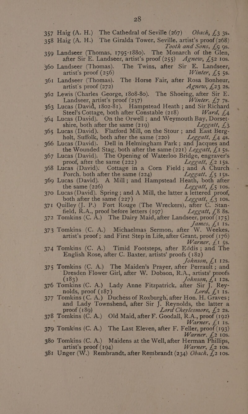380 381 28 Haig (A. H.) The Giralda Tower, Seville, artist’s proof (268) Tooth and Sons, £9 9s. Landseer (Thomas, 1795-1880). The Monarch of the Glen, after Sir E. Landseer, artist’s proof (255) Agnew, £52 Ios. Landseer (Thomas). The Twins, after Sir E. Landseer, artist’s proof (256) Winter, £5 5s. Landseer (Thomas). The Horse Fair, after Rosa Bonheur, artist’s proof (272) Agnew, £23 2s. Lewis (Charles George, 1808-80). The Shoeing, after Sir E. Landseer, artist’s proof (257) Winter, £7 7s. Lucas (David, 1802-81). Hampstead Heath ; and Sir Richard Steel’s Cottage, both after Constable (218) Ward, £4 Lucas (David). On the Orwell; and Weymouth Bay, Dorset- shire, both after the same (219) Leggatt, £3 Lucas (David). Flatford Mill, on the Stour ; and East Berg- holt, Suffolk, both after the same (220) Leggatt, £4 4s. Lucas (David). Dellin Helmingham Park; and Jacques and the Wounded Stag, both after the same (221) Leggatt, £1 5s. Lucas (David). The Opening of Waterloo Bridge, engraver’s proof, after the same (222) Leggatt, £2 15s. Lucas (David): Cottage in a Corn Field; and A Church Porch, both after the same (224) Leggatt, £5 15s. Lucas (David). A Mill; and Hampstead Heath, both after the same (226) Leggatt, £5 10s. Lucas (David). Spring; and A Mill, the latter a lettered proof, both after the same (227) Leggatt, £3 tos. Quilley (J. P.) Fort Rouge (The Wreckers), after C. Stan- field, R.A., proof before letters (197) Leggatt, £8 8s. Tomkins (C. A.) The Dairy Maid, after Landseer, proof (175) James, £1 Is. artist’s proof; and First Step in Life, after Grant, proof (176) Warner, £1 5s. Tomkins (C. A.) Timid Footsteps, after Eddis ; and The English Rose, after C. Baxter, artists’ proofs (182) Johnson, £1 12s. Tomkins (C. A.) The Maiden’s Prayer, after Perrault ; and ‘Dresden Flower Girl, after W. Dobson, R.A., artists’ proofs (183) © . Tes I2s. Tomkins (C. A.) Lady Anne Fitzpatrick, after Sir J. Rey- nolds, proof (187) Lord, £1 Is. Tomkins (C. A.) Duchess of Roxburgh, after Hon. H. Graves; and Lady Townshend, after Sir J. Reynolds, the latter a proof (189) Lord Cheylesmore, £2 2s. Warner, £1 Is. Tomkins (C. A.) The Last Eleven, after F. Feller, proof (193) Warner, £2 10s. Tomkins (C. A.) Maidens at the Well, after Herman Phillips, artist’s proof (194) Warner, £2 tos. Unger (W.) Rembrandt, after Rembrandt (234) Odach, £2 10s.