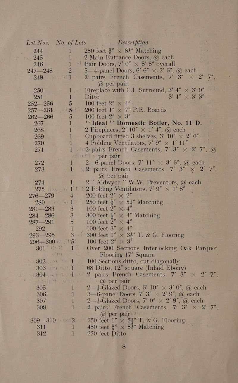 244 w2A5 246 247—248 249 250 251 252—256 257-261: 262—266 267 268 269 270 241 le 273 274 DAA 280 28 1—283 284—-286 287—29] 292 293—295 301 302 304 305 306 307 308 309 311 312 = OK —_ — fee NE ce oe cee a a Soe ST Bowe aIwnwnfe- 250 feet 3”. x .64” Matching 2 Main Entrance Doors, @ each Pair Doors,-7 0 <5’ 5” overall 5—4-panel Doors, 6’ 6 x. 2’ 6, @ each @ per pair Fireplace with C.I. Surround, 3’ 4” « 3’ 0’ Ditto 3° 4” x3! 3% 100 feet 2” x 4” . 200 feet. 1° 3¢ 7° P:E. Boards 100 test: 27 3” ‘* Ideal ’’ Domestic Boiler, No. 11 D. 2 Fireplaces, 2’.10.x 1’ 4”, @ each Cupboard fitted 3 shelves, 3’ 10 x 2' 6” 4 Folding Ventilators, 7° 9 x 1’ 11 per pair French pera pee (@ per pair 2 “‘ Aldwych ’’ W.W. Preventors, @ each x ne ree 200 feet 27x 250 feet 3” x 100 feet 2” % 4” 300 feet 3”. x 4” Matching 100. feet 253 4” x x yan 53” Matching 100 feet 3” x 4” e3t To&amp; Ge Plooring 100 feet 2°Rx 3°. Over 200 Sections Interlocking Oak Parquet Flooring 17” Square 100 Sections ditto, cut diagonally 68 Ditto, 12” square (Inlaid Ebony) 2 pairs Vrencue CasSements; 7S) x: ae @ per pair 3—6-panel Doors, 7’ 3” x 2’ 9”, @ each 2—-}-Glazed Doors) 70 2’ 9” @. each Fi ig a | ee @ per pair: 250 feet 1 5y T, &amp; G. Flooring _ 450 feet 3 x 51 Matching 250 feet Dies i