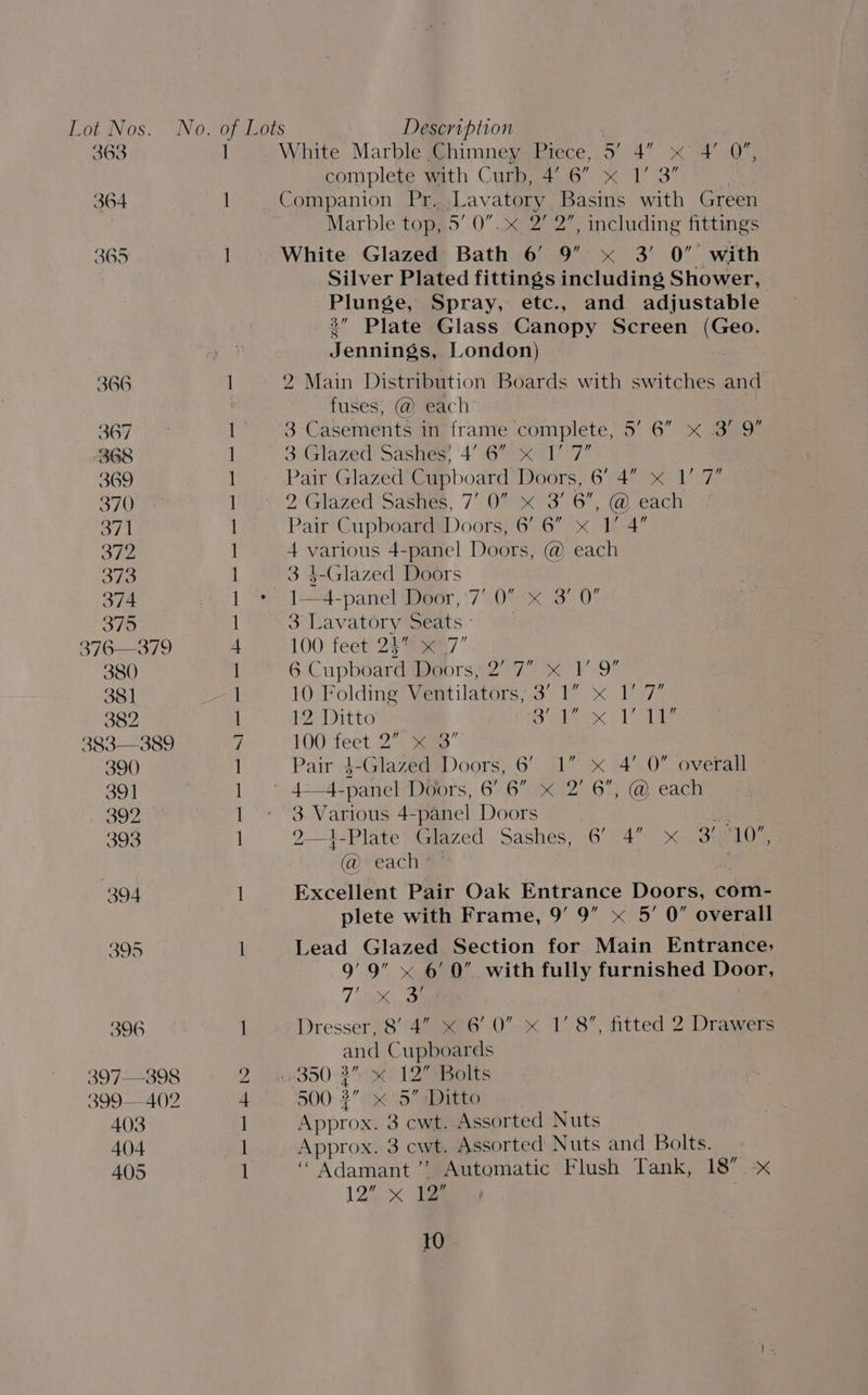 363 364 365 366 367 368 369 370 371 372 373 374 379 376—379 380 381 382 383 390 391 Bhepe 393 389 396 397—398 399— 402 403 404 405 1 I — — eS — LL Po White Marble Chimney Piece, 5’ 4” x 4’ 0’, complete Wath Curpe4 6 x 17 3 . Companion Pr. Lavatory Basins with Green Marble top, 5’ 0”. 2’ 2”, including fittings White Glazed Bath 6’ 9” x 3’ 0” with Silver Plated fittings including Shower, Plunge, Spray, etc., and adjustable 3” Plate Glass Canopy Screen (Geo. Jennings, London) 2 Main Distribution Boards with switches and fuses, @ each 3 ‘Casements in: franre complete, 5’ 6 x Bao” 3) Glazed Sashes 4’ 6% x-4h7 Pair Glazed Cupboard Doors, 6’ 4” « 1’ 7” 2 Glazed Sashes, 7’ 0” « 3’ 6, @ each Pair Cupboard Doors, 6’ 6” x 1’ 4 4 various 4-panel Doors, @ each 3 4-Glazed Doors 1—4-panel Door, 7’ 0” x 3’ 0 3 Lavatory Seats ° 100 feet 24% 37 6.Cupboard Doors, 2’ 7 « 1’ 9 10 Folding Ventilators, 3’ 1” x 1’ 7° 12 Ditto DB aaax fl aaa 100 feet 2433 Pair 4-Glazed Doors, 6’ 1” x 4’ 0” overall 4-panel Doors, 6’ 6” x 2’ 6, @ each 3. Various 4-panel Doors ei 9—1-Plate’ Glazed Sashes, 6° 4 -x_ 32 10%. @reach a , Excellent Pair Oak Entrance Doors, com- plete with Frame, 9’ 9” x 5’ 0” overall Lead Glazed Section for Main Entrance, 9’ 9” =x 6 0” with fully furnished Door, 7 gk ah Dresser, 84” x6’ 0” x 1’ 8’, fitted 2 Drawers and Cupboards 500 2” x5” Ditto Approx. 3 cwt. Assorted Nuts Approx. 3 cwt. Assorted Nuts and Bolts. “ Adamant’? Automatic Flush Tank, 18” x 12% x 12? 2