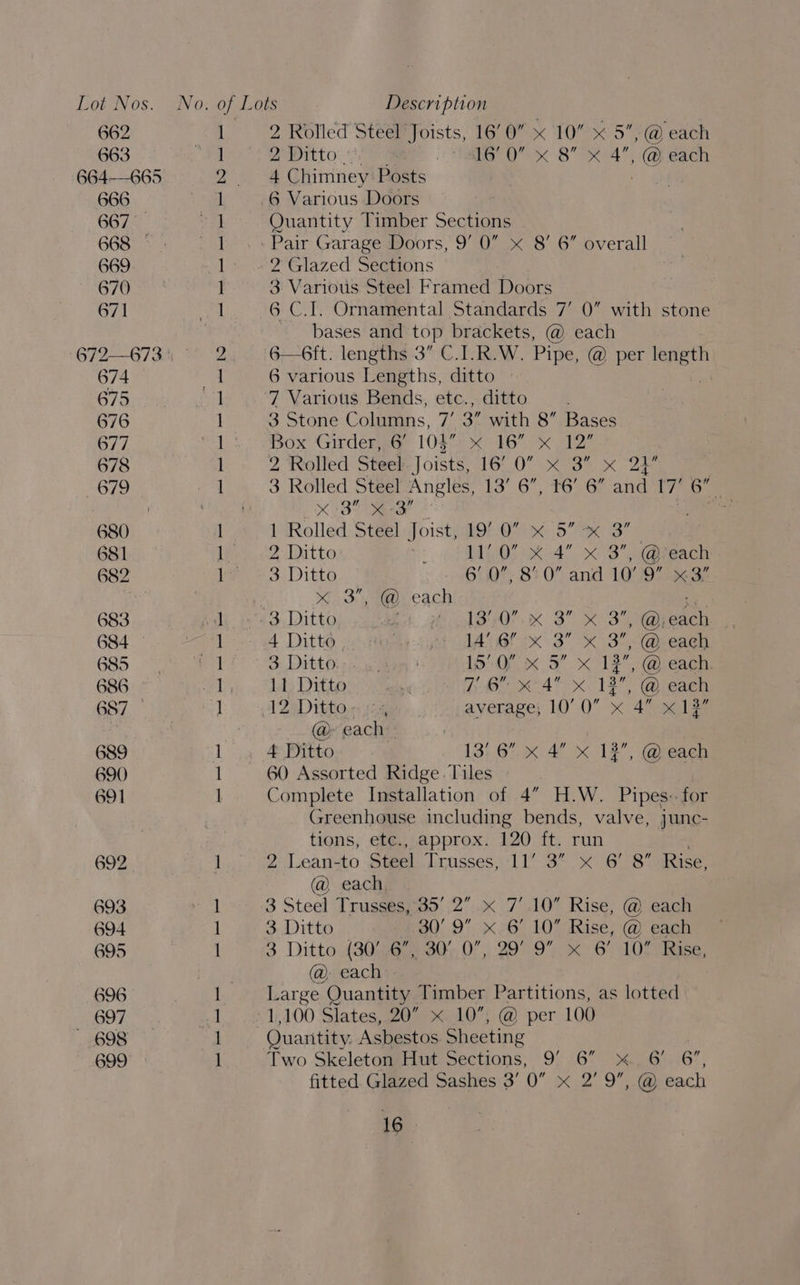 662 663 664—-665 666 667 668 — 669 670 671 674 675 676 677 678 679 680 681 682 683 684 685 686 687 — 689 690 691 2 Rolled’ Steel Joists, 160” « 10” x 5”,@ each 2 mito.) ee. SE Bead 7 Beg 4 Chimney Posts 6 Various Doors Quantity Timber Sections 3 Various Steel Framed Doors 6 C.I. Ornamental Standards 7’ 0” with stone bases and top brackets, @ each 6—6ft. lengths 3” C.I.R.W. Pipe, @, per apie 6 various Lengths, ditto 7 Various Bends, etc., ditto 3 Stone Columns, p5 3” with 8” Bases Box ‘Girderpa 105% x16 x 127 2 Rolled Steet.Joists, 16/0 x 3 x 22° 3 Rolled Steel Angles, 13’ 6”, 16’ 6” and 7 6 5 XB ead Rolled Steel Joists 19% 0” x 5” > 3” 2 Ditto 1! ka x8 reach 3 Ditto 6’ 0”, 8’ 0” and 10’ 9” «3 3, 1 each a 3 Ditto f ABO! 3 K SoD peachs » 4 Ditto | jt JAC! x 3 « 3, @-each 3: Ditton 2 19’0 x 5” x 12”, @ each 11 Ditto Gaye 7 6 Xx’ A XK 13, @ each IZDitto..: 54 average; 10'0” x 4 x 13” @: each | | 4 Ditto 13: 6 x 4 x 12, @ each Complete Installation of 4” H.W. Pipes: for Greenhouse including bends, valve, junc- tions, etc., approx. 120 ft. run 2 Lean-to Steel Trusses, 11’ 3” x 6’ 8” Rise, @ each 3 Steel Trusses, 35’ 2” x 7’ .10” Rise, @ each 3 Ditto 30’ 9” x. 6’ 10” Rise, @ each 3. Ditto 430.46 230, 0, 29° 9 x 6 TOT Ruse, @, each Large : Quantity Timber Partitions, as lotted 1,100 Slates,.20 x. 10; @ per 100 Quantity. Asbestos. Sheeting Two Skeleton Hut Sections, 9’ 6” x 6’ 6’, fitted Glazed Sashes 3’ 0” x 2’ 9”, @ each