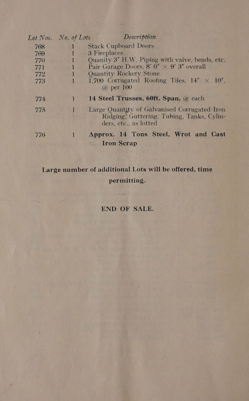 768 769 770 771 772 773 i Stack Cupboard Doors ! 3 Fireplaces i Quanity 3” H.W. Piping with vaive, bends, ete. 1 Pair Garage Doors, 8’ 0” « 9’ 3” overall 1 Quantity Rockery Stone l 1,700 Corrugated Roofing Tiles, 14” x 10’, @ per 100 - 1 14 Steel Trusses, 60ft. Span, @ each | Large Quantjtv of Galvanised Corrugated Iron Ridging; Guttering; Tubing, Tanks, Cylin- ders, etc., as lotted 1 Approx. 14 Tons Steel, Wrot and Cast Iron Scrap permitting. END OF SALE.