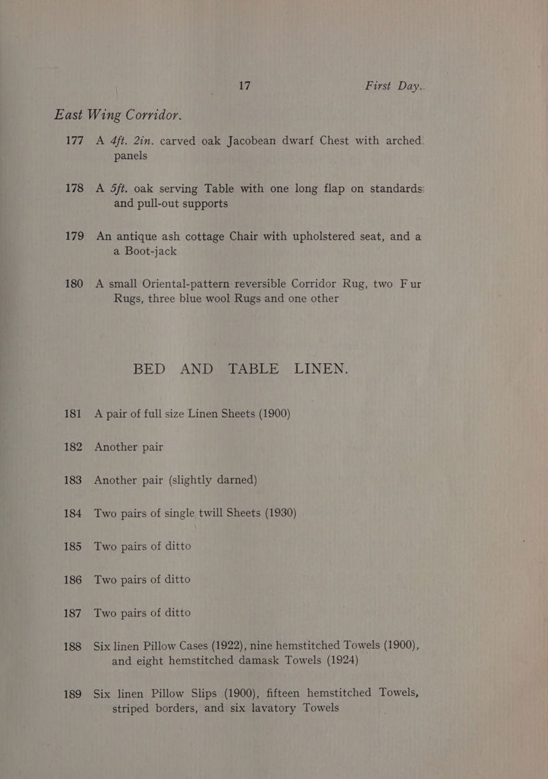 17? 178 179 180 181 182 183 184 185 186 187 188 189 A 4ft. 2in. carved oak Jacobean dwarf Chest with arched. panels A 5ft. oak serving Table with one long flap on standards: and pull-out supports An antique ash cottage Chair with upholstered seat, and a a Boot-jack A small Oriental-pattern reversible Corridor Rug, two Fur Rugs, three blue wool Rugs and one other BED ANDWISGLE LINEN. A pair of full size Linen Sheets (1900) Another pair Another pair (slightly darned) Two pairs of single twill Sheets (1930) Two pairs of ditto Two pairs of ditto Two pairs of ditto Six linen Pillow Cases (1922), nine hemstitched Towels (1900), and eight hemstitched damask Towels (1924) Six linen Pillow Slips (1900), fifteen hemstitched Towels, striped borders, and six lavatory Towels