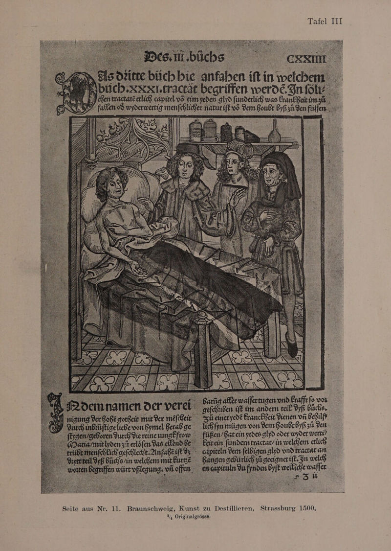 Tafel III aw w Ss . ; j ‘] GREY? fattinss ASH s oS Gariig affer waffertugen wd Eraffefo vos — geGuGen of tir ander teil Vyf Birds. - ie SiRetner'yede EranclHeit Prenen vn BeGilf¥ UWB fyn miigen von Dent GouGe Byfi sit Veit. » fiifien/Baretn yeded glyd oder wyder wertt! Eeitein funderntractat/ in weldjent ethics _ eapitelss Derr felBicgens glyd ond traccat art Gangen geBiirlicG sir geetgnetife. Fn welsh -— encapiculst Du fynden Byft wellide waffer Seite aus Nr. 11, Braunschweig, Kunst zu Destillieren, Strassburg 1500,