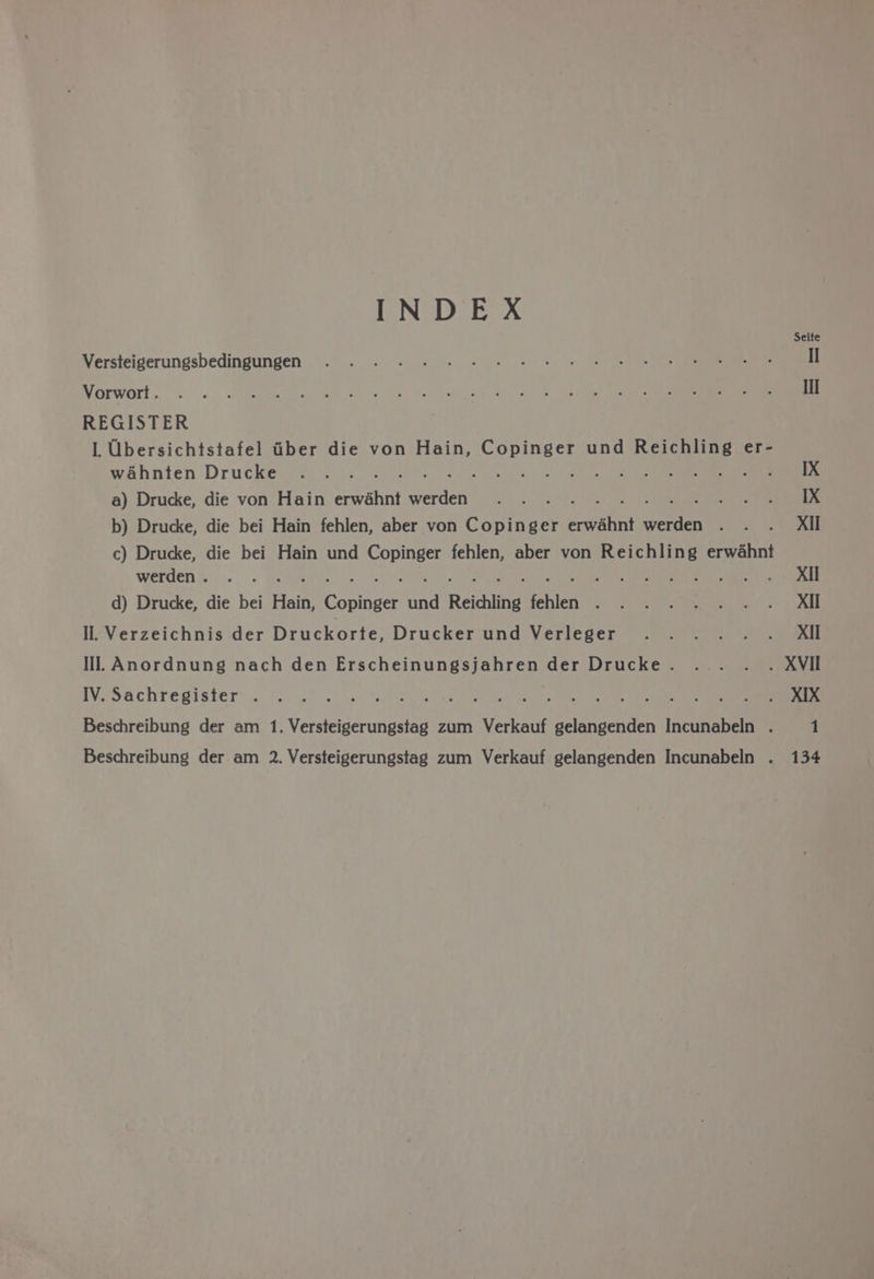 INDEX Seite Versteigerungsbedingungen: ... . =. ss. = ys a» ~ 3 A ee Il Vorwort. . .. eae lan foe a) et a> Baik! Re rr REGISTER I. Ubersichtstafel iber die von Hain, Copinger und Reichling er- w&amp;ahnten Drucke ... . CORSO a a) Drucke, die von Hain ee xhat ones be cn Envek ew ee ahs ee t. b) Drucke, die bei Hain fehlen, aber von Copinger erwaéhnt paves ics Lies c) Drucke, die bei Hain und Copinger fehlen, aber von Reichling erwéhnt werden 4»... co ee d) Drucke, die bei Hain, Copinger und Reichling fehlen . . . . . . . . Xi Il. Verzeichnis der Druckorte, Drucker und Verleger ..... . Xil Ill. Anordnung nach den Erscheinungsjahren der Drucke. ... . . XVIl WVooachregister: 2. S005 2 wd Wik see ek ee Beschreibung der am 1. Versteigerungstag zum Verkauf gelangenden Incunabeln . 1 Beschreibung der am 2. Versteigerungstag zum Verkauf gelangenden Incunabeln . 134