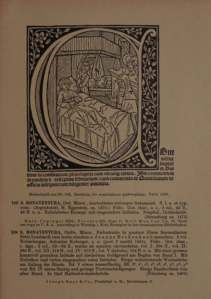 y \ EX Ci) MH age ras oon] SGI LL, tium de confolanione ppuoloppie cuin viriulgs tabula . Ftém commenturs ~ qheundemd oifcipling febolarium :cum commemto in Quintilianum de ffir odifcipulosum:diligenter annotats. Holzschnitt aus Nr. 102. Boethius, De consolatione philosophiae. yon 1500. 108 8. BONAVENTURA, Ord. Minor., Auctoritates utriusque testamenti. S. 1. a. et typ. nom. (Argentorati, H. Eggestein, ca. 1475.) Folio. Got. char., s. s., 2 col., 42 IL, 48 ff. n.n. Rubriziertes Exempl. mit eingemalten Initialen. Pergtbd., Goldschnitt. (Strassburg ca. 1475) Hain-Copinger 3534; Proctor 283, Type 5; Brit. Mus. Cat. I p. 72. fOnly one copy in U.S. A. (according to Winship.) Kein Exemplar in den franzésischen Bibliotheken. 109 8. BONAVENTURA, Ordin. Minor., Perlustratio in quatuor libros Sententiarum Petri Lombardi cum textu eiusdem a Joanne Beckenhaubemendata. 5 vol. Norimbergae, Antonius Koberger, s. a. (post 2 martii 1491). Folio. Got. char., c. sign., 2 col., 63—64 Il., textus ab aparatu circumdatus, vol. I: 204 ff., vol. IT: 260 ff., vol. III: 218 ff., vol. IV: 272 ff., vol. V (tabula): 104 ff.n.n. Mit einer grossen kunstvoll gemalten Initiale auf ciseliertem Goldgrund am Beginn von Band I. Mit Rubriken und vielen eingemalten roten Initialen. Einige unbedeutende Wurmstiche am Anfang der Bande. Bd. V etwas wasserfleckig, Bll. f*, r1, r?, r3, r6, s5, y3, y4, y® von Bd. IV etwas fleckig und geringe Textbeschadigungen. Hinige Randnotizen von alter Hand. In fiinf Halbschweinslederbdn. (Niirnberg ca. 1491)