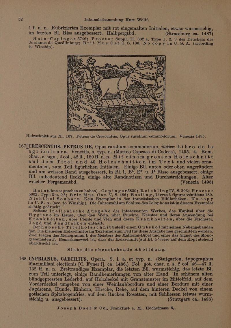 Inkunabelsammlung Kurt Wolff. 1 f.n.n. Rubriziertes Exemplar mit rot eingemalten Initialen, etwas wurmstichig, im letzten Bl. Riss ausgebessert. Halbpergthbd. (Strassburg ca. 1487) Hain-Copinger 5746; Proctor Suppl. II, 632 a, Type 1, 2, 3 des Druckers des Jordanus de Quedlinburg; Brit. Mus. Cat.I, 8.1386. No copy in U.S.A. (according to Winship). —— NN AN XN ROSE i sre Teed TARA AN HN Sovay vet Holzschnitt aus Nr. 167. Petrus de Crescentiis, Opus ruralium commodorum. Venezia 1495. agricultura. Venetiis, s. typ. n. (Matteo Capcasa di Codeca), 1495. 4. Rom. char., c. sign., 2 col., 42 ll., 180 ff.n.n. Mit einem grossen Holzschnitt auf dem Titel und 40 Holzschnitten im Text und vielen orna- mentalen, zum Teil figiirlichen Initialen. Einige Bll. unten oder oben angeraindert und am weissen Rand ausgebessert, in Bl. 1, B®, E%, u. I* Risse ausgebessert, einige Bll. unbedeutend fleckig, einige alte Randnotizen und Durchstreichungen. Alter weicher Pergamenthbd. (Venezia 1495) H ain (ohne es gesehen zu haben) - Cop inger5839; ReichlingIV,S.203; Proctor 5002, Type3 u.9?; Brit.Mus. Cat. V,S. 486; Essling, Livres 4 figures vénitiens 180. Nicht bei Souhart. Kein Exemplar in den franzdsischen Bibliotheken. No cop y in U.S. A. (acc. to Winship). Die Jahreszahl am Schluss des Colophonsist in diesem Exemplar richtig gedruckt. Seltene italienische Ausgabe des interessanten Werkes, das Kapitel iiber die Hygiene im Hause, iiber den Wein, iiber Friichte, Krauter und deren Anwendung bei Krankheiten, tiber Pferde und Vieh und deren Krank heiten, iiber die Fischerei, Jagd und Jagdfalken enthalt. : Derhiibsche Titelholzschnittstellt einen Gutsho f mit seinen Nebengebauden dar. Die kleineren Holzschnitte im Text sind zum Teil fiir diese Ausgabe neu geschnitten worden. Zwei tragen das Monogramm b des Meisters der Mallermi-Bibel und einer das Signet des Mono- grammisten F. Bemerkenswert ist, dass der Holzschnitt ‘auf Bl. G*verso auf dem Kopf stehend abgedruckt ist. Siehe die obenstehende Abbildung. Maximiliani electionis [C. Fyner ?], ca. 1486.) Fol. got. char. c. s. 2 col. 46—47 ll. 132 ff. n. n. Breitrandiges Exemplar, die letzten Bll. wurmstichig, das letzte BI. zum Teil unterlegt, einige Randbemerkungen von alter Hand. In schénem alten blindgepressten Lederbd. auf Holzdeckel mit Granatmuster im Mittelfeld, auf dem Vorderdeckel umgeben von einer Weinlaubbordiire und einer Bordiire mit einer Jagdscene, Hunde, Einhorn, Hirsche, Rehe, auf dem hinteren Deckel von einem gotischen Spitzbogenfries, auf dem Riicken Rosetten, mit Schliessen (etwas wurm- stichig. u. ausgebessert). (Stuttgart ca. 1486)