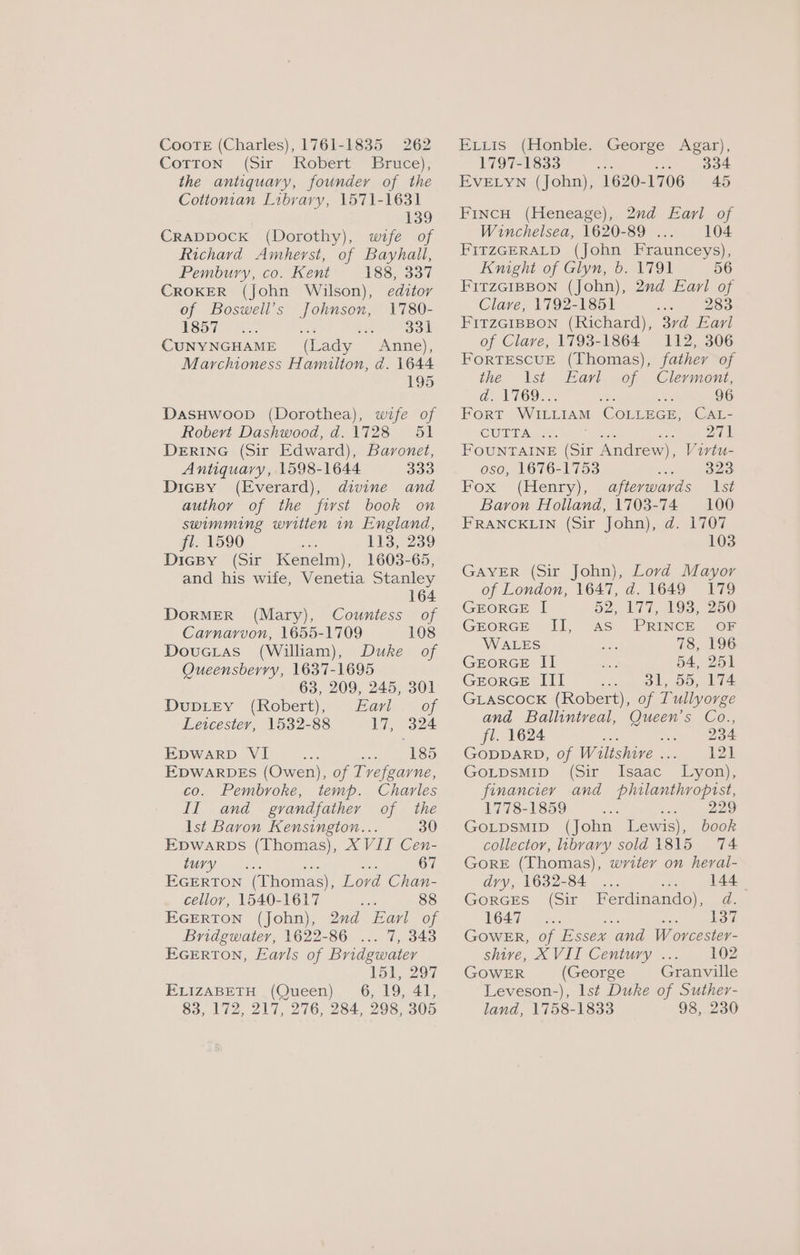 Coote (Charles), 1761-1835 262 Corron (ir Robert) Bruce}; the antiquary, founder of the Cottonian Libvary, 1571-1631 139 Crappock (Dorothy), wife of Richard Amherst, of Bayhall, Pembury, co. Kent 188, 337 CROKER (john Wilson), editor of Boswell’s Johnson, 1780- 1857 ae ie Sal CUNYNGHAME (Lady Anne), Marchioness Hamilton, d. 1644 195 DasHwoop (Dorothea), wife of Robevt Dashwood, d. 1728 51 DERING (Sir Edward), Baronet, Antiquary, 1598-1644 333 Diepy (Everard), divine and author of the first book on swimming written in England, fl. 1590 113, 239 DicBy (Sir Kenelm), 1603-65, and his wife, Venetia Stanley 164 DoRMER (Mary), Countess of Carnarvon, 1655-1709 108 Doucias (William), Duke of Queensberry, 1637-1695 63, 209, 245, 301 DupLtey (Kobert), dav. of Leicester, 1532-88 Lie a2 Epwarp VI 185 EDWARDES (Owen), of Trefgarne, co. Pembroke, temp. Charles II and gvandfather of the lst Baron Kensington... 30 Epwarpbs (Thomas), X VII Cen- tury... ie 67 EGERTON (Thomas), Lord Chan- cellor, 1540-1617 soi 88 EGERTON (John), 2d Earl of Bridgwater, 1622-86 ... 7, 343 EGERTON, Earls of Bridgwater 151, 297 6, 19, 41, 284, 298, 305 ELIZABETH (Queen) 83, 172, 217, 276, Erris (Honble. George Agar), 1797-1833 aoe ... 334 EVELYN (John), 1620-1706 45 FIncH (Heneage), 2nd Earl of Winchelsea, 1620-89 . 104 FITZGERALD (John Fraunceys), Knight of Glyn, b. 1791 56 FITZGIBBON (John), 2nd Earl of Clave, 1792-1851 283 FITZGIBBON (Richard), 37d Earl of Clave, 1793-1864 112, 306 FORTESCUE (Thomas), father of the Ast Earl of Clermont, G@ N69. -. a Be 96 Fort WILLIAM COLLEGE, CAL- CULT ALS. te Pree ep ail! FOUNTAINE (Sir Andrew), Vivtu- oso, 1676-1753 323 Fox (Henry), afterwards Ist Baron Holland, 1703-74 100 FRANCKLIN (Sir John), d. 1707 103 GAYER (Sir John), Lord Mayor of London, 1647, d. 1649 179 GEORGE I[ D2, ATT, 193; Zoo GEORGE II, AS PRINCE OF WALES oot 78, 196 GEORGE II a4, Zor GEORGE III 31, 55, 174 GLASCOCK (Robert), of Tullyorge and Ballintreal, Queen’s Co., fl. 1624 ae i aoe GODDARD, of Wiltshive ... 121 GOLDSMID (Sir Isaac Lyon), financier and philanthropist, 1778-1859 se ee GoLDSMID (John Lewis), book collector, labvarvy sold 1815 74 GorRE (Thomas), writey on heral- dry, 1632-84 3 144 GorGces (Sir Ferdinando), d. 1647 137 GowER, of Essex ‘and W orcester- shive, XVII Century . 102 GOWER (George Granville Leveson-), lst Duke of Suther- land, 1758-1833 98, 230