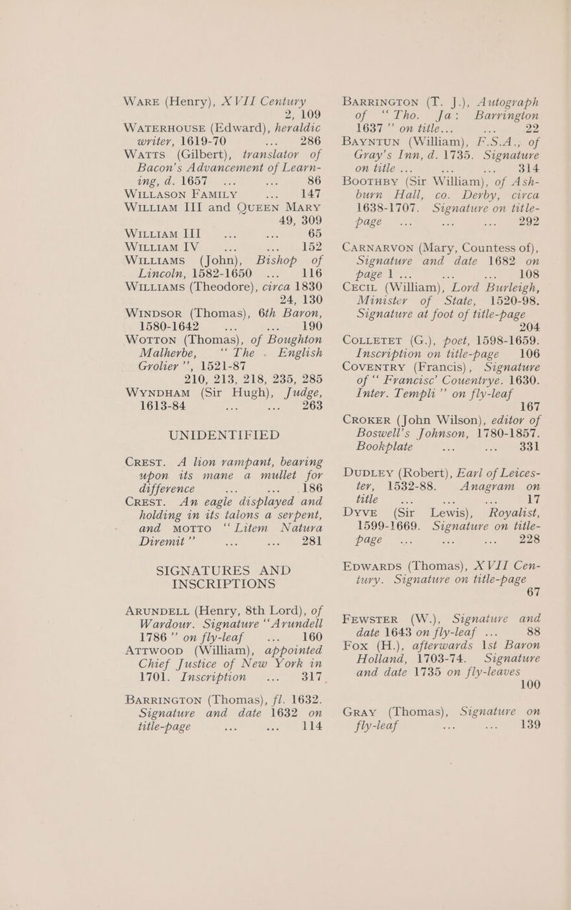 2, 109 WATERHOUSE (Edward), heraldic writer, 1619-70 286 Watts (Gilbert), tvanslator of Bacon’s Advancement of Learn- ING, LOOT.) a Ar 86 WILLASON FAMILY 147 WiiiaM III and QUEEN Mary 49, 309 WIiLuiaM III a che 65 WILLIAM IV ae sis 152 WiLiiamMs (John), Bishop of Lincoln, 1582-1650 116 Wi.iaMs (Theodore), civca 1830 24, 130 WINpbsorR (Thomas), 6¢2 Baron, 1580-1642 eee eA Wotton (Thomas), of Boughton Matherbe, “The . English Grolier ’’, 1521-87 210, 213, 218, 235, 285 WynpDuHAM (Sir Hugh), Judge, 1613-84 Berne 41553 UNIDENTIFIED Crest. A lion rampant, bearing upon its mane a mullet for difference : sce ah OO Crest. An eagle ‘displayed and holding in its talons a serpent, and motto “Litem Natura Diremit ”’ 281 SIGNATURES AND INSCRIPTIONS ARUNDELL (Henry, 8th Lord), of Wardour. Signature “ Arundell 1786 ”’ on fly-leaf 160 Attwoop (William), appointed Chief Justice of New York in 1701. Inscription BARRINGTON (Thomas), f/. 1632. Signature and date 1632 on title-page 114 of “‘Tho. Ja: Barrington 1637 ” on ttle... a 22 Bayntun (William), F.S.A.,;. of Gray’s Inn, d. 1735. Signature on iule... . 314 BootTusBy (Sir William) , Of ASh- burn Hall, co. Derby. clyca 1638-1707. Signature on title- page 292 CARNARVON (Mary, Countess of), Signature and date 1682 on pagel. soaq 2 LOS CECIL (William), ‘Lord Burleigh, Minister of State, 1520-98. Signature at foot of title-page 204 COLLETET (G.), poet, 1598-1659. Inscription on title-page 106 COVENTRY (Francis), Signature of ** Francisc’ Couentrye. 1630. Inter. Templi’’ on fly-leaf 167 CROKER (John Wilson), editor of Boswell’s Johnson, 1780-1857. Bookplate 331 DUDLEy (Robert), Earl of Letces- tev, 1532-88. Anagram on VHC. Forme a “ 17 Dyve (Sir Lewis), ‘Royalist, 1599-1669. sels on title- page ; os. | ae Epwarps (Thomas), X VII Cen- tury. Signature on title-page 67 FEWSTER (W.), Signature and date 1643 on fly-leaf ... 88 Fox (H.), afterwards 1st Baron Holland, 1703-74. Signature and date 1735 on fly-leaves 100 Gray (Thomas), fly-leaf Signature on 139