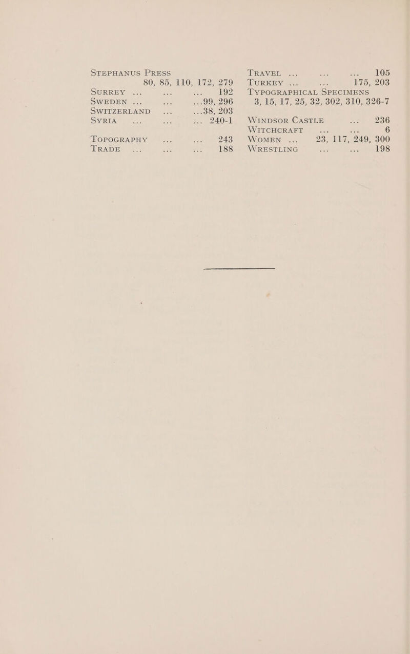 SURREY SWEDEN ... SWITZERLAND SYRIA TOPOGRAPHY TRADE 192 240-1 243 188 TRAVEE a sh 105 TURKEY 3 a 175, 203 TYPOGRAPHICAL SPECIMENS 3, 15,17, 25, 32,302,310; 326-7 WINDSOR CASTLE hae 236 WITCHCRAFT ae cx; 6 WOMEN ... 23 Adz 249° 300 WRESTLING ee Sete 198