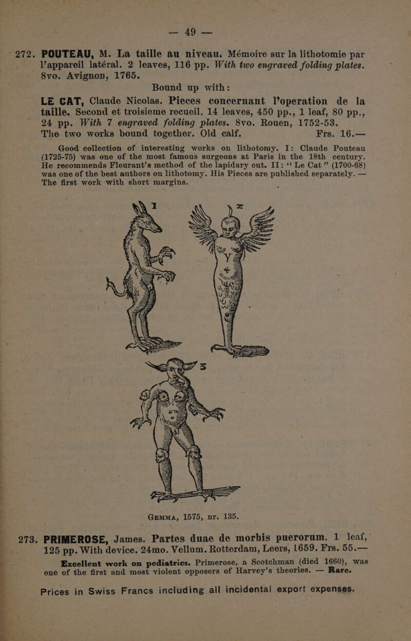 272. POUTEAU, M. La taille au niveau. Mémoire sur la lithotomie par __Vappareil latéral. 2 leaves, 116 pp. With two engraved folding plates. 8vo. Avignon, 1765. Bound up with: LE GAT, Claude Nicolas. Pieces concernant Voperation de la taille. Second et troisieme recueil. 14 leaves, 450 pp., 1 leaf, 80 pp., 24 pp. With 7 engraved folding plates. 8vo. Rouen, 1752-53. The two works bound together. Old calf. Frs. 16.— Good collection of interesting works on lithotomy. I: Claude Pouteau (1725-75) was one of the most famous surgeons at Paris in the 18th century. He recommends Fleurant’s method of the lapidary cut. II: ‘‘ Le Cat ” (1700-68) was one of the best authors on lithotomy. His Pieces are published separately. — The first work with short margins. _ 273. PRIMEROSE, James. Partes duae de morbis puerorum. 1 leaf,’ 125 pp. With device. 24mo. Vellum. Rotterdam, Leers, 1659. Frs. 55.— Excellent work on pediatrics. Primerose, a Scotchman (died 1660), was one of the first and most violent opposers of Harvey’s theories. — Rare.