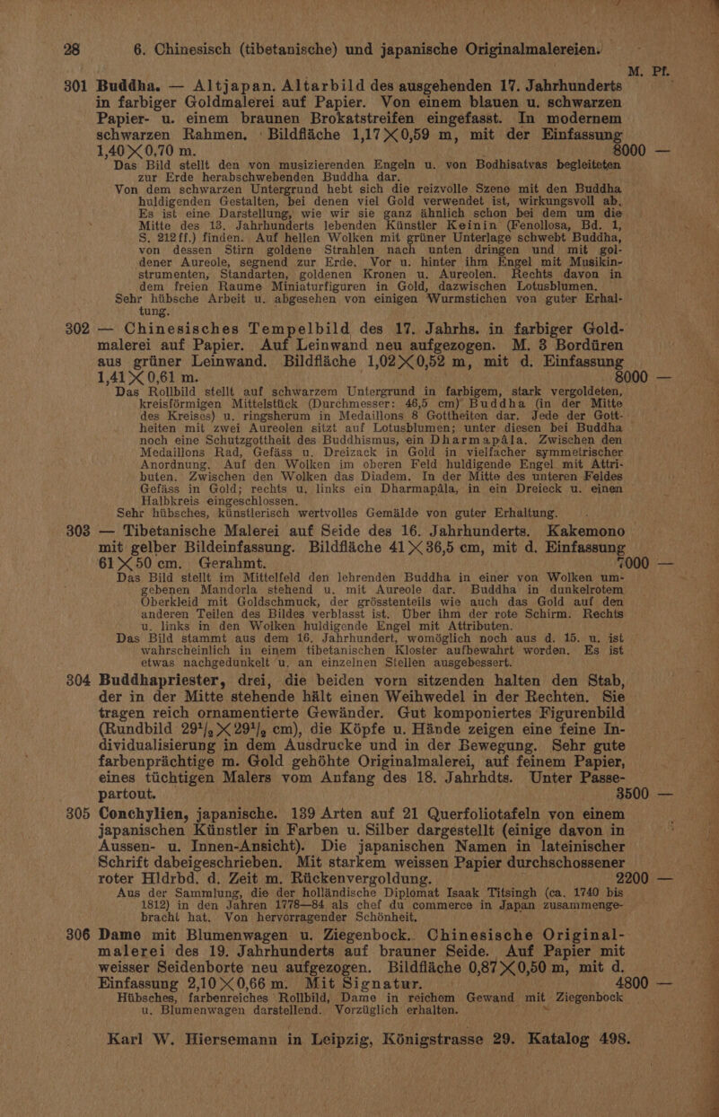 M. Pls 301 Buddha. — Altjapan. Altarbild des ausgehenden 17. Jahrhunderts in farbiger Goldmalerei auf Papier. Von emem blauen u. schwarzen Papier- u. einem braunen Brokatstreifen eingefasst. In modernem schwarzen Rahmen, : Bildfliche 1 17X0, 59 m, mit der Einfassung 1,40&gt;0,70 m. 8000 — Das Bild stellt den von musizierenden Engeln u. von Bodhisatvas begleiteten zur Erde herabschwebenden Buddha dar. Von dem schwarzen Untergrund hebt sich die reizvolle Szene mit den Buddha huldigenden Gestalten, bei denen viel Gold verwendet ist, wirkungsvoll ab, Es ist eine Darstellung, wie wir sie ganz ahnlich schon bei dem um die Mitte des 13. Jahrhunderts lebenden Kiinstler Keinin’ (Fenollosa, Bd. 1, Sn, Su arett) finden. Auf hellen Wolken mit griiner Unterlage schwebt Buddha, von dessen Stirn goldene Strahlen nach unten dringen und mit gol- dener Aureole, segnend zur Erde. Vor u. hinter ihm Engel mit Musikin- strumenten, Standarten, goldenen Kronen u. Aureolen. Rechts davon in dem freien Raume Miniaturfiguren in Gold, dazwischen Lotusblumen. Sehr hiibsche Arbeit u. abgesehen von einigen Wurmstichen yon guter Erhal- tung. 302 — Chinesisches Tempelbild des 17. Jahrhs. in farbiger Gold- malerei auf Papier. Auf Leinwand neu aufgezogen. M. 3 Bordiiren aus griiner Leinwand. Bildfliche 1 02X90, 52m, mit d. Einfassung 1,41 0,61 m. 8000 — Das Rollbild stellt auf schwarzem Untergrund in farbigem, stark vergoldeten, kreisférmigen Mittelstitick (Durchmesser: 46,5 em) Buddha (in der Mitte des Kreises) u. ringsherum in Medaillons 8 Gottheiten dar. Jede der Gott- heiten mit zwei Aureolen sitzt auf Lotusblumen; unter diesen bei Buddha _ noch eine Schutzgottheit des Buddhismus, ein Dharm apdla. Zwischen den Medaillons Rad, Gefass u. Dreizack in Gold in vielfacher symmetrischer Anordnung. Auf den Wolken im oberen Feld huldigende Engel. mit Attri- buten. Zwischen den Wolken das Diadem. In der Mitte des unteren Feldes Gefass in Gold; rechts u. links ein Dharmapala, in ein Dreieck u. einen ~ Halbkreis eingeschlossen. Sehr hiibsches, kiinstlerisch wertvolles Gemalde von guter Erhaltung. 303 — Tibetanische Malerei auf Seide des 16. Jahrhunderts. Kakemono mit gelber Bildeinfassung. Bildfliche 41&gt; 36,5 cm, mit d. Einfassung “4 61X50 em. Gerahmt. 7000 — Das Bild stellt im Mittelfeld den lehrenden Buddha in einer von Wolken um- gebenen Mandorla stehend u. mit Aureole dar. Buddha in dunkelrotem Oberkleid mit Goldschmuck, der grésstenteils wie auch das Gold auf den anderen Teilen des Bildes verblasst ist. Uber ihm der rote Schirm. Rechts u. links in den Wolken huldigende Engel mit Attributen. Das Bild stammt aus dem 16, Jahrhundert, womédglich noch aus d. 15. u. ist wahrscheinlich in einem tibetanischen Kloster aufbewahrt worden. Es ist etwas nachgedunkelt u. an einzelnen Stellen ausgebessert. 304 Buddhapriester, drei, die beiden vorn sitzenden halten den Stab, der in der Mitte stehende halt einen Weihwedel in der Rechten. Sie tragen reich ornamentierte Gewinder. Gut komponiertes Figurenbild (Rundbild 297/,&lt; 297/, cm), die Képfe u. Hinde zeigen eine feine In- Be dividualisierung in dem Ausdrucke und in der Bewegung. Sehr gute : farbenprichtige m. Gold gehéhte Originalmalerei, auf feinem Papier, oe ae eines tiichtigen Malers vom Anfang des 18. Jahrhdts. Unter Passe- a partout. 2 SHROUD oom ag 305 Conchylien, japanische. 139 Arten auf 21 Querfoliotafeln von einem : japanischen Kiinstler in Farben u. Silber dargestellt (einige davon in Aussen- u. Innen-Ansicht). Die japanischen Namen in lateinischer Schrift dabeigeschrieben. Mit starkem weissen Papier durchschossener roter Hidrbd. d. Zeit m. Riickenvergoldung. 2200 — Aus der Sammlung, die der hollindische Diplomat Isaak Titsingh (ca, 1740 bis 1812) in den Jahren 1778—84 als chef du commerce in Japan zusammenge- bracht hat. Von hervorragender Schénheit. 306 Dame mit Blumenwagen u. Ziegenbock.. Chinesische Original- malerei des 19, Jahrhunderts auf brauner Seide. Auf Papier mit weisser Seidenborte neu aufgezogen. Bildflache 0,870,50 m, mit d. Einfassung 2,100,66m. Mit Signatur. | 4800 — Hiibsches, farbenreiches | Rollbild, Dame in reichem Gewand mit ” Ziegenbock u, Blumenwagen darstellend. Vorziiglich erhalten. &gt; oS ee Se es Sa 2 CR SST