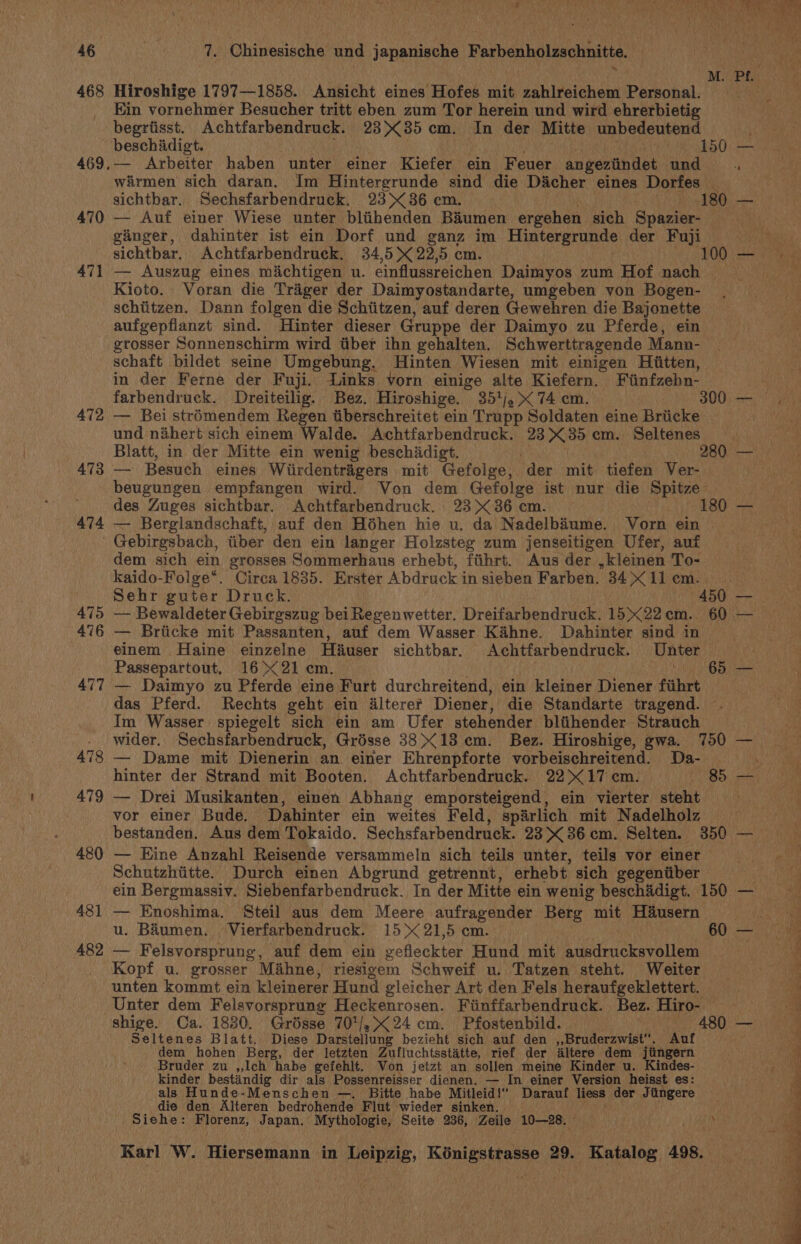| ; MUP Ee cone 468 Hiroshige 1797—1858. Ansicht eines Hofes mit zahlreichem Personal. oe . Ein vornehmer Besucher tritt eben zum Tor herein und wird ehrerbietig begrtisst. Achtfarbendruck. 23X85 cm. In der Mitte unbedeutend beschidigt. 150) 469.— Arbeiter haben unter einer Rieter ein Feuer angeziindet und wirmen sich daran. Im Hintergrunde sind die Diacher eines Dorfes  sichtbar. Sechsfarbendruck. 23&gt; 36 cm. 180 — 470 — Auf einer Wiese unter bliihenden Baumen ergehen sich Spazier- a ed ginger, dahinter ist ein Dorf und ganz im Hintergrunde der Fuji Pui sichtbar. Achtfarbendruck. 34,5 22,5 cm. 100 — — 471 — Auszug eines michtigen u. einflussreichen Daimyos zum Hof nach _ theca Kioto. Voran die Traiger der Daimyostandarte, umgeben von Bogen- schiitzen. Dann folgen die Schtitzen, auf deren Gewehren die Bajonette aufgepflanzt sind. Hinter dieser Gruppe der Daimyo zu Pferde, ein grosser Sonnenschirm wird tibet ihn gehalten. Schwerttragende Mann- schaft bildet seine Umgebung. Hinten Wiesen mit einigen Hiitten, in der Ferne der Fuji. Links vorn einige alte Kiefern. Fiinfzebn- ii farbendruck. Dreiteilig. Bez. Hiroshige. 35*/, 74 cm. 300.) y 472 — Bei str6mendem Regen itiberschreitet ein Trupp Soldaten eine Briicke . und nihert sich einem Walde. Achtfarbendruck. 23 X35 cm. Seltenes Blatt, in der Mitte ein wenig beschidigt. | 280 — 473 — Besuch eines Wiirdentragers mit Gefolge, der mit tiefen Ver-— beugungen empfangen wird. Von dem Gefolge ist nur die Spitze aa des Zuges sichtbar. Achtfarbendruck. 23&gt; 36 cm. 180 — 474 — Berglandschaft, auf den Héhen hie u. da Nadelbiume. Vorn ein | Gebirgsbach, tiber den ein langer Holzsteg zum jenseitigen Ufer, auf dem sich ein grosses Sommerhaus erhebt, fiihrt. Aus der ,kleinen To- kaido-Folge*. Circa 1835. Erster Abdruck i in sieben Farben. 34&gt; 11 cm. : Sehr guter Druck. 450 — 475 — Bewaldeter Gebirgszug bei Regenwetter. Dreifarbendruck. 15X22em. 60 — 476 — Briicke mit Passanten, auf dem Wasser Kahne. Dahinter sind in einem Haine einzelne Hauser sichtbar. Achtfarbendruck. Unter - Passepartout, 16&gt;&lt;21 em. ‘69, = 477 — Daimyo zu Pferde eine Furt durchreitend, ein kleiner Diener fiihrt das Pferd. Rechts geht ein Alterer Diener, die Standarte tragend. Im Wasser spiegelt sich ein am Ufer stehender bliihender Strauch | . wider. Sechsfarbendruck, Grésse 3813 em. Bez. Hiroshige, gwa. 750 — 478 — Dame mit Dienerin an. einer Ehrenpforte vorbeischreitend. Da- \ hinter der Strand mit Booten. Achtfarbendruck. 22X17 em. . 85 — 479 — Drei Musikanten, einen Abhang emporsteigend, ein vierter steht vor einer Bude. Dahinter ein weites Feld, sparlich mit Nadelholz en bestanden. Aus dem Tokaido. Sechsfarbendruck. 23 X 36 cm. Selten. 350 — 480 — Eine Anzahl Reisende versammeln sich teils unter, teils vor einer bia Oe i Schutzhiitte. Durch einen Abgrund getrennt, erhebt. sich gegentiber me ein Bergmassiv. Siebenfarbendruck. In der Mitte ein wenig beschadigt. 150 — 481 — Enoshima. Steil aus dem Meere aufragender Berg mit Haiusern u. Baiumen. . Vierfarbendruck. 15&gt; 21,5 cm. 60 — 482 — Felsvorsprung, auf dem ein gefieckter Hund mit ausdrucksvollem Kopf u. grosser Mahne, riesigem Schweif u. Tatzen steht. Weiter unten kommt ein kleinerer Hund gleicher Art den Fels heraufgeklettert. Unter dem Felsvorsprung Heckenrosen. Fiinffarbendruck. Bez. Hiro: i shige. Ca. 1830. Grodsse 70*/,&lt;24 cm. Pfostenbild. 480 — Seltenes Blatt. Diese Darstellung bezieht sich auf den ,,Bruderzwist. Aut dem hohen Berg, der letzten Zufluchtsstatte, rief der ‘Ailtere dem jtingern Bruder zu ,,Ich “habe gefehlt. Von jetzt an sollen meine Kinder u. Kindes- kinder bestaindig dir als Possenreisser dienen. — In einer Version heisst es: als Hunde-Menschen —. Bitte habe Mitleid! Darauf liess der Jiingere die den Alteren bedrohende Flut wieder sinken. Siehe: Florenz, Japan. Mythologie, Seite 236, Zeile 10—28. » '